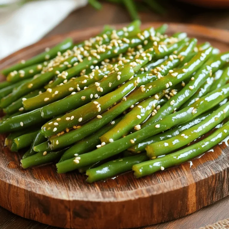 - 1 pound fresh green beans, trimmed - 3 tablespoons honey - 2 tablespoons soy sauce - 3 cloves garlic, minced - 1 tablespoon olive oil - 1 teaspoon sesame oil - Salt and pepper to taste - Toasted sesame seeds To make honey garlic green beans, you need fresh green beans. Start with ripe, crisp beans for the best taste. Honey brings sweetness and depth. Soy sauce adds saltiness and umami. Garlic gives a strong flavor that ties it all together. Olive oil helps with sautéing and adds richness. Sesame oil adds a nutty touch. Finally, salt and pepper enhance all the flavors. If you want to elevate your dish, consider using toasted sesame seeds. They add a nice crunch and nutty flavor. This combination of ingredients makes the dish sweet and savory, perfect for any meal. 1. First, fill a pot with water and add a good amount of salt. 2. Bring the salted water to a boil. 3. Once it's boiling, add in the fresh green beans. 4. Cook them for about 2-3 minutes. They should be bright green and crisp-tender. 5. Next, prepare a bowl of ice water while the beans cook. 6. Drain the beans and plunge them into the ice water. 7. This ice bath stops the cooking and keeps them crunchy. 8. After a few minutes, drain the beans again and set them aside. 1. In a small bowl, gather your sauce ingredients: honey, soy sauce, minced garlic, olive oil, and sesame oil. 2. Use a whisk to combine everything. 3. Whisk until the mixture is smooth and well blended. 1. Heat a large skillet over medium heat. 2. Add a splash of olive oil to the pan. 3. Once the oil is hot, add the blanched green beans. 4. Sauté for 3-4 minutes. Watch them closely as they turn golden. 1. Pour the honey garlic sauce over the green beans. 2. Toss the beans well to coat them evenly. 3. Let them cook for an extra 2-3 minutes. This helps the sauce thicken a bit. 1. Taste the green beans and adjust with salt and pepper as needed. 2. Remove the skillet from heat. 3. Transfer the green beans to a serving platter. 4. If you want, sprinkle some toasted sesame seeds on top for extra crunch. When picking green beans, look for bright colors. They should be firm and snap easily. If they look dull or limp, skip them. You can choose from several types, like the classic French green beans or the thicker, crunchy ones called haricots verts. Each has its charm, but they all taste great in this dish. You can adjust the sauce to your taste. If you like it sweeter, add more honey. For saltiness, add a touch more soy sauce. You can swap soy sauce with coconut aminos for a gluten-free option. If you want a kick, toss in some red pepper flakes. You can cook the beans on the stovetop or in the oven. Stovetop is quick and easy, while oven roasting gives a different flavor. Watch the beans closely to avoid overcooking; you want them crisp, not mushy. If you overcook them, they lose their bright color and crunch. {{image_2}} You can add protein to honey garlic green beans. Chicken or tofu work well. Simply cook the protein first. Then, toss it with the green beans and sauce. This makes a complete meal. You can also mix in other vegetables. Try bell peppers, carrots, or snap peas. They add color and crunch. Just sauté them with the green beans for a few minutes. Different types of honey can change the flavor. Try clover honey for a mild taste. Or go for wildflower honey for a richer flavor. Each honey brings its own unique sweetness. Adding spices can give the dish some heat. Red pepper flakes or a dash of chili powder work great. Start with a small amount, then taste. You can always add more! Honey garlic green beans pair well with many main dishes. Serve them alongside grilled chicken or baked salmon. They also complement rice or quinoa nicely. These green beans are perfect for meal prep. Cook a big batch and store them in the fridge. They taste great reheated and save time during busy weeks. To keep your honey garlic green beans fresh, let them cool first. Then, store them in a container. Use an airtight container to prevent moisture loss. This helps keep them tasty and crisp. You can store them in the fridge for up to 3 days. If you want to enjoy them later, make sure they are completely cooled before sealing the container. If you want to freeze the green beans, prepare them as usual. Place the cooled green beans in a freezer-safe bag. Remove as much air as possible before sealing. This helps prevent freezer burn. You can freeze them for up to 3 months. To thaw, move the bag to the fridge overnight. For a quick method, place the bag in cold water for a few hours. When ready to eat, reheat them in a skillet over medium heat. Add a splash of olive oil if they seem dry. Heat until warmed through, about 5 minutes. Enjoy your delicious green beans! To make honey garlic green beans, follow these simple steps: 1. Blanch the Green Beans: Bring a pot of salted water to a boil. Add 1 pound of trimmed fresh green beans and cook for 2-3 minutes. They should look bright green and feel crisp-tender. Quickly drain and plunge them into ice water to stop cooking. Drain again and set aside. 2. Prepare the Sauce: In a small bowl, whisk together 3 tablespoons of honey, 2 tablespoons of soy sauce, 3 minced garlic cloves, 1 tablespoon of olive oil, and 1 teaspoon of sesame oil. Mix until well combined. 3. Sauté the Beans: Heat a splash of olive oil in a large skillet over medium heat. Add the blanched green beans and sauté for about 3-4 minutes. They should start to turn golden. 4. Add the Sauce: Pour the honey garlic sauce over the beans. Toss to coat evenly and cook for an additional 2-3 minutes, allowing the sauce to thicken slightly. 5. Season and Serve: Taste the beans and season with salt and pepper. Transfer them to a platter and, if you want, sprinkle toasted sesame seeds on top. Yes, you can use frozen green beans, but there are some tips to keep in mind. - Thaw First: Thaw the green beans before using. This helps avoid excess water in the dish. - Cooking Time: Frozen beans may need extra cooking time compared to fresh ones. Sauté them longer to ensure they heat through and get tender. - Texture: Fresh green beans have a crisper texture, while frozen beans can be softer. Adjust your cooking to match your texture preference. Making honey garlic sauce is easy. Here’s a breakdown of the necessary components: - Honey: Use 3 tablespoons for sweetness. - Soy Sauce: Add 2 tablespoons for saltiness and depth. - Garlic: Use 3 minced cloves for flavor. - Olive Oil: 1 tablespoon adds richness. - Sesame Oil: 1 teaspoon provides a nutty note. Combine all these ingredients in a small bowl. Whisk them together until the mixture is smooth and well blended. Honey garlic green beans work great with many side dishes. Here are some recommendations: - Rice Dishes: Serve with jasmine or brown rice for a filling meal. - Grain Salads: Quinoa or farro salads add texture and nutrition. - Protein Options: Pair with grilled chicken, tofu, or shrimp for a balanced plate. - Other Vegetables: Roasted carrots or sautéed mushrooms complement the flavors well. These sides enhance the meal and create a vibrant dinner experience. In this blog post, we explored how to make honey garlic green beans from scratch. We covered fresh ingredients like green beans, honey, and garlic, along with easy cooking steps and tips for success. I shared ideas for variations and how to store leftovers. This dish is not just tasty; it’s versatile too. Enjoy experimenting with flavors and sharing this dish with your loved ones. Try it today, and enjoy a simple, healthy meal!