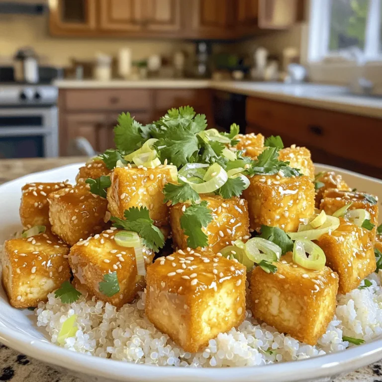 To make Better-Than-Takeout Lemon Sesame Tofu, you need: - 14 oz firm tofu, drained and pressed - 1/4 cup cornstarch - 3 tablespoons sesame oil - 1/4 cup soy sauce (or tamari for gluten-free) - 1/4 cup freshly squeezed lemon juice - 2 tablespoons honey or agave syrup - 2 cloves garlic, minced - 1 inch piece of ginger, grated - 1 tablespoon sesame seeds - 3 green onions, chopped - Steamed rice or quinoa, for serving - Fresh cilantro, for garnish These fresh ingredients bring a bright and tasty flavor. The tofu gives protein, while lemon adds a zesty touch. The sesame oil brings a warm, nutty flavor that rounds out the dish. If you're following a different diet, you can adjust the recipe. For a gluten-free option, use tamari instead of soy sauce. If you want a vegan dish, swap honey for agave syrup. You can also use other oils, like olive or avocado oil, in place of sesame oil. Garnishes can elevate your dish. Consider adding: - Chopped fresh cilantro - Sliced red chili for heat - Extra sesame seeds for crunch These garnishes not only add color but also enhance the flavor. You can mix and match based on what you like or have at home. Enjoy making this meal your own! Start by draining the tofu. Press it gently to remove excess water. This helps the tofu absorb flavors better. Cut the pressed tofu into 1-inch cubes. Use a paper towel to pat the cubes dry. This step ensures they crisp up nicely when cooked. Heat 2 tablespoons of sesame oil in a large skillet over medium heat. Once the oil is hot, add the tofu cubes in a single layer. Let them cook for about 5-7 minutes. Turn them occasionally to get all sides golden brown and crispy. This step is key for that delightful crunch. In a small bowl, whisk together the soy sauce, lemon juice, honey or agave syrup, minced garlic, and grated ginger. This sauce gives the tofu its amazing flavor. Once the tofu is crispy, pour the sauce over it in the skillet. Stir gently to coat the tofu evenly. Cook for an additional 2-3 minutes. This allows the sauce to thicken slightly and soak into the tofu. Finally, sprinkle sesame seeds over the tofu and toss to mix. Your lemon sesame tofu is now ready to serve! To make your tofu extra crispy, start with firm tofu. Press the tofu to remove moisture. Cut it into 1-inch cubes. Toss the cubes in cornstarch. This coating helps create that crunch. Heat sesame oil in a hot skillet. Cook the tofu in a single layer. Turn the cubes as they cook. This will help them get golden all over. To keep leftovers fresh, let the tofu cool first. Place it in an airtight container. Store it in the fridge for up to three days. For best taste, eat it within two days. If you want to save it longer, freeze it. Just remember, freezing may change the texture. Serve your lemon sesame tofu over steamed rice or quinoa. Add a side of steamed vegetables for a colorful plate. Top with chopped green onions and fresh cilantro for flavor. This adds a bright finish to your meal. You can also serve it with a simple salad or soup for a fuller dinner. {{image_2}} If you need a gluten-free meal, tamari is your friend. Tamari works just like soy sauce but is made without wheat. You can find it in most grocery stores. Just swap the soy sauce for tamari in your recipe. This will keep all the great flavors intact and make it safe for gluten-free diets. For a vegan twist, I suggest using agave syrup instead of honey. Agave is a plant-based sweetener that adds a nice touch to your sauce. It mixes well with lemon juice and garlic, just like honey does. This way, you can enjoy the same taste while sticking to your vegan choices. Want to boost the health factor? Add some veggies! Broccoli, bell peppers, or snap peas work great. Just chop them up and toss them in with the tofu. Cook them for a few minutes before adding the sauce. This way, you'll add color and nutrients to your meal. Plus, it makes your dish even more delicious! To store leftover lemon sesame tofu, let it cool to room temperature. Then, place it in an airtight container. This keeps the tofu fresh and tasty. Store it in the fridge for up to three days. If you have sauce left, keep it in a separate container. This helps maintain the tofu's texture. To reheat the tofu and keep it crispy, use a skillet. Heat a small amount of sesame oil over medium heat. Add the tofu cubes and cook for about 3-4 minutes. Turn the tofu gently to warm it evenly. Avoid using the microwave, as it can make the tofu soggy. If you want to save lemon sesame tofu for later, freezing is a great option. Place the cooled tofu in a freezer-safe container. Make sure to separate the sauce if you want to freeze it too. It can be stored in the freezer for up to two months. When ready to eat, thaw it overnight in the fridge before reheating. The best type of tofu for this dish is firm tofu. Firm tofu holds its shape well during cooking. It absorbs the sauce nicely, giving you a great texture. You can also use extra-firm tofu for an even chewier bite. Avoid soft or silken tofu, as they will break apart too easily. Yes, you can make this dish spicy! To add heat, try adding red pepper flakes to the sauce. You can also mix in chili paste or sriracha. Start with a small amount, then taste and adjust. This way, you control the spice level. The heat will balance well with the lemon's brightness. To adjust for fewer servings, simply cut the ingredient amounts in half. For instance, use 7 oz of tofu and 2 tablespoons of cornstarch. This keeps the flavors balanced. If you want to change the servings more, just scale down the recipe as needed. Make sure to taste along the way! This blog post covered everything you need for Lemon Sesame Tofu. You learned about the main ingredients and tasty options for special diets. I shared easy steps to prep and cook the tofu perfectly. Helpful tips showed how to store leftovers and keep them crispy. We also explored yummy variations and answered common questions about the dish. Now, you have the tools to make a great meal. Enjoy your cooking!