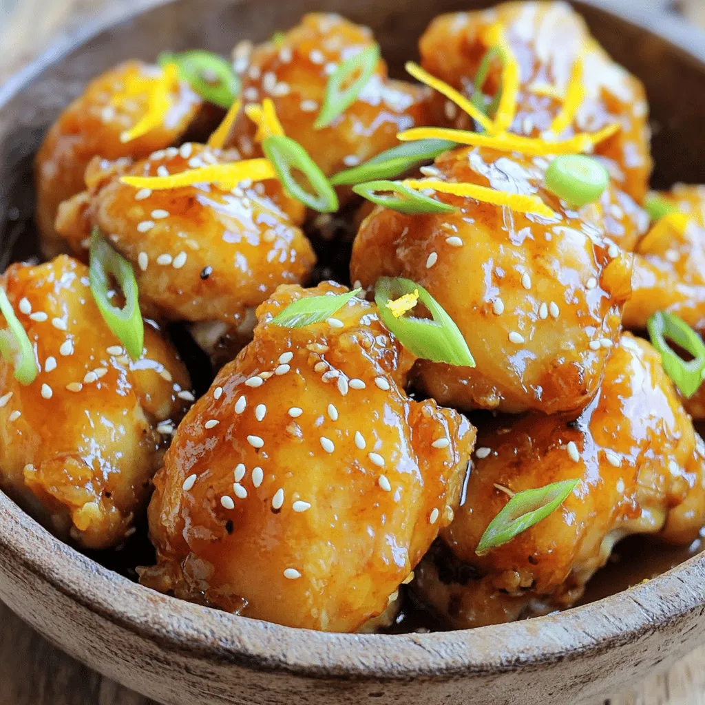 To make glazed orange chicken, you need a few key items. Here’s a list of the main ingredients: - 1.5 pounds chicken thighs, boneless and skinless, cut into bite-sized pieces - 1 cup orange juice, freshly squeezed - Zest of 1 orange - 1/4 cup low sodium soy sauce - 2 tablespoons honey - 1 tablespoon sesame oil - 2 cloves garlic, minced - 1 teaspoon fresh ginger, grated - 2 tablespoons cornstarch - 1/4 cup water These ingredients bring together a bright and zesty flavor that makes this dish special. The flavor of glazed orange chicken is a perfect mix of sweet, salty, and tangy. The orange juice and zest give a fresh, citrus taste. Honey adds a nice sweetness. Low sodium soy sauce provides a deep, savory flavor. Garlic and ginger add warmth and depth. Together, they create a balanced sauce that coats the chicken well. When cooking, these ingredients work together to make a delicious glaze. The combination of sweet and savory keeps every bite exciting. Garnishing your dish can make it look even better. Here are some simple options: - 2 green onions, sliced - Sesame seeds These garnishes add a nice crunch and a pop of color. Green onions give a mild onion flavor, while sesame seeds add a nutty touch. You can sprinkle them on just before serving for a beautiful finish to your glazed orange chicken. First, gather your ingredients. You will need orange juice, orange zest, soy sauce, honey, sesame oil, garlic, and ginger. In a medium bowl, whisk these together to make a tasty marinade. Reserve about 1/4 cup of this marinade for later. Next, take your chicken thighs and cut them into small pieces. Place these pieces in a large zipper-lock bag or bowl. Pour the marinade over the chicken, making sure it covers all the pieces. Seal the bag or cover the bowl. Let it sit in the fridge for at least 30 minutes. If you have time, marinate for up to 2 hours. This helps the chicken soak up all the flavors. Now it’s time to cook the chicken. Heat a large skillet or wok over medium-high heat. Take the chicken out of the marinade, letting the extra liquid drip off. Add the chicken pieces to the hot skillet. Cook for about 5-7 minutes. Stir occasionally so the chicken cooks evenly. You want it to get golden brown and fully cooked through. While the chicken cooks, take the reserved marinade and add it to a small saucepan. Heat it over medium heat. In a separate bowl, mix the cornstarch with water until smooth. Once the marinade is hot, add the cornstarch mix to it. Stir constantly for about 3-5 minutes until the sauce thickens. Once the chicken is ready, pour the thick glaze over it in the skillet. Toss the chicken to coat it well in the orange glaze. Cook for another 1-2 minutes. This helps the glaze set on the chicken. Now your glazed orange chicken is ready to be served! To make a great marinade, use fresh orange juice and zest. The zest adds bright flavor. Combine orange juice, soy sauce, honey, sesame oil, garlic, and ginger. Whisk these ingredients well in a bowl. Marinate your chicken for at least 30 minutes. For more flavor, let it sit up to 2 hours. This step makes your chicken juicy and full of taste. To get the glaze just right, you need a smooth mix. After cooking the chicken, take the reserved marinade. Heat it in a saucepan. Mix cornstarch and water in a bowl until smooth. Add this mix to the marinade while stirring. It should thicken in about 3-5 minutes. The right consistency is key for a nice coating on the chicken. Cook your chicken on medium-high heat for the best results. This heat helps to brown the chicken nicely. Stir the chicken often to ensure it cooks evenly. Look for a golden-brown color. This means it’s done and tender. Avoid overcooking, as this can make the chicken dry. Aim for 5-7 minutes of cooking time. Enjoy your moist and flavorful orange chicken! {{image_2}} You can switch chicken for other proteins. Shrimp works great with this recipe. It cooks quickly and absorbs all the flavors. Tofu is another option for a tasty twist. Just make sure to press it well to remove excess water. This helps it soak up the marinade. You can also try pork or beef for a different bite. For a vegan dish, use tempeh or seitan. They both have great texture and flavor. Marinate them just like the chicken. You can also use cauliflower or chickpeas. They bring a nice crunch and absorb the glaze well. These swaps keep the dish vibrant and satisfying. Want to add some heat? Try adding red pepper flakes or sriracha. This gives a spicy kick to the glaze. If you like more citrus, add lime juice or zest. It brightens the dish and adds a nice zing. You can mix in herbs like cilantro or basil for extra freshness. These small changes can make a big impact on taste! To keep your glazed orange chicken fresh, store it in an airtight container. Make sure to let it cool down first. Store it in the fridge for up to three days. If you want to keep it longer, freezing is a great option. When you want to enjoy your leftovers, reheat them on the stove. Place the chicken in a skillet over medium heat. Add a splash of water to keep it moist. Stir occasionally until it's heated through. You can also use the microwave. Heat it in short bursts, checking often to avoid overcooking. To freeze glazed orange chicken, place it in a freezer-safe bag. Remove as much air as possible before sealing. Label the bag with the date, and it will last for up to three months. When ready to use, thaw it overnight in the fridge. Reheat it as mentioned above for the best results. To make glazed orange chicken spicy, add red pepper flakes or sriracha sauce. Start with a small amount, like 1/2 teaspoon. Taste the sauce and adjust the heat to your liking. You can also add minced jalapeños to the marinade for a fresh kick. This gives a zesty balance to the sweet orange flavor. Yes, you can use chicken breasts instead of thighs. Chicken breasts are leaner and will cook faster. Keep an eye on the cooking time, as they may dry out if overcooked. Cut the breasts into bite-sized pieces, just like the thighs. This will help them cook evenly. Glazed orange chicken pairs well with many sides. Here are some great options: - Steamed jasmine rice - Fried rice with vegetables - Roasted broccoli or green beans - A fresh garden salad - Egg rolls or spring rolls These sides add color and flavor to your meal. Enjoy your delicious feast! In this post, I shared how to make glazed orange chicken with clear steps. You learned about key ingredients, marinating, and cooking techniques. I also offered tips for perfecting flavor and texture. Don't forget to try variations and how to store leftovers. The right glaze can elevate your dish, and you can adapt it to your taste. This simple guide boosts your confidence in the kitchen. Enjoy your cooking journey!