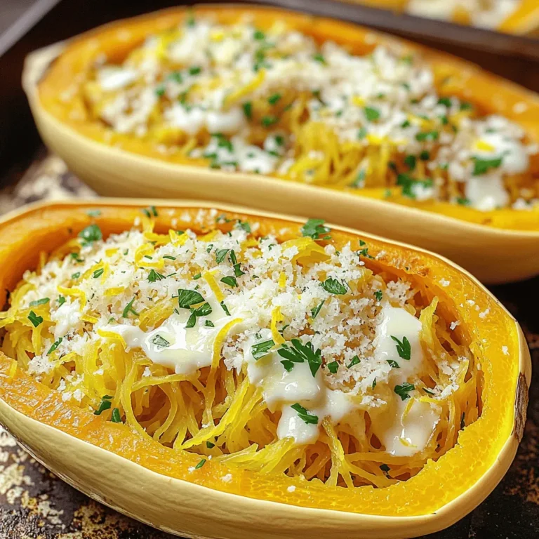 - 1 medium spaghetti squash - 4 tablespoons unsalted butter - 4 cloves garlic, minced - 1 teaspoon Italian seasoning - 1/4 teaspoon red pepper flakes (optional) - Salt and pepper to taste - 1/2 cup grated Parmesan cheese - 1/2 cup chopped fresh parsley - Zest of 1 lemon - Lemon wedges for serving - Extra red pepper flakes for heat - Chopped nuts for crunch - Other herbs like basil or thyme - Sharp chef's knife - Baking sheet - Large skillet - Fork for shredding squash - Measuring cups and spoons Gathering the right ingredients sets the stage for your Garlic Butter Spaghetti Squash Boats. Start with a medium spaghetti squash. The squash is the star of this dish, and it gives a fun twist to pasta. For flavor, we need unsalted butter, fresh garlic, and Italian seasoning. These three will create a rich garlic butter sauce. Salt and pepper help to bring out all the flavors. For a cheesy finish, grab some grated Parmesan cheese. Fresh parsley adds a pop of color and freshness. Lastly, lemon zest and wedges make the dish bright and zesty. Optional ingredients like red pepper flakes can add heat if you like. Chopped nuts can give a nice crunch. You can also use fresh herbs to change up the flavor. Make sure you have the right tools. A sharp knife helps cut the squash safely. A baking sheet is needed for roasting. A large skillet is best for mixing everything together. Don't forget measuring cups and spoons for accuracy. With these ingredients and tools, you're ready to create a delightful dish! First, we need to get the spaghetti squash ready. Start by preheating your oven to 400°F (200°C). Next, take a medium spaghetti squash and cut it in half lengthwise. Be careful with the knife. Scoop out the seeds using a spoon. Season the insides with salt and pepper. Place the squash halves cut-side down on a baking sheet. Roast them in the oven for about 40-50 minutes. You will know they are done when the flesh is tender and can be pulled apart with a fork. While the squash roasts, it’s time to make the garlic butter. In a skillet, melt four tablespoons of unsalted butter over medium heat. Once the butter melts, add four minced garlic cloves. Sauté the garlic for about 1-2 minutes until it smells nice. Be careful not to burn the garlic; it cooks fast! Now, stir in one teaspoon of Italian seasoning and optional red pepper flakes. Cook this mixture for another minute and then remove it from the heat. After the squash is roasted, take it out of the oven. Use a fork to scrape the flesh into spaghetti-like strands. Transfer these strands to your skillet with the garlic butter mixture. Toss everything together until the strands are well coated. Add half a cup of grated Parmesan cheese and half a cup of chopped fresh parsley. Mix it all well. Now, fill the empty squash halves with the garlic butter spaghetti. If you want, you can sprinkle a bit more Parmesan cheese on top. Return the filled squash to the oven for an extra 10 minutes to heat through. When done, zest a lemon over the top and serve with lemon wedges on the side. Enjoy your tasty Garlic Butter Spaghetti Squash Boats! To cook spaghetti squash well, I recommend roasting it. Roasting gives it a sweet flavor and soft texture. Start by cutting the squash in half. Remove the seeds and season the inside with salt and pepper. Place the squash cut-side down on the baking sheet. Roast it at 400°F for 40-50 minutes. The squash is done when the flesh is soft and easy to shred with a fork. To make garlic butter spaghetti squash truly special, consider adding extra ingredients. Fresh herbs like basil or thyme can boost flavor. You can also try adding crushed nuts for crunch. A squeeze of lemon juice adds brightness and freshness. If you like heat, sprinkle in more red pepper flakes. Mixing in sautéed mushrooms or spinach can add depth and nutrients. One common mistake is not seasoning enough. Salt and pepper are key to enhancing the squash's taste. Another mistake is overcooking the garlic. Garlic can burn quickly, turning bitter. Keep an eye on it while sautéing. Lastly, don’t skip the zesting step! Lemon zest adds a fresh aroma and taste that brightens the dish. {{image_2}} You can make Garlic Butter Spaghetti Squash Boats even better by adding veggies. Try adding spinach, bell peppers, or mushrooms. These veggies mix well with garlic butter. They bring great taste and color. You can also add cherry tomatoes for a burst of sweetness. Just sauté them in the garlic butter before mixing. If you want to add protein, there are many choices. Cooked chicken, shrimp, or sausage works well. Shredded rotisserie chicken is quick and tasty. For a plant-based option, use chickpeas or black beans. They add protein and keep the dish healthy. Just stir them in when you mix the spaghetti strands. This dish is already gluten-free because it uses spaghetti squash. If you want more fiber, try using quinoa or brown rice instead. You can serve the garlic butter mix over these grains. They soak up the flavors well. Make sure to check any added sauces or toppings for gluten. Store any leftover garlic butter spaghetti squash boats in an airtight container. Let them cool first. Place them in the fridge for up to three days. This keeps the flavors fresh. If you want to keep them longer, consider freezing. To reheat, use the oven for the best results. Preheat it to 350°F (175°C). Place the squash boats on a baking sheet. Cover with foil to keep moisture in. Heat for about 15-20 minutes. You can also use the microwave. Just place a boat on a microwave-safe plate. Heat for 2-3 minutes, checking often. You can freeze these tasty boats too. Scoop the spaghetti strands out of the squash. Place them in a freezer-safe bag. Remove as much air as possible. This helps prevent freezer burn. They can last up to three months in the freezer. When ready to eat, thaw in the fridge overnight before reheating. You can tell when spaghetti squash is cooked by its softness. When you press it gently, it should yield a bit. After roasting for 40-50 minutes, the flesh should feel tender. You can also check by using a fork. If it scrapes away into strands easily, it is ready to go! Yes, you can make Garlic Butter Spaghetti Squash Boats ahead of time. You can roast the squash and mix it with the garlic butter. Store it in the fridge for up to three days. When you are ready to eat, just reheat it in the oven. This makes meal prep quick and easy! Garlic Butter Spaghetti Squash Boats pair well with many dishes. You can serve them with grilled chicken or shrimp for protein. A fresh salad adds a nice crunch too. You can also enjoy them with crusty bread to soak up all that delicious garlic butter. In this post, we covered ingredients, tools, and steps for Garlic Butter Spaghetti Squash. I shared tips on cooking techniques, flavor enhancers, and mistakes to avoid. You can also explore variations and storage options to fit your needs. Cooking this dish can be fun and easy. You will impress your friends and family with your skills. Enjoy making it your own, and don’t be afraid to try new things. Now, get cooking and savor every bite!
