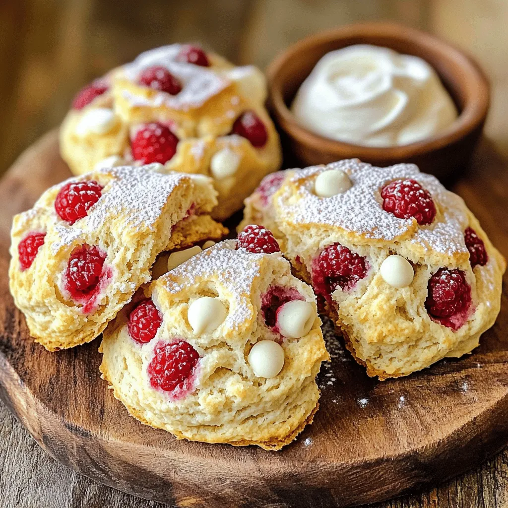 For these delightful Raspberry White Chocolate Scones, you will need: - 2 cups all-purpose flour - 1/4 cup granulated sugar - 1 tablespoon baking powder - 1/2 teaspoon salt - 1/2 cup cold unsalted butter, cubed - 1/2 cup heavy cream - 1 large egg - 1 teaspoon vanilla extract - 1 cup fresh raspberries - 1/2 cup white chocolate chips - Additional cream and sugar for topping To make these scones, gather the following items: - Mixing bowls - Whisk - Pastry cutter or fork - Parchment paper - Baking sheet - Rolling pin (optional) - Knife or pizza cutter Choosing the right raspberries is key to great scones. Look for berries that: - Are plump and firm - Have a deep red color - Are free from mold or bruises Smell them! Fresh raspberries should smell sweet and fruity. If you can, buy them from local farmers' markets. They taste better and support local farms. Always wash them gently before use to keep them intact. To start, preheat your oven to 400°F (200°C). This temperature helps the scones rise well. Next, line a baking sheet with parchment paper. This step keeps the scones from sticking. It also makes cleanup easier later. In a large mixing bowl, whisk together 2 cups of all-purpose flour, 1/4 cup of granulated sugar, 1 tablespoon of baking powder, and 1/2 teaspoon of salt. Mixing these dry ingredients well is key. It ensures that the baking powder spreads evenly throughout the dough. Now, grab a separate bowl. Whisk together 1/2 cup of cold heavy cream, 1 large egg, and 1 teaspoon of vanilla extract. This mixture adds moisture and flavor. Make a well in the center of your dry mix and pour this cream mixture into it. Gently mix until just combined. It's important not to overmix; this keeps your scones light and fluffy. Next, fold in 1 cup of fresh raspberries and 1/2 cup of white chocolate chips. Be gentle here. You want to keep the raspberries whole for bursts of flavor. Mixing too hard can break them up and turn your dough pink. Turn the dough onto a lightly floured surface. Gently knead it a few times to bring it together. Pat the dough into a disc about 1 inch thick. Then, cut this disc into 8 wedges. Place the wedges on your prepared baking sheet. Brush the tops with a bit of extra cream and sprinkle with sugar for a lovely shine. Bake your scones in the preheated oven for 15-20 minutes. Look for a light golden color on top. When done, remove them from the oven and let them cool slightly on a wire rack. This cooling step helps them set and makes them easier to eat. Enjoy the warm, flaky goodness! To make light and fluffy scones, keep your butter cold. Cold butter creates steam, which helps the scones rise. Use a pastry cutter or your fingers to mix the butter into the flour until it looks like crumbs. Don't overmix the dough; just combine it enough to form a ball. This keeps the scones tender. Many people overmix the dough. This makes scones tough. Another mistake is using warm butter. Always use cold butter to get the right texture. Also, don’t skip the cream on top before baking. It gives a nice golden color. Lastly, remember to check the oven temperature. An oven that is too hot can burn the scones. Serve your Raspberry White Chocolate Scones warm for the best flavor. Dust them with powdered sugar for a sweet touch. Pair them with clotted cream or butter for richness. Arrange them on a rustic platter with fresh raspberries. This makes a lovely display for any gathering. Enjoy with a cup of tea or coffee! {{image_2}} You can swap raspberries for other fruits. Strawberries or blueberries work great too. Try blackberries for a bolder taste. Each fruit adds its own flavor and color. Mix and match to find what you like best. You can also use dried fruits like cranberries. They add a nice chewiness to the scones. While white chocolate is sweet and creamy, you can try dark chocolate. Dark chocolate gives a rich flavor. Milk chocolate is another option for a sweeter bite. You can even combine chocolate types for a fun twist. Each choice changes the taste and can surprise your taste buds. If you need a gluten-free scone, use gluten-free flour. There are many blends available. Make sure to check the package for instructions. You might need to add a binding agent like xanthan gum. This helps the scones hold together. Enjoy the same delicious flavor without gluten! After baking, let your scones cool completely. Then, place them in an airtight container. This keeps them fresh for up to three days at room temperature. If you live in a humid area, use parchment paper between layers. This helps prevent sticking. You can freeze scones for later enjoyment. First, cool the scones completely. Wrap each one in plastic wrap. Then, place them in a freezer bag or container. They will last up to three months in the freezer. When you want one, just pull it out and let it thaw. To reheat scones, preheat your oven to 350°F (175°C). Place the scones on a baking sheet. Heat them for about 10 minutes. This will restore their flaky texture. You can also use the microwave, but they may not stay as crisp. Heat for about 15-20 seconds, checking often. Enjoy warm! Yes, you can use frozen raspberries. They work well in scones. Just be careful when mixing them in. Frozen raspberries can break easily. This might turn your dough a bit pink. Patience is key. If you thaw the raspberries first, they may get too mushy. So, I suggest using them straight from the freezer. You can tell scones are done by looking for a golden top. The edges should be firm, not soft. If you tap the bottom, it should sound hollow. This means the inside is cooked right. Keep an eye on them around 15 minutes. Ovens can vary, so check them a bit early. If you want a lighter option, try half-and-half. It gives a good flavor but is less rich. You can also use whole milk with a bit of butter. Mix 3/4 cup of milk with 1/4 cup of melted butter. This works well in scones. Just remember, the texture might be slightly different. Yes, you can make the dough ahead of time! Wrap it tightly in plastic wrap. Keep it in the fridge for up to 24 hours. When you are ready, just shape and bake. This helps the flavors blend well. Just don’t freeze the dough before baking. That can change the texture. Fresh scones taste best on the day you bake them. If you store them, keep them in an airtight container. They can last for about 2-3 days at room temperature. For longer storage, freeze them. They will stay good for about a month in the freezer. Just reheat before serving! You learned how to make delicious raspberry and white chocolate scones. We covered each step, from choosing fresh ingredients to baking perfectly. Remember to avoid common mistakes to ensure success. You have many options for variations, like different fruits and chocolate types. Don’t forget to store and freeze your scones properly for best taste. Enjoy your baking, and share these tips with friends to spread the joy of scone-making. Take your skills to the next level and impress everyone with your tasty creations!