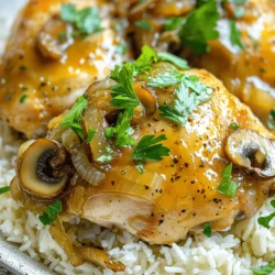 - 4 bone-in chicken thighs, skin removed - 2 cups fresh mushrooms, sliced (such as cremini or button) - 1 medium onion, finely chopped - 3 garlic cloves, minced - 1 cup low-sodium chicken broth - 1 tablespoon soy sauce (or tamari for gluten-free) - 1 tablespoon olive oil I love using bone-in chicken thighs. They stay juicy and tender during cooking. The fresh mushrooms add a rich flavor. You can choose cremini or button mushrooms for this dish. Onions and garlic are must-haves. They boost the dish's taste and aroma. - 1 teaspoon dried thyme - 1 teaspoon dried rosemary - Salt and pepper to taste - Fresh parsley, chopped (for garnish) Thyme and rosemary give your chicken an earthy taste. Don’t be shy with salt and pepper; they enhance the flavors. For garnish, fresh parsley offers a pop of color and freshness. It makes the dish look even better. First, I dry the chicken thighs with paper towels. This step helps the seasoning stick well. Next, I season both sides with salt and pepper. This simple step adds a lot of flavor. After that, I sauté the aromatics. In a skillet, I heat olive oil over medium heat. Then, I add the chopped onion and minced garlic. I cook them for about 3-4 minutes. They should become soft and fragrant. This is where the magic begins! Next, I stir in the sliced mushrooms. I let them cook for about 5 minutes. They start to release their moisture, adding depth to the dish. Now, it's time to layer the ingredients in the slow cooker. I transfer the onion and mushroom mixture to the bottom. Then, I place the seasoned chicken thighs right on top. This layering ensures even cooking and flavor. Next, I mix the liquid. In a bowl, I combine chicken broth, soy sauce, thyme, and rosemary. After mixing well, I pour this mixture over the chicken and mushrooms. This creates a lovely sauce that will keep the chicken moist. For cooking time, I have two options: low and high settings. If I choose low, I cook for 6-7 hours. If I go high, it takes about 3-4 hours. I prefer the low setting for a more tender result. To check for doneness, I use a meat thermometer. The chicken should reach 165°F (75°C). This ensures the chicken is cooked through and safe to eat. To keep your chicken juicy, start with skinless, bone-in thighs. These cuts hold moisture well. Season both sides with salt and pepper. This adds flavor and helps keep the meat moist. Sautéing is key for flavor. Heat olive oil in a skillet. Add onion and garlic first; cook until soft. This step builds a great base for your dish. Then, add the mushrooms. They should cook until they release their moisture. This enhances their taste and makes the dish richer. To thicken your sauce, use a cornstarch slurry. Mix 1 tablespoon of cornstarch with 2 tablespoons of water. Stir it into the sauce during the last 15 minutes of cooking. This gives the sauce a nice, thick texture. If you don’t have cornstarch, try a flour slurry. Mix equal parts flour and water, then stir it in. You can also let the sauce simmer uncovered for a bit to reduce it. This method concentrates the flavors without adding extra ingredients. Pair your mushroom chicken with rice or mashed potatoes. These sides soak up the tasty sauce. For a fresh touch, try steamed green beans or a crisp salad. They add color and balance to your meal. For presentation, use a large platter. Arrange the chicken and mushrooms neatly. Drizzle the sauce over the top, and sprinkle with chopped parsley. This adds a pop of color and makes the dish look inviting. {{image_2}} You can easily change the recipe to fit your needs. For a gluten-free option, use tamari instead of soy sauce. This keeps the taste rich without gluten. If you're looking for a vegan or vegetarian dish, swap chicken thighs for firm tofu or tempeh. You can also use vegetable broth instead of chicken broth to keep the flavor deep and satisfying. Adding different herbs and spices can elevate your dish. Try adding basil or oregano for a fresh twist. You can also use smoked paprika for a hint of smokiness. For mushrooms, experiment with shiitake or portobello. These types add a meaty texture and a bold flavor. Mixing different mushrooms can create a rich and layered taste. If you want to speed things up, try making this dish in an Instant Pot. Cook on high pressure for about 15 minutes. Let the pressure release naturally for best results. You can also make this on the stovetop. Just brown the chicken in a pan first, then add the mushrooms and broth. Simmer on low heat until the chicken is tender. These methods will give you delicious results in less time. To keep your leftovers fresh, place them in an airtight container. Make sure to let the chicken cool to room temperature first. Store the container in the fridge. Your mushroom chicken will stay tasty for up to four days. Check for any off smells or changes in texture before eating. For longer storage, freeze your mushroom chicken. First, portion it into freezer-safe bags or containers. Squeeze out excess air to prevent freezer burn. This dish can last up to three months in the freezer. When ready to eat, thaw it overnight in the fridge. To enjoy your dish again, reheating is key. The oven is best for keeping texture and flavor. Preheat it to 350°F and heat for about 20 minutes. Cover the dish with foil to prevent drying out. If you're in a hurry, use the microwave. Heat it in short bursts, stirring in between. This keeps it warm but can make it slightly less juicy. Yes, you can use boneless chicken thighs. They cook faster than bone-in thighs. Just reduce the cooking time by about one hour. Check for doneness to ensure they are cooked through. To keep the chicken moist, avoid overcooking it. Use a meat thermometer to check for an internal temperature of 165°F. The slow cooker method helps retain moisture, as the environment is humid. Also, consider using chicken thighs instead of breasts, as they have more fat and flavor. If you lack a slow cooker, you can use a Dutch oven or a heavy pot. Brown the chicken and sauté the veggies in the pot. Then, add the broth and cover it. Cook on low heat on the stove for about 1.5 to 2 hours. Make sure to check the chicken for doneness. Absolutely! You can add carrots, bell peppers, or green beans. Just chop them into bite-sized pieces. Add them to the slow cooker with the chicken for added flavor and nutrition. To add heat, include red pepper flakes or diced jalapeños. Stir them in with the onion and garlic. Adjust the amount based on your heat preference for a kick. This dish pairs well with rice, mashed potatoes, or pasta. You can also serve it with a fresh salad or steamed veggies for a balanced meal. Yes, you can prepare the ingredients the night before. Store them in the fridge. Simply place them in the slow cooker in the morning and let it cook during the day. Store any leftovers in an airtight container in the fridge. They can last for up to four days. Make sure to cool them down before sealing the container. Yes, you can freeze it! Place cooled leftovers in a freezer-safe container. It can last for up to three months. Thaw it overnight in the fridge before reheating. To reheat, use the microwave or stovetop. If using the stovetop, add a splash of broth to keep it moist. Heat until warmed through. This blog post covered everything you need for making mushroom chicken in a slow cooker. We explored key ingredients like chicken thighs, mushrooms, and seasonings. I shared step-by-step instructions for preparation and cooking, plus tips for success. We also discussed variations and how to store your dish properly. Remember, this recipe is adaptable and easy. Enjoy the warmth and flavor of this dish with friends and family. Happy cooking!