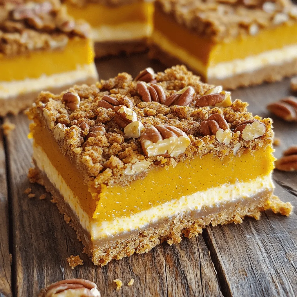 To make pumpkin cheesecake crumble bars, you need these tasty items: - 1 ½ cups graham cracker crumbs - ½ cup unsalted butter, melted - 1 cup all-purpose flour - ½ cup brown sugar, packed - 1 teaspoon ground cinnamon - ½ teaspoon nutmeg - 1 cup pumpkin puree - 1 package (8 oz) cream cheese, softened - ½ cup granulated sugar - 2 large eggs - 1 teaspoon vanilla extract - ¼ teaspoon salt - ½ cup chopped pecans (optional) Each ingredient plays a key role in the flavor and texture. If you need to swap some items, here are some ideas: - Use almond flour instead of all-purpose flour for a gluten-free option. - If you lack graham crackers, try digestive biscuits for a similar crust. - Coconut sugar can replace brown sugar for a less processed choice. - You can use pumpkin spice if you do not have cinnamon and nutmeg. Feel free to customize your bars! Here are some fun extras to consider: - Add chocolate chips for a sweet twist. - Drizzle caramel sauce on top for a rich flavor. - Mix in some dried cranberries for a tart contrast. - Chopped pecans add a nice crunch, but you can skip them if you prefer. These ingredients create a delightful mix of flavors and textures. Enjoy experimenting with your own touches! Start by preheating your oven to 350°F (175°C). Grab an 8-inch square baking pan. Line it with parchment paper. Let the paper hang over the sides. This helps you lift the bars out later. In a medium bowl, mix 1 ½ cups of graham cracker crumbs with ½ cup of melted butter. Stir until it's mixed well. Press this mixture firmly into the bottom of the baking pan. Make sure it is even and packed tight. In a large bowl, beat 1 package of softened cream cheese and ½ cup of granulated sugar. Mix until smooth. Add 1 cup of pumpkin puree, 2 large eggs, 1 teaspoon of vanilla extract, and ¼ teaspoon of salt. Blend until creamy and well combined. Sprinkle half of the flour, brown sugar, cinnamon, and nutmeg mixture over the crust. Pour the pumpkin cheesecake filling on top of the crust. Spread it evenly with a spatula. Then, take the remaining crumble mixture and sprinkle it over the filling. Optionally, add ½ cup of chopped pecans for extra crunch. Bake your bars in the preheated oven for 30-35 minutes. They are done when the center is set and a toothpick comes out clean from the edges. After baking, let the pan cool for at least 1 hour. Then, refrigerate for at least 2 hours. This step helps the bars to set perfectly. Once cooled, lift them out using the parchment paper. Cut into squares and enjoy! To get a great crust, use fresh graham cracker crumbs. You can crush the crackers in a food processor for a fine texture. Mix the crumbs with melted butter until they look like wet sand. Press the mixture firmly into the bottom of your baking pan. This helps it hold together well when baked. Make sure to press all the way to the edges. A sturdy crust is key for great bars. For a smooth filling, let your cream cheese soften at room temperature. This helps it blend well with other ingredients. Beat the cream cheese and sugar together until they are smooth before adding pumpkin. Adding the eggs one at a time can also help keep the texture creamy. Make sure to mix just enough to combine everything. Over-mixing can add air and make your filling puff up. One common mistake is not baking long enough. The center should be set and a toothpick should come out clean. If it’s too wobbly, bake a few more minutes. Another mistake is skipping the cooling time. Let your bars cool completely in the pan before cutting. This helps them set better. Finally, don’t forget to chill them in the fridge for at least two hours. Chilling improves the flavor and texture. {{image_2}} You can make these bars healthier with a few swaps. Use whole wheat flour instead of all-purpose flour. This adds fiber and nutrition. You can also replace granulated sugar with coconut sugar. Coconut sugar has a lower glycemic index. For a lower-fat option, swap cream cheese with Greek yogurt. It keeps the creamy texture while cutting fat. Want to mix it up? You can add chocolate or caramel for extra flavor. Drizzle caramel sauce on top before baking. You can also fold in chocolate chips into the cheesecake mix. Dark chocolate chips work great for a rich taste. For a fun twist, add a pinch of orange zest. This will brighten the flavor and make it special. If you need gluten-free options, use almond flour or gluten-free graham crackers. These will keep the crust tasty and safe for gluten-free eaters. For a vegan version, replace eggs with flax eggs. Just mix one tablespoon of ground flaxseed with three tablespoons of water. Let it sit for five minutes to thicken. Use a vegan cream cheese to keep the creamy texture. These swaps let everyone enjoy these tasty bars! To keep your pumpkin cheesecake crumble bars fresh, store them in an airtight container. This will help keep the bars moist and tasty. Make sure they are fully cooled before you cover them. If you have leftover bars, you can layer them with parchment paper to avoid sticking. When stored properly, these bars can last in the fridge for about five days. If you want to keep them longer, freezing is a great option. Just remember to wrap them well to prevent freezer burn. To freeze the bars, cut them into squares first. Wrap each piece tightly in plastic wrap, then place them in a freezer bag. They can last up to three months in the freezer. When you're ready to enjoy them, thaw them in the fridge overnight. For a warm treat, reheat in the oven at 350°F (175°C) for about 10 minutes. This will bring back their delightful texture. Yes, you can use fresh pumpkin. First, cook the pumpkin until soft. Then, mash it to get a smooth puree. This makes your bars taste fresh and bright. Just be sure to measure the same amount as canned pumpkin. Your bars are done when the center is set. Insert a toothpick into the edges. If it comes out clean, they are ready. The top should look slightly golden, and the edges should pull away from the pan. Absolutely! You can make these bars one day ahead. After baking, let them cool. Then, cover and refrigerate. This will help the flavors meld. Plus, they will be ready to serve when you need them. These bars pair well with whipped cream. A drizzle of caramel sauce adds richness. You can also serve them with a scoop of vanilla ice cream for extra delight. Don’t forget a sprinkle of cinnamon for that cozy touch! This blog post covered all you need for Pumpkin Cheesecake Crumble Bars. We discussed the ingredients, including measurements, optional add-ins, and substitutions. The step-by-step instructions made the baking easy. Tips helped to avoid common mistakes and perfect your bars. Variations showed ways to switch flavors or make it healthier. Lastly, the storage info ensures your treats last longer. Enjoy making and sharing these bars, knowing they will impress friends and family.
