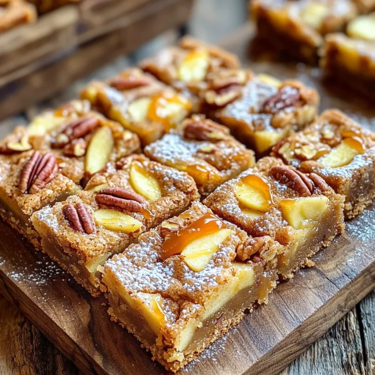To make Apple Pecan Blondies with Brown Butter, gather these items: - 1 cup unsalted butter (2 sticks), browned - 1 cup packed brown sugar - 1/2 cup granulated sugar - 1 teaspoon vanilla extract - 2 large eggs - 2 cups all-purpose flour - 1 teaspoon baking powder - 1/2 teaspoon baking soda - 1/2 teaspoon salt - 1 cup peeled and diced apples (about 1 large apple) - 1/2 cup toasted pecans, roughly chopped - Optional: 1/2 teaspoon ground cinnamon You can swap some ingredients if needed. Use salted butter instead of unsalted. This change adds flavor. For a gluten-free option, replace all-purpose flour with a gluten-free blend. Brown sugar can be replaced with coconut sugar for a different taste. If you don’t have pecans, walnuts work well too. If you prefer a lighter flavor, skip the cinnamon. Using fresh ingredients makes a big difference. Choose apples that are firm and crisp. They should be free from blemishes. When buying pecans, look for nuts that are whole and smell nutty. Store your butter in the fridge and check its date. Fresh eggs are key for the best texture. Always use quality sugars for rich flavor. Fresh ingredients lead to better blondies! To brown butter, start with unsalted butter. Place it in a medium saucepan over medium heat. Stir the butter frequently. Watch as it melts and starts to bubble. Continue cooking until it turns a golden brown color. This should take about 5 to 7 minutes. You will notice a nutty smell as it cooks. Remove the pan from heat and let the butter cool slightly. This step adds a rich flavor to your blondies. In a large bowl, mix the browned butter with brown sugar and granulated sugar. Stir well until it's smooth. Add in the vanilla extract and two large eggs. Mix each egg in one at a time. Make sure everything is fully combined. In another bowl, whisk together flour, baking powder, baking soda, salt, and ground cinnamon if you choose to use it. Gradually add this dry mix into the wet mix. Stir until everything is just combined. Preheat your oven to 350°F (175°C). Grease an 8x8 inch baking pan or line it with parchment paper. Pour the batter into the pan, smoothing the top with a spatula. Bake for 25 to 30 minutes. Check with a toothpick; it should come out clean. Once baked, let the blondies cool in the pan on a wire rack for about 20 minutes. After cooling, cut them into squares. Enjoy your delicious Apple Pecan Blondies! To get the best texture in your apple pecan blondies, start with brown butter. Brown the butter until it is golden and smells nutty. This adds depth and flavor. Use room temperature eggs for a smooth batter. When mixing, don’t over-stir; this keeps the blondies soft. Aim for a thick batter, so it holds the apples and pecans well. To boost flavor, consider adding spices like cinnamon. Just half a teaspoon gives a warm touch. You can also add a pinch of nutmeg for extra warmth. If you love chocolate, fold in some chocolate chips. They pair well with apples and pecans. For a sweet finish, drizzle warm caramel sauce on top before serving. This makes them even more special. If your blondies are too dry, you might have baked them too long. Always check doneness with a toothpick. It should come out with a few moist crumbs, not wet batter. If they turn out too gooey, they may need more baking time. Keep an eye on them in the oven. If your blondies sink in the middle, it could be because of underbaking. Ensure your oven is calibrated correctly for perfect results. {{image_2}} You can change the fruit in these blondies for a unique twist. Try using pears or peaches instead of apples. Both fruits add nice sweetness and moisture. For a fall flavor, consider diced butternut squash. During the summer, use fresh berries like blueberries or raspberries. Each fruit gives a new taste to these blondies. Pecans add crunch, but you can swap them for other nuts. Walnuts or almonds work well for a different flavor. You can even mix in a combination of nuts. If you want a nut-free version, use seeds like sunflower or pumpkin seeds. These still give that delightful crunch without the nuts. To make these blondies gluten-free, use a gluten-free flour blend. Many blends work well and keep the texture nice. If you want a vegan option, replace the eggs with flax eggs. Mix one tablespoon of ground flaxseed with three tablespoons of water for each egg. This will bind the batter just like eggs do. Use a vegan butter substitute to replace the regular butter. To keep your Apple Pecan Blondies fresh, store them in an airtight container. This helps keep them moist. You can also use plastic wrap. Make sure to place a layer of parchment paper between the blondies and the wrap. This prevents sticking and keeps them nice. Freezing blondies is easy and a great way to save leftovers. First, let the blondies cool completely. Then, cut them into squares. Wrap each piece in plastic wrap and place them in a freezer-safe bag. Make sure to remove as much air as you can. They can stay fresh for up to three months in the freezer. When you're ready to enjoy your blondies again, reheating is simple. You can warm them in the microwave for about 10-15 seconds. For a crisp edge, use an oven. Preheat it to 350°F (175°C) and place the blondies on a baking sheet. Heat for about 5-10 minutes. This brings back the soft and gooey texture. Enjoy them warm for the best taste! Yes, you can use other nuts in this recipe. Try walnuts or almonds for a twist. They add great flavor and crunch. Just make sure they are toasted for the best taste. You can also skip nuts if you prefer a nut-free version. The blondies will still be delicious! To check if the blondies are done, insert a toothpick into the center. If it comes out clean, they are ready. The edges should look golden and slightly firm. If the toothpick has batter on it, bake for a few more minutes. Keep an eye on them to avoid overbaking. Apple pecan blondies pair well with many toppings. Try serving them warm with a scoop of vanilla ice cream. Drizzle caramel sauce on top for extra sweetness. You can also add whipped cream or a dusting of powdered sugar for a nice touch. These simple additions make them even more enjoyable! This blog post covered everything you need to make great Apple Pecan Blondies. We discussed the full list of ingredients, how to brown butter, and tips for perfect texture. You learned about ingredient substitutions and storage methods, too. Now you have the tools to create tasty blondies. Experiment with variations to find your favorite flavor. Enjoy the process and share your delicious results!