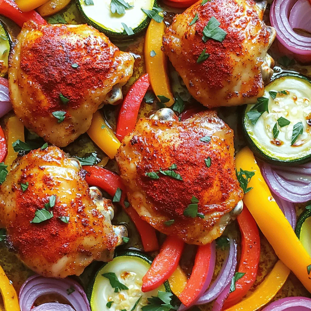 - 4 boneless, skinless chicken thighs - 2 tablespoons smoked paprika - 1 teaspoon garlic powder - 1 teaspoon onion powder - 1 teaspoon dried oregano - 1 teaspoon salt - ½ teaspoon black pepper - 1 red bell pepper, cut into strips - 1 yellow bell pepper, cut into strips - 1 purple onion, sliced - 2 zucchinis, sliced into half-moons The main ingredients in this recipe focus on flavor and texture. The chicken thighs bring a juicy, tender bite. Smoky paprika adds a rich, warm taste that makes the dish shine. The spices, such as garlic and onion powder, bring depth, while dried oregano adds a hint of earthiness. Fresh vegetables are key to a balanced meal. The bell peppers offer sweetness and crunch. Zucchini contributes a soft texture when cooked, and onion adds sharpness, creating a perfect mix. - 2 tablespoons olive oil - Fresh parsley, chopped (for garnish) Olive oil is essential for coating the veggies. It helps them roast nicely and keeps everything moist. Fresh parsley adds a vibrant pop of color and a fresh taste when sprinkled on top before serving. - Sheet pan - Mixing bowl - Meat thermometer Using a sheet pan is ideal for this recipe. It allows everything to roast evenly, maximizing flavor. A mixing bowl helps combine the spices and coat the vegetables easily. A meat thermometer ensures that the chicken is cooked safely, reaching an internal temperature of 165°F (74°C). These ingredients and tools make the cooking process simple, allowing you to create a delicious meal with ease. - Preheat the oven to 425°F (220°C). - In a small bowl, mix together smoked paprika, garlic powder, onion powder, oregano, salt, and black pepper. This spice mix will add a lovely flavor to your dish. - Rub the spice mix all over the chicken thighs. Make sure to coat them well for maximum flavor. - Place the seasoned chicken thighs in the center of a large baking sheet. This will be the star of your dish. - In a large bowl, combine the sliced bell peppers, onion, and zucchini. - Drizzle the vegetables with olive oil and toss them until they are well-coated. This step adds flavor and helps them roast nicely. - Arrange the veggies around the chicken on the baking sheet. They will cook alongside the chicken and soak up those tasty juices. - Bake the pan in the oven for about 25-30 minutes. - Check the chicken for doneness. It should reach an internal temperature of 165°F (74°C). Ensure the veggies are tender and slightly caramelized. For tasty chicken, season it well. Use smoked paprika, garlic powder, and onion powder. Rub the spice mix all over the chicken thighs. Make sure every inch gets covered. This adds flavor and makes the chicken shine. A meat thermometer is key for cooking chicken safely. Insert it into the thickest part of the thigh. The chicken is done when it reaches 165°F (74°C). This ensures it is juicy and safe to eat. You can change up the veggies based on what you have. Try carrots, broccoli, or sweet potatoes. Each vegetable brings its own flavor and texture. Cooking time matters, too. Some veggies cook faster than others. For softer veggies, like zucchini, 25 minutes works well. For firmer ones, like carrots, you may need an extra 5-10 minutes. Always check for doneness to get that perfect bite. Pair your chicken and veggies with rice or quinoa. A side salad also works great. These add freshness and balance to your meal. For garnishes, fresh parsley gives a bright pop. Try a squeeze of lemon for extra zing. A drizzle of balsamic glaze can add depth. Each of these will enhance your dish beautifully. {{image_2}} You can spice things up by adding cayenne pepper. This will give your dish a nice kick. If you prefer herbs, try thyme or rosemary. These herbs add great flavor and smell. For a low-carb version, swap the zucchini with cauliflower. This keeps the meal light and tasty. If you need gluten-free options, rest assured this recipe is naturally gluten-free. Just check your spices to ensure they are safe. You can make this dish ahead of time and refrigerate it. Just keep it in an airtight container. If you want to freeze leftovers, place them in freezer-safe bags. When you’re ready, thaw them in the fridge overnight. To keep your leftovers fresh, use airtight containers. Glass or plastic containers work well. You can stack them easily in your fridge. Store your dish for up to four days. This way, you can enjoy your meal again without losing taste. For reheating, the oven is best. Preheat it to 350°F (175°C). Place the chicken and veggies in a baking dish. Heat for about 15-20 minutes. This method keeps the flavors strong and the chicken juicy. You can also use a microwave if you are short on time. Just cover the dish to keep moisture in. To freeze the dish, let it cool completely first. Then, place it in freezer bags or containers. Squeeze out as much air as possible. This helps to prevent freezer burn. Your meal will stay fresh for up to three months. When ready to eat, thaw it in the fridge overnight. Reheat it using the oven or microwave for a tasty meal. How long can I store leftovers? You can store leftovers in the fridge for up to four days. Use an airtight container to keep them fresh. If you want to keep them longer, freeze them. Can I use chicken breasts instead of thighs? Yes, you can use chicken breasts. They will cook faster than thighs, so check them early. What should I serve with sheet pan smoky paprika chicken? This dish pairs well with rice, quinoa, or a fresh salad. You can also add some crusty bread to soak up the juices. What is the internal temperature for cooked chicken? The safe internal temperature for cooked chicken is 165°F (74°C). Use a meat thermometer for the best results. Can I cook this recipe on a grill instead? Yes, you can grill the chicken and veggies! Just ensure you use a grill basket for the veggies. Cook them until tender and slightly charred. What can I use instead of smoked paprika? If you don’t have smoked paprika, use regular paprika with a dash of cayenne for a kick. Are there alternatives for olive oil? You can use avocado oil or vegetable oil in this recipe. Both will work well for roasting. This recipe covers everything you need for sheet pan smoky paprika chicken. You learned about the main and extra ingredients, helpful tools, and step-by-step instructions. I shared tips for perfect chicken and veggie swaps. You also found variations that suit different diets and meal prep ideas for leftovers. With these insights, you can create a tasty dish with ease. Enjoy cooking, and make it your own!
