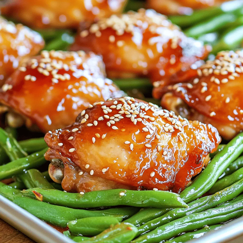 - 4 boneless, skinless chicken thighs - 2 cups fresh green beans, trimmed - 1/4 cup honey - 3 tablespoons soy sauce - 3 cloves garlic, minced - 1 tablespoon olive oil - 1 teaspoon ground ginger - 1/2 teaspoon black pepper - Salt to taste - 1 teaspoon sesame seeds (for garnish) When making honey garlic chicken, the main ingredients are key. The chicken thighs give a juicy base. Fresh green beans add color and crunch. Next, we need the marinade. Honey brings sweetness. Soy sauce adds saltiness. Garlic gives a strong flavor. Olive oil helps everything stick. Ground ginger adds warmth, while black pepper gives a little spice. You can adjust the salt to your taste. Finally, sesame seeds make a lovely garnish. They add a nutty flavor and nice texture. This simple combination makes the dish shine. Enjoy the balance of flavors and textures in every bite! - Preheat your oven to 400°F (200°C). This step is key for great cooking. - Line a baking sheet with parchment paper. It helps with easy cleanup later. To make the marinade, grab a bowl. Add 1/4 cup of honey, 3 tablespoons of soy sauce, 3 minced garlic cloves, 1 tablespoon of olive oil, 1 teaspoon of ground ginger, and 1/2 teaspoon of black pepper. Whisk these together well. This mix gives your chicken amazing flavor. Take 4 boneless, skinless chicken thighs. Place them in a large resealable bag or a shallow dish. Pour half of your marinade over the chicken. Seal the bag or cover the dish. Let it marinate in the fridge for at least 30 minutes. For even more flavor, you can let it sit for up to 2 hours. For optimal marination, try to use a shallow dish. This allows the marinade to coat the chicken evenly. If you are short on time, 30 minutes will still add good flavor. After marinating, take the chicken out of the fridge. Place the chicken on the prepared baking sheet. Make sure to space them out well. Now, take the remaining marinade. Toss the 2 cups of green beans in the marinade until they are well coated. Spread the green beans around the chicken on the sheet pan. Bake everything in your preheated oven for 25 to 30 minutes. Check that the chicken is cooked through. It should reach an internal temperature of 165°F (75°C). The green beans should be tender but still crisp. Once it’s done, remove the pan from the oven. Let it rest for 5 minutes. Before serving, sprinkle 1 teaspoon of sesame seeds over the chicken and green beans. Enjoy your delicious meal! To ensure chicken is cooked through, use a meat thermometer. The chicken should reach 165°F (75°C). This keeps it juicy and safe to eat. Check the thickest part of the thigh. For perfect green beans, cook them until they are tender but still crisp. Toss them in the marinade just before baking. This gives them full flavor without overcooking. For a rustic look, serve the meal directly from the sheet pan. It looks casual yet inviting. You can also plate the chicken and green beans for a more polished appearance. To garnish, sprinkle fresh herbs like parsley or cilantro over the dish. This adds color and a fresh taste that enhances the meal. Use a large, rimmed baking sheet for even cooking. A non-stick or parchment-lined sheet helps with cleanup too. For preparation, a whisk is great for mixing the marinade. A resealable bag or shallow dish works well for marinating the chicken. Both make it easy to coat the meat fully. {{image_2}} You can switch out chicken thighs for chicken breasts or drumsticks. Chicken breasts are leaner and cook faster. Drumsticks have more flavor and stay juicy. Both options work well with the marinade. If you don’t have green beans, try broccoli or snap peas. Broccoli adds a nice crunch, while snap peas bring a sweet snap. Both can cook in the same time as green beans. Want a little heat? Add some red pepper flakes or a pinch of cayenne. These spices give a nice kick without overpowering the dish. You can also use fresh ginger instead of ground for a bolder taste. For more variety, add colorful bell peppers or carrots. These veggies add sweetness and texture. Just chop them into similar sizes as the other veggies for even cooking. If you prefer grilling, this recipe works great on the grill too. Just marinate the chicken and veggies as usual. Then, grill them for about 15-20 minutes, turning occasionally. This method gives a smoky flavor. You can also use an Instant Pot or slow cooker. For the Instant Pot, add chicken, marinade, and veggies. Cook on high for 10 minutes with a quick release. If using a slow cooker, cook on low for 4-5 hours. Both methods make the chicken tender and full of flavor. Store your Honey Garlic Chicken and Green Beans in an airtight container. This keeps it fresh. Place the dish in the fridge within two hours of cooking. If stored properly, it lasts up to three days. To reheat in the oven, preheat it to 350°F (175°C). Place the chicken and green beans on a baking sheet. Cover with foil to prevent drying out. Heat for about 15-20 minutes or until warm. For microwave reheating, use a microwave-safe plate. Cover the food with a damp paper towel. Heat in 30-second intervals until fully hot. This keeps it moist and tasty. You can freeze leftovers for later use. First, let the dish cool completely. Then, place it in a freezer-safe container or bag. It can last up to three months in the freezer. When ready to eat, thaw in the fridge overnight. After thawing, you can reheat it using the oven or microwave. This way, you enjoy a quick meal any time! The cook time for Honey Garlic Chicken and Green Beans is about 25 to 30 minutes. Preheat your oven to 400°F (200°C). Bake until the chicken reaches an internal temperature of 165°F (75°C). The green beans should be tender yet crisp. Yes, you can use bone-in chicken. Bone-in chicken will need more time to cook, usually about 35 to 40 minutes. The flavor will be richer due to the bones. Always check that the chicken is fully cooked. You can add many vegetables to this dish. Carrots, bell peppers, or broccoli work well. Just remember to adjust cooking times. For quicker-cooking veggies, you might add them halfway through baking. This keeps everything fresh and tasty. This recipe brings together simple ingredients for a delicious meal. You learned how to marinate chicken thighs and perfect green beans. We covered tips for cooking and storing leftovers. Don't forget that you can switch ingredients or cooking methods to suit your taste. With these ideas, you can enjoy this dish many different ways. Make it your own and savor every bite!