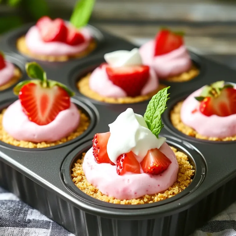 To make these tasty cheesecake bites, gather these simple ingredients: - 1 cup graham cracker crumbs - 1/4 cup melted coconut oil - 1/4 cup honey or maple syrup - 8 oz cream cheese, softened - 1/3 cup powdered sugar - 1 teaspoon vanilla extract - 1 cup fresh strawberries, chopped - 1/4 cup whipped cream (optional, for topping) - Fresh mint leaves (for garnish, optional) These ingredients blend together to create a creamy, fruity treat that bursts with flavor. You can make your cheesecake bites even more special with some fun toppings: - A dollop of whipped cream adds a nice touch. - A fresh slice of strawberry on top looks pretty and tastes great. - Mint leaves can enhance the look and add a fresh flavor. Feel free to mix and match these toppings to suit your taste! If you need to swap some ingredients, here are a few easy ideas: - Instead of graham cracker crumbs, use crushed cookies or nuts for a different base. - Swap coconut oil for unsalted butter if you prefer. - For a vegan option, use a plant-based cream cheese. - Maple syrup can replace honey for a vegan-friendly sweetener. These substitutions can help you tailor the recipe to your dietary needs while keeping it delicious! For the crust, grab a mixing bowl. Add 1 cup of graham cracker crumbs, 1/4 cup of melted coconut oil, and 1/4 cup of honey or maple syrup. Mix these until everything is well combined. The mixture should feel like damp sand. This texture helps it hold together well. Next, take a mini muffin tin and line it with paper liners. Divide the crumb mixture evenly among the cups. Press down firmly to shape each crust. Make sure it is compact. A firm crust will keep the bites intact. In a separate bowl, take 8 oz of softened cream cheese. Beat it until smooth and creamy. Then, add 1/3 cup of powdered sugar and 1 teaspoon of vanilla extract. Mix well until it is fully combined. This should take only a minute or two. Now, chop 1 cup of fresh strawberries. Gently fold the chopped strawberries into the cream cheese mixture. Be careful not to crush them too much. You want nice bits of strawberry in each bite. Now it's time to fill the crusts. Spoon the strawberry cheesecake filling over each crust in the muffin tin. Use a spatula to smooth the tops. Make sure each bite is filled to the brim. Once filled, place the muffin tin in the fridge. Let them chill for at least 2 hours. This helps the bites firm up nicely. When they are set, carefully remove them from the tin and peel off the paper liners. If you like, you can add a dollop of whipped cream on top of each bite. A slice of fresh strawberry and a mint leaf can add a nice touch as well. Enjoy your tasty no-bake treats! To get a smooth cream cheese mixture, start with softened cream cheese. Cold cream cheese can be lumpy. I like to let it sit at room temp for about 30 minutes. Then, use a hand mixer or a whisk to beat it well. Mix until it's creamy and free of lumps. Adding the powdered sugar and vanilla helps too. Make sure to mix it all together until you see no white bits. Pressing the crust firmly is key for good bites. Use the back of a spoon or your fingers. I find that pressing down in the middle first works best. Then, push it out toward the edges. This helps the crust hold together. Make sure each bite has a solid base. If it feels too loose, give it another press. A firm crust keeps the filling from leaking out. Store these bites in the fridge. Use an airtight container to keep them fresh. They last about 3 days. If you want to serve them later, wait to add toppings. Top each bite just before serving. I love to add a dollop of whipped cream and a fresh strawberry slice. A mint leaf on top adds a nice touch. These bites are great for parties or just a sweet treat at home! {{image_2}} You can switch up the fruit in these cheesecake bites. Blueberries, raspberries, and even peaches work great. Each fruit brings its own flavor and color. For blueberries, use a cup of fresh ones. For raspberries, mash them slightly before mixing. Peaches add a nice sweetness. Whatever fruit you choose, it can make your bites unique and fun. If you want a dairy-free treat, swap cream cheese for cashew cream. Soak cashews in water overnight, then blend until smooth. Use maple syrup instead of honey for a vegan option. Coconut cream can also replace whipped cream. These changes keep the bites creamy and delicious without dairy. Mixing in flavors can make your cheesecake bites special. Try adding lemon zest or a splash of almond extract. This will brighten the taste. You could also fold in chocolate chips for a sweet twist. Another option is to add spices like cinnamon or nutmeg. Each flavor gives a new and exciting taste to your bites. To keep your no bake strawberry cheesecake bites fresh, store them in an airtight container. I like to use glass containers with tight lids. This helps keep the bites from drying out. If you have any toppings, like whipped cream, add them just before serving. These bites usually last for about 3 to 5 days in the fridge. Make sure to check for any signs of spoilage before digging in. If they look or smell off, it’s best to throw them away. I recommend enjoying them within the first few days for the best taste. If you want to keep them longer, you can freeze the cheesecake bites. Place them in a single layer on a baking sheet. Once they are frozen solid, transfer them to a freezer-safe bag or container. They can last up to 2 months in the freezer. To eat, just thaw them in the fridge overnight. Yes, you can make these cheesecake bites ahead of time. They are perfect for meal prep. Just follow the recipe and store them in the fridge. They taste best when chilled. You can make them a day or two in advance. Just keep them covered to stay fresh. If you don't have a mini muffin tin, don't worry! You can use small cups or ramekins instead. Just make sure they are the right size for bites. You can also use a regular muffin tin. Your bites will just be a bit larger. Just adjust the chilling time since larger bites may take longer to set. You can tell they are set when they feel firm to the touch. After chilling for at least 2 hours, check them. If they hold their shape and do not wobble, they are ready. You can also check by gently pressing the top. If it feels solid, they are good to go! In this post, we covered how to make no-bake strawberry cheesecake bites. We discussed key ingredients, optional toppings, and handy substitutions. The step-by-step instructions guide you through preparing the crust and filling, then assembling the bites. We shared tips for a smooth cream cheese mix and firm crust. You learned about variations using different fruits and dairy-free options. Finally, storage tips ensure your bites stay fresh. Enjoy this easy treat, perfect for any occasion!