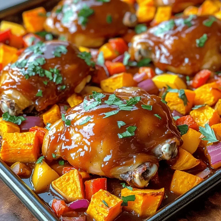 - 4 boneless, skinless chicken thighs - 2 medium sweet potatoes, peeled and diced - 1 red bell pepper, sliced - 1 yellow bell pepper, sliced - 1 red onion, chopped - 1 cup BBQ sauce (your favorite brand) - 2 tablespoons olive oil - 1 teaspoon smoked paprika - 1 teaspoon garlic powder - Salt and pepper to taste - Fresh parsley for garnish (optional) For this BBQ Chicken Sweet Potato Sheet Pan, you need simple but fresh ingredients. Start with the chicken. I like using boneless, skinless thighs. They are juicy and cook evenly. Next, sweet potatoes add a nice sweet touch. Peel and dice them into small cubes. Add color with red and yellow bell peppers. Slice them thin for even cooking. Chop a red onion for depth in flavor. Now for the seasoning and sauce. Choose your favorite BBQ sauce. It brings that smoky, sweet taste. You will need olive oil for roasting. This helps the veggies get crispy and brown. Smoked paprika and garlic powder add a warm flavor. Don’t forget salt and pepper to taste! For a fresh look, garnish with parsley at the end. This dish is not just tasty; it’s a feast for the eyes too! - Preheat the oven to 425°F (220°C). - Peel and dice the sweet potatoes. - Slice the red and yellow bell peppers. - In a large bowl, mix the sweet potatoes, bell peppers, and chopped red onion. - Drizzle with olive oil and sprinkle with smoked paprika, garlic powder, salt, and pepper. - Toss the mix until all the veggies are coated. - Spread the vegetable mix evenly on a large sheet pan. - In the same bowl, add the chicken thighs. - Pour half of the BBQ sauce over the chicken. - Toss to coat the chicken well. - Place the chicken on top of the veggies on the sheet pan. - Brush the remaining BBQ sauce over the chicken for extra flavor. - Bake in the preheated oven for 25-30 minutes. - Check that the chicken reaches an internal temperature of 165°F (75°C). - The sweet potatoes should be tender. - If you want a charred look, broil for 3-5 minutes. - Keep a close eye to prevent burning. To make sure your chicken is safe to eat, check the internal temperature. It should reach 165°F (75°C). Use a meat thermometer for best results. Ovens can vary, so you might need to adjust your cooking time. If your oven runs hot, watch your food closely to avoid burning. Choosing the right BBQ sauce is key to great taste. Go for a sauce that you enjoy. Sweet, tangy, or spicy, pick what fits your mood. You can also try different seasoning ideas. Add a pinch of cayenne for heat or switch smoked paprika for regular paprika. This can change the dish's flavor profile. Garnish your dish with fresh parsley for a pop of color. It adds a nice touch and makes the meal look special. For serving suggestions, place everything on a large platter. This makes it easy for everyone to help themselves. You can also pair it with a crisp salad for a fresh contrast. {{image_2}} You can switch up the protein in this dish. Using chicken breasts works well if you prefer a leaner option. They cook fast and stay juicy. Just keep an eye on them while baking. If you want a vegetarian choice, try tofu or tempeh. Both soak up flavors well. Cut them into cubes and toss them with BBQ sauce. Place them on the pan with the veggies. Bake until heated through. This recipe is flexible with veggies. Add zucchini for a fresh twist. It cooks fast and adds a nice crunch. Broccoli is another great option. It pairs well with BBQ flavors. You can also swap in seasonal vegetables. Think carrots in the fall or asparagus in spring. This keeps the meal fresh and exciting all year round. Don’t be afraid to play with flavors. Different BBQ sauces can change the whole dish. Try a smoky sauce for a bold taste. A sweet sauce adds a nice glaze. You can also add spice blends for some heat. Paprika gives warmth, while cayenne pepper adds a kick. Mix and match to find your favorite flavor profile. To keep your BBQ chicken and sweet potatoes fresh, place leftovers in airtight containers. This helps prevent moisture loss and keeps flavors intact. Store them in the fridge. Leftovers can last up to 3-4 days. If you want to save some for later, freeze the leftovers. Place them in freezer-safe bags. Remove as much air as possible before sealing. This helps avoid freezer burn. When you are ready to eat them, thaw overnight in the fridge. To reheat, bake in the oven at 350°F (175°C) until heated through. This keeps the chicken juicy and the sweet potatoes soft. You can also use a microwave for quick reheating. Just be sure to cover the container to keep the moisture in! Yes, you can prep some parts ahead of time. Chop the sweet potatoes, peppers, and onions a day before. Store them in the fridge in a sealed bag. You can also marinate the chicken in the BBQ sauce overnight. This makes cooking quick and easy on the day you want to serve it. This meal pairs well with simple sides. Try a green salad for freshness. Corn on the cob adds sweetness. You can also serve some garlic bread for a nice crunch. If you want something warm, baked beans work great too. The best way is to check the internal temperature. Use a meat thermometer to ensure it reaches 165°F (75°C). This guarantees the chicken is safe and juicy. If you don’t have a thermometer, check that the juices run clear when you cut into it. Sure! You can grill the chicken for a smoky flavor. Cook the sweet potatoes on the grill in a basket. If you prefer slow cooking, place everything in a slow cooker. Cook on low for about 6 hours. Both methods will give a tasty twist to this dish. In this blog post, we explored how to make a delicious BBQ Chicken Sweet Potato Sheet Pan meal. We covered the main ingredients, prep, and cooking steps. I shared tips for perfecting flavor and presentation. You can even substitute proteins or vegetables for variety. Remember to store leftovers properly to enjoy later. This dish is simple and tasty, making it a great choice for busy nights. Enjoy cooking, and don't hesitate to make it your own!