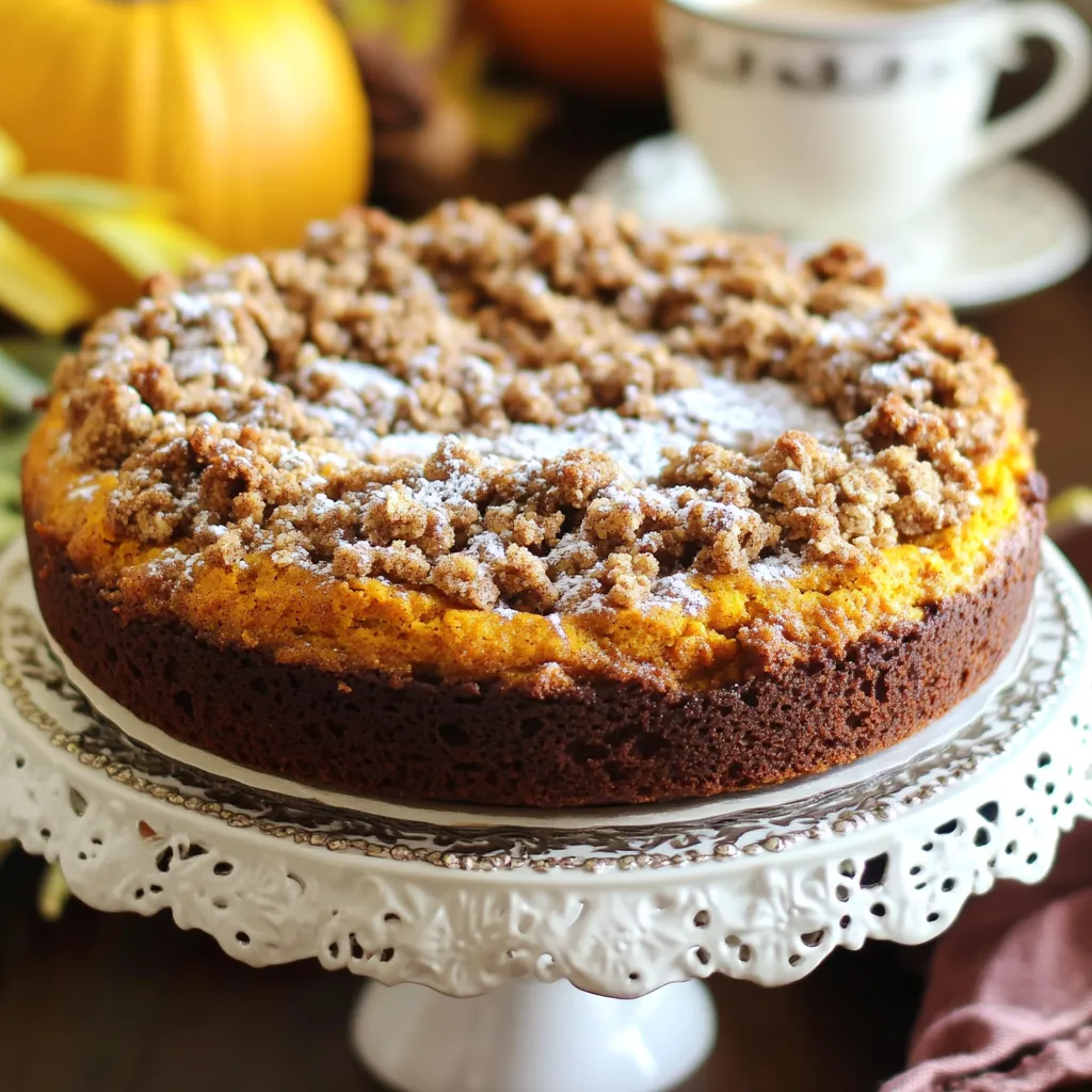 - 2 cups all-purpose flour - 1 teaspoon baking powder - 1 teaspoon baking soda - 1 teaspoon ground cinnamon - ½ teaspoon ground nutmeg - ¼ teaspoon ground ginger - ½ teaspoon salt - 1 cup granulated sugar - ½ cup unsalted butter, softened - 1 cup pumpkin puree - 2 large eggs - 1 teaspoon vanilla extract - ½ cup chopped walnuts or pecans (optional) - ½ cup brown sugar, packed - ¼ cup all-purpose flour - 1 teaspoon ground cinnamon - ¼ cup unsalted butter, melted - ¼ cup rolled oats When I make Pumpkin Streusel Coffee Cake, I love gathering my ingredients first. This helps me stay organized. The dry ingredients are key for texture. I use all-purpose flour, baking powder, and baking soda to give it lift. The spices—cinnamon, nutmeg, and ginger—add warmth and flavor. Salt enhances all the flavors. Next, I focus on the wet ingredients. Granulated sugar and softened butter create a sweet, creamy base. The pumpkin puree gives moisture and a beautiful color. Eggs bind everything together, while vanilla extract adds a nice aroma. If you like a nutty crunch, toss in some chopped walnuts or pecans. Lastly, I prepare the streusel topping. It’s so easy! I mix brown sugar, flour, and cinnamon for sweetness and spice. Melted butter brings it all together, and rolled oats add a hearty crunch. This topping makes the cake extra special. Now you have all the ingredients ready! Let’s move on to making this cake. - Preheat your oven to 350°F (175°C). - Grease a 9x13 inch baking pan. Use butter or cooking spray. - In a large bowl, whisk together the dry ingredients. Combine the flour, baking powder, baking soda, spices, and salt. - In another bowl, cream the butter and sugar. Mix until it feels light and fluffy. - Add the pumpkin puree into the butter and sugar mix. Next, mix in the eggs one at a time. Stir in the vanilla extract until smooth. - Gradually add the dry mix to the wet mix. Stir until the batter is just combined. If you want nuts, fold them in now. - Pour the batter into the greased pan. Smooth the top with a spatula. - For the streusel topping, mix the brown sugar, flour, cinnamon, melted butter, and oats in a separate bowl. Mix until crumbly. - Sprinkle the streusel topping over the batter in the pan. - Bake for 30 to 35 minutes. Check for doneness by inserting a toothpick into the center. It should come out clean. To get the right consistency, mix the flour, baking powder, and spices well. Make sure your butter is softened. This helps it blend smoothly with sugar. If your batter feels too thick, add a splash of milk for moisture. To check if your cake is done, insert a toothpick in the center. If it comes out clean, your cake is ready. If not, bake a few more minutes. Keep an eye on it! Dusting the cooled cake with powdered sugar adds a lovely touch. Use a fine sieve to sprinkle it evenly. This makes your cake look professional and inviting. For serving, slice the cake and place it on a decorative stand. Pair it with a hot cup of coffee. The flavors blend perfectly. Your guests will love the warm, cozy vibe! To boost the flavor, consider adding extra spices. Cloves or allspice can add warmth. Just a pinch can make a big difference. Using different nuts can also change the taste. Try pecans for a softer crunch or almonds for a firmer bite. Each type of nut adds its unique flavor and texture to the cake. {{image_2}} You can easily change the flavor of your pumpkin streusel coffee cake. One fun way is by adding chocolate chips. Just fold in about a cup of semi-sweet chocolate chips into the batter. This adds sweetness and a rich flavor. You can also use different types of squash, like butternut or acorn squash. They can give a different taste and texture while keeping that lovely fall feel. If you need gluten-free options, replace the all-purpose flour with a gluten-free blend. Many brands work well in baking. For those who want vegan options, you can substitute eggs with flaxseed meal. Mix one tablespoon of flaxseed meal with three tablespoons of water. Let it sit until it thickens. You can also use coconut oil or vegan butter instead of regular butter. This keeps your coffee cake moist and tasty without dairy. To make your coffee cake festive, consider adding seasonal spices. Cinnamon, nutmeg, and cloves work wonders. You can also decorate with cranberries or pecans on top for a holiday touch. Another idea is to serve it with a warm spiced cider. This turns your coffee cake into a cozy treat for any fall gathering. You can even slice it into fun shapes for Halloween! To keep your Pumpkin Streusel Coffee Cake fresh, store it at room temperature. Use an airtight container to protect it from air and moisture. If you have leftover cake, cover it with plastic wrap or foil. This helps maintain its softness for up to three days. If you want to save some for later, freezing is a great option. First, let the cake cool completely. Then, wrap it tightly in plastic wrap and aluminum foil. This prevents freezer burn. You can freeze the cake for up to three months. When you're ready to enjoy it, take the cake out of the freezer. Place it in the fridge overnight to thaw. For quicker thawing, leave it at room temperature for about two hours. After thawing, you can serve it as is, or warm it slightly in the oven for a cozy treat. At room temperature, the cake lasts about three days. If you store it in the fridge, it can last up to a week. Always check for signs of spoilage. If the cake smells off or you see mold, it’s best to discard it. Keeping an eye on your cake ensures you enjoy it at its best! You can tell your coffee cake is done when a toothpick comes out clean. The top should be golden brown and spring back when lightly touched. If it jiggles, it needs more time. I recommend checking at the 30-minute mark. Every oven is a bit different, so stay alert! Yes, you can make this coffee cake ahead of time. Bake it, then let it cool completely. Wrap it in plastic wrap or foil. Store it at room temperature for up to three days. For longer storage, freeze it for up to three months. Thaw it in the fridge overnight before serving. This coffee cake pairs well with many drinks. I suggest fresh coffee or hot tea. A scoop of vanilla ice cream can add a nice touch. You could also serve it with whipped cream for extra creaminess. Enjoy it with loved ones for a cozy fall treat! This article covered the ingredients and steps for making a delicious Pumpkin Streusel Coffee Cake. You learned about dry and wet ingredients, how to mix and bake the cake, and storage tips. We also explored flavor variations and presentation ideas. With some practice, you can make this cake perfect. It’s a great treat for any occasion, so enjoy baking and sharing it! Always feel free to experiment with your own twists to make it unique. Happy baking!