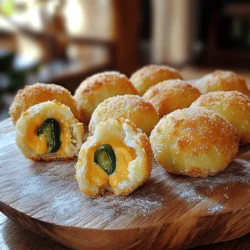 - 1 cup all-purpose flour - 1 tsp baking powder - 1/2 tsp salt - 1/4 tsp black pepper - 1/2 cup shredded sharp cheddar cheese - 2-3 fresh jalapeños, finely chopped (seeds removed for less heat) - 1/2 cup cream cheese, softened - 1/4 cup milk - 1 egg, beaten - Cooking spray The main ingredients in jalapeño cheddar bites create a perfect mix of flavor and texture. The all-purpose flour gives structure, while the baking powder helps the bites puff up. Salt and black pepper add a bit of seasoning. The sharp cheddar cheese provides a rich, cheesy taste that pairs well with jalapeños. - Chopped green onions - Crumbled bacon bits - Garlic powder If you want more flavor, consider adding chopped green onions or crumbled bacon bits. Garlic powder can also enhance the taste, giving it a nice kick. These options bring new layers and make each bite even tastier. - Whole wheat flour for all-purpose flour - Pepper jack cheese instead of cheddar cheese - Greek yogurt for cream cheese You can swap whole wheat flour for all-purpose flour for a healthier option. Try pepper jack cheese if you want extra spiciness. Greek yogurt can replace cream cheese and still keep the bites creamy. These swaps let you enjoy the recipe while catering to your tastes. Start by getting a large mixing bowl. Add 1 cup of all-purpose flour, 1 teaspoon of baking powder, 1/2 teaspoon of salt, and 1/4 teaspoon of black pepper. Mix these dry ingredients well. This blend gives the bites a nice flavor. Next, fold in 1/2 cup of shredded sharp cheddar cheese and 2-3 finely chopped jalapeños. If you want less heat, remove the seeds from the jalapeños. In another bowl, take 1/2 cup of softened cream cheese. Mix it with 1/4 cup of milk and 1 beaten egg. Stir until the mixture is smooth. Now, add this wet mix to your dry ingredients. Stir gently until a dough forms. Be careful not to overmix. It's time to preheat your air fryer. Set it to 350°F (175°C). Preheating helps the bites cook evenly. While it heats, you can prepare the dough mounds. Once the air fryer is ready, use a spoon or cookie scoop to drop small mounds of dough. Place them on parchment paper or directly in the air fryer basket. Leave some space between each mound. Lightly spray the tops with cooking spray. This helps them get crispy. Air fry the jalapeño cheddar bites for about 8-10 minutes. They should turn golden brown and puffed up. Let them cool slightly before serving. Enjoy these tasty bites! To get the right texture for jalapeño cheddar bites, follow these steps: - Use fresh ingredients. Fresh jalapeños and cheese make a big difference. - Mix gently. Overmixing can make the bites tough. Just combine until smooth. - Don’t skip the cream cheese. It adds creaminess and helps bind the dough. Here are some pitfalls to watch out for: - Using too much flour. This can make the bites dry. Measure carefully. - Forgetting to spray the bites. A light spray helps them crisp up. - Not spacing them out. Give each bite room to puff up. This keeps them from sticking. These bites shine with fun dips and sides: - Serve with ranch dressing for a cool contrast. - Pair with salsa for a spicy kick. - Add a side of pickled veggies for crunch and flavor. Enjoy them as a snack, appetizer, or party treat! {{image_2}} You can spice up your jalapeño cheddar bites easily. Add diced habaneros for more heat. You can also mix in some chopped green onions for a fresh taste. If you like smoky flavors, try adding smoked paprika. This twist will give your bites a unique flavor. To make these bites vegetarian, you can skip the jalapeños. Instead, use bell peppers for a mild flavor. You can also add corn or black beans for extra texture. Just be sure to chop everything finely. This way, the bites stay together and cook well. Experiment with different types of cheese for a new flavor. Pepper jack cheese gives a nice kick. If you prefer something milder, use mozzarella or Monterey Jack. You can even blend different cheeses for a rich taste. Just make sure they melt well in the air fryer. To keep your jalapeño cheddar bites fresh, let them cool first. Place them in an airtight container. Store them in the fridge for up to three days. You can also wrap them in plastic wrap before placing them in the container to keep them extra fresh. When you want to enjoy leftovers, the air fryer is your best friend. Preheat it to 350°F (175°C). Place the bites in the air fryer basket. Heat for about 3-5 minutes until warm. This helps to restore the crispiness. You can also use a microwave, but they won't be as crispy. Heat them in short bursts of 30 seconds, checking often. You can freeze jalapeño cheddar bites for up to three months. Arrange them on a baking sheet in a single layer. Freeze until solid, then transfer them to a freezer bag. To thaw, just leave them in the fridge overnight. For a quick thaw, use the microwave. Then, reheat in the air fryer for a perfect snack! Yes, you can make these bites ahead of time. Prepare the dough and form the bites. Then, place them on a baking sheet and cover with plastic wrap. Refrigerate for up to 24 hours. When ready, air fry them straight from the fridge. This saves time when you want a quick snack. I love serving jalapeño cheddar bites with a few tasty sauces. Here are some great options: - Sour cream: This cools down the heat. - Ranch dressing: A classic pairing that adds creaminess. - Salsa: For a fresh, tangy kick. - Cheese sauce: Because more cheese is always better! No, this recipe uses all-purpose flour, which contains gluten. If you need a gluten-free option, use a gluten-free flour blend. Make sure to check that all other ingredients are also gluten-free. This way, you can enjoy these bites safely! In this blog post, we covered how to make delicious jalapeño cheddar bites. I shared the key ingredients, cooking steps, and helpful tips to achieve the best flavor and texture. We also explored tasty variations and how to store your bites. Jalapeño cheddar bites can be a fun treat for any gathering. The recipe is simple but delivers great taste. Remember to try different spices or cheese for added flair. Enjoy making and sharing your bites!