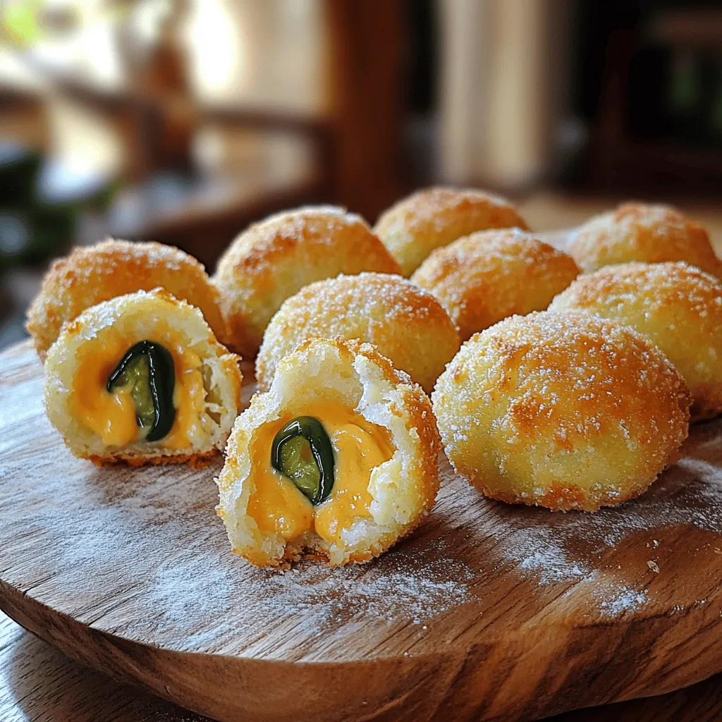 - 1 cup all-purpose flour - 1 tsp baking powder - 1/2 tsp salt - 1/4 tsp black pepper - 1/2 cup shredded sharp cheddar cheese - 2-3 fresh jalapeños, finely chopped (seeds removed for less heat) - 1/2 cup cream cheese, softened - 1/4 cup milk - 1 egg, beaten - Cooking spray The main ingredients in jalapeño cheddar bites create a perfect mix of flavor and texture. The all-purpose flour gives structure, while the baking powder helps the bites puff up. Salt and black pepper add a bit of seasoning. The sharp cheddar cheese provides a rich, cheesy taste that pairs well with jalapeños. - Chopped green onions - Crumbled bacon bits - Garlic powder If you want more flavor, consider adding chopped green onions or crumbled bacon bits. Garlic powder can also enhance the taste, giving it a nice kick. These options bring new layers and make each bite even tastier. - Whole wheat flour for all-purpose flour - Pepper jack cheese instead of cheddar cheese - Greek yogurt for cream cheese You can swap whole wheat flour for all-purpose flour for a healthier option. Try pepper jack cheese if you want extra spiciness. Greek yogurt can replace cream cheese and still keep the bites creamy. These swaps let you enjoy the recipe while catering to your tastes. Start by getting a large mixing bowl. Add 1 cup of all-purpose flour, 1 teaspoon of baking powder, 1/2 teaspoon of salt, and 1/4 teaspoon of black pepper. Mix these dry ingredients well. This blend gives the bites a nice flavor. Next, fold in 1/2 cup of shredded sharp cheddar cheese and 2-3 finely chopped jalapeños. If you want less heat, remove the seeds from the jalapeños. In another bowl, take 1/2 cup of softened cream cheese. Mix it with 1/4 cup of milk and 1 beaten egg. Stir until the mixture is smooth. Now, add this wet mix to your dry ingredients. Stir gently until a dough forms. Be careful not to overmix. It's time to preheat your air fryer. Set it to 350°F (175°C). Preheating helps the bites cook evenly. While it heats, you can prepare the dough mounds. Once the air fryer is ready, use a spoon or cookie scoop to drop small mounds of dough. Place them on parchment paper or directly in the air fryer basket. Leave some space between each mound. Lightly spray the tops with cooking spray. This helps them get crispy. Air fry the jalapeño cheddar bites for about 8-10 minutes. They should turn golden brown and puffed up. Let them cool slightly before serving. Enjoy these tasty bites! To get the right texture for jalapeño cheddar bites, follow these steps: - Use fresh ingredients. Fresh jalapeños and cheese make a big difference. - Mix gently. Overmixing can make the bites tough. Just combine until smooth. - Don’t skip the cream cheese. It adds creaminess and helps bind the dough. Here are some pitfalls to watch out for: - Using too much flour. This can make the bites dry. Measure carefully. - Forgetting to spray the bites. A light spray helps them crisp up. - Not spacing them out. Give each bite room to puff up. This keeps them from sticking. These bites shine with fun dips and sides: - Serve with ranch dressing for a cool contrast. - Pair with salsa for a spicy kick. - Add a side of pickled veggies for crunch and flavor. Enjoy them as a snack, appetizer, or party treat! {{image_2}} You can spice up your jalapeño cheddar bites easily. Add diced habaneros for more heat. You can also mix in some chopped green onions for a fresh taste. If you like smoky flavors, try adding smoked paprika. This twist will give your bites a unique flavor. To make these bites vegetarian, you can skip the jalapeños. Instead, use bell peppers for a mild flavor. You can also add corn or black beans for extra texture. Just be sure to chop everything finely. This way, the bites stay together and cook well. Experiment with different types of cheese for a new flavor. Pepper jack cheese gives a nice kick. If you prefer something milder, use mozzarella or Monterey Jack. You can even blend different cheeses for a rich taste. Just make sure they melt well in the air fryer. To keep your jalapeño cheddar bites fresh, let them cool first. Place them in an airtight container. Store them in the fridge for up to three days. You can also wrap them in plastic wrap before placing them in the container to keep them extra fresh. When you want to enjoy leftovers, the air fryer is your best friend. Preheat it to 350°F (175°C). Place the bites in the air fryer basket. Heat for about 3-5 minutes until warm. This helps to restore the crispiness. You can also use a microwave, but they won't be as crispy. Heat them in short bursts of 30 seconds, checking often. You can freeze jalapeño cheddar bites for up to three months. Arrange them on a baking sheet in a single layer. Freeze until solid, then transfer them to a freezer bag. To thaw, just leave them in the fridge overnight. For a quick thaw, use the microwave. Then, reheat in the air fryer for a perfect snack! Yes, you can make these bites ahead of time. Prepare the dough and form the bites. Then, place them on a baking sheet and cover with plastic wrap. Refrigerate for up to 24 hours. When ready, air fry them straight from the fridge. This saves time when you want a quick snack. I love serving jalapeño cheddar bites with a few tasty sauces. Here are some great options: - Sour cream: This cools down the heat. - Ranch dressing: A classic pairing that adds creaminess. - Salsa: For a fresh, tangy kick. - Cheese sauce: Because more cheese is always better! No, this recipe uses all-purpose flour, which contains gluten. If you need a gluten-free option, use a gluten-free flour blend. Make sure to check that all other ingredients are also gluten-free. This way, you can enjoy these bites safely! In this blog post, we covered how to make delicious jalapeño cheddar bites. I shared the key ingredients, cooking steps, and helpful tips to achieve the best flavor and texture. We also explored tasty variations and how to store your bites. Jalapeño cheddar bites can be a fun treat for any gathering. The recipe is simple but delivers great taste. Remember to try different spices or cheese for added flair. Enjoy making and sharing your bites!