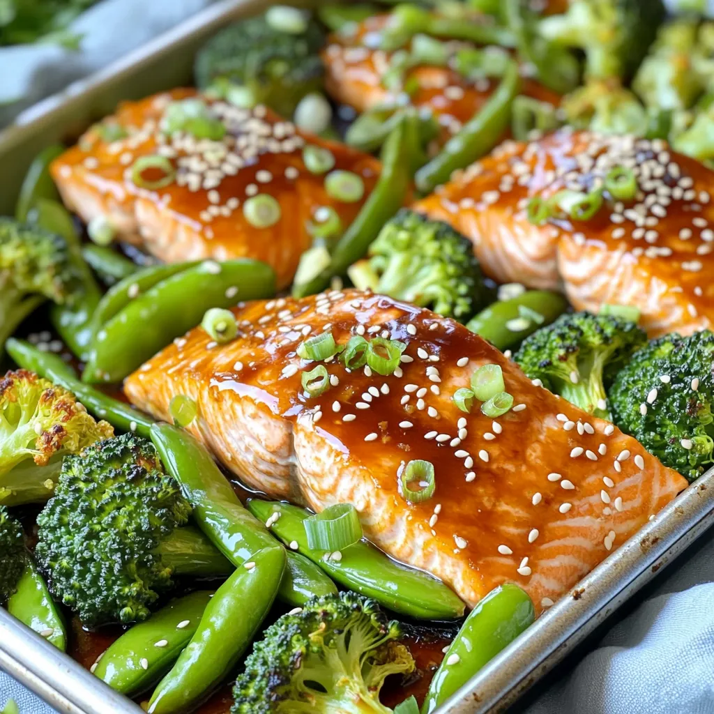 - 4 salmon fillets (6 oz each) - 2 cups broccoli florets - 1 cup snap peas For this flavorful sheet-pan dish, I start with salmon fillets. They are rich and tasty. I choose fresh broccoli florets and snap peas. These add crunch and color to the plate. - 1/4 cup teriyaki sauce - 2 tablespoons sesame oil - 1 teaspoon fresh ginger, minced - 2 cloves garlic, minced Next, I make a delicious marinade. I mix teriyaki sauce and sesame oil in a bowl. Then, I add minced ginger and garlic. This mix gives the salmon and veggies a sweet and savory taste. - 1 tablespoon sesame seeds (for garnish) - 3 green onions, sliced (for garnish) - 1 tablespoon honey or maple syrup Finally, I sprinkle sesame seeds and sliced green onions on top. They make the dish look nice and add extra flavor. I also use honey or maple syrup for a touch of sweetness. This recipe is both simple and packed with flavor! 1. Preheat the oven and prepare the sheet pan: Start by setting your oven to 400°F (200°C). This helps the salmon cook evenly. Line a large sheet pan with parchment paper. This makes cleanup easy and keeps things tidy. 2. Whisk together marinade ingredients: In a small bowl, mix the teriyaki sauce, sesame oil, minced ginger, minced garlic, and honey or maple syrup. This marinade adds a rich flavor to the dish. 1. Position salmon on the sheet pan: Place the salmon fillets skin-side down on one side of your pan. Season them with salt and pepper. Brush half of the marinade over the salmon. This ensures they soak up all the tasty flavors. 2. Add broccoli and snap peas: On the other side of the sheet pan, arrange the broccoli florets and snap peas. Drizzle the remaining marinade over the veggies. Toss them gently to coat well. This step gives the vegetables a nice glaze. 1. Set the timer and check for doneness: Bake the pan in the preheated oven for about 12-15 minutes. Check the salmon to make sure it flakes easily with a fork. The vegetables should be tender and roasted. 2. Add garnishes before serving: After baking, sprinkle sesame seeds and sliced green onions on top. This adds a nice crunch and fresh flavor. Serve warm, drizzling any leftover teriyaki sauce over the salmon and vegetables as you like. To ensure your salmon cooks perfectly, monitor the time closely. Bake it for 12 to 15 minutes. The fish should flake easily with a fork when done. If you like a crisp top, broil it for the last minute. For the best roasted vegetables, cut broccoli and snap peas evenly. This helps them cook at the same rate. Toss them in the marinade well for flavor. Make sure to spread them out on the pan. Crowding can cause steaming, not roasting. You can enhance the teriyaki flavor by adding a splash of lime juice. It brightens the dish and adds a fresh taste. You might also try mixing in some chili flakes for a hint of heat. If you want different flavors, use a miso glaze instead. A honey soy marinade also works well if you prefer a sweeter taste. Don’t shy away from experimenting; cooking is all about creativity! For ideal side dishes, serve this meal with fluffy rice or quinoa. They soak up the teriyaki sauce well. You can also add a simple salad for crunch. For special occasions, plate the salmon and veggies nicely. Drizzle extra teriyaki sauce over the top. Garnish with sesame seeds and green onions for a pop of color. This makes the dish feel festive and inviting! {{image_2}} You can easily swap the salmon for other proteins. - Chicken Breast: Use skinless chicken breasts for a lean option. - Tofu: Firm tofu is a great choice for a vegetarian meal. For a vegan option, try marinated tempeh. It absorbs flavors well and adds protein. Feel free to get creative with your veggies! - Bell Peppers: Add sliced bell peppers for a sweet crunch. - Carrots: Thinly sliced carrots add color and sweetness. You can also use seasonal vegetables. In summer, try zucchini or asparagus. In fall, opt for Brussels sprouts or butternut squash. Want more heat? - Add red pepper flakes to the marinade. - For a spicy kick, drizzle sriracha over the finished dish. If your family prefers milder flavors, skip the spices. You can also serve the teriyaki sauce on the side for dipping. To keep your dish fresh, store leftovers in the fridge. Use airtight containers for best results. This will keep the salmon and veggies safe and tasty. Place the salmon and broccoli in separate sections. This way, they stay fresh longer. Eat leftovers within three days for the best flavor. When it’s time to eat again, reheating is key. The best way to reheat salmon is in the oven. Set your oven to 350°F (175°C). Place the salmon and veggies on a baking sheet. Heat for about 10 minutes. This warms the food without drying it out. You can also use a microwave. If you do, heat in short bursts. Check every 30 seconds to keep it moist. A damp paper towel over the dish helps too. You can freeze this dish if you want to save it for later. First, let it cool completely. Then, place the salmon and veggies in freezer-safe bags. Squeeze out all the air before sealing. This prevents freezer burn. For the best taste, use within three months. When you’re ready to eat, thaw it in the fridge overnight. This keeps it juicy and flavorful. Cooking time depends on the thickness of the salmon. For fillets that are about 1 inch thick, it usually takes 12 to 15 minutes at 400°F (200°C). Thicker pieces might need an extra 2 to 3 minutes. Always check that the salmon flakes easily with a fork to know it’s done. Yes, you can use frozen salmon. Just make sure to thaw it first. To do this, place the salmon in the fridge overnight. If you're short on time, you can run it under cold water for about 30 minutes. Frozen salmon may take a minute or two longer to cook, so keep an eye on it. Serving ideas include white rice or quinoa for a filling base. You can also add a fresh salad or some steamed rice noodles. For a crisp touch, try pairing it with cucumber salad or pickled vegetables. These sides enhance the flavors and make your meal even more delightful. This blog post covered how to make a tasty teriyaki salmon sheet pan meal. We discussed ingredients like fresh salmon, broccoli, and snap peas. I shared step-by-step instructions for preparing, arranging, and baking. You learned cooking tips, variations for proteins and veggies, and how to store leftovers. Now, you can impress friends and family with this easy, flavorful dish. Enjoy exploring your options and making this meal your own!