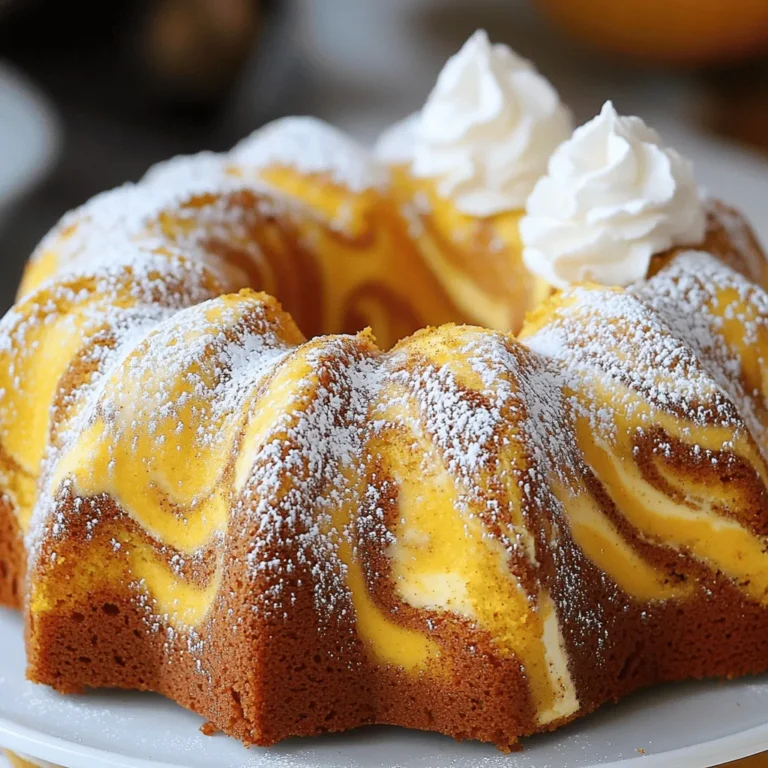 To make this delightful pumpkin cream cheese Bundt cake, you will need: - 2 cups all-purpose flour - 1 teaspoon baking powder - 1 teaspoon baking soda - 1 teaspoon ground cinnamon - ½ teaspoon ground nutmeg - ½ teaspoon ground ginger - ½ teaspoon salt - 1 cup granulated sugar - ½ cup brown sugar, packed - 1 cup vegetable oil - 4 large eggs - 1 can (15 oz) pumpkin puree - 1 teaspoon vanilla extract These ingredients work together to create a moist and flavorful cake. The pumpkin puree adds richness, while the spices bring warmth. For the cream cheese filling, gather these items: - 8 oz cream cheese, softened - ⅓ cup powdered sugar - 1 large egg - 1 teaspoon vanilla extract This filling adds a creamy texture that complements the pumpkin cake perfectly. You may want to tweak the recipe to fit your needs. Here are some common substitutions: - Swap all-purpose flour for gluten-free flour to make it gluten-free. - Use coconut oil instead of vegetable oil for a different flavor. - Replace brown sugar with honey or maple syrup for a natural sweetener. - Use Greek yogurt instead of cream cheese for a lighter filling. These substitutions help you customize the cake while keeping it delicious. Start by preheating your oven to 350°F (175°C). This heat will help the cake bake evenly. Next, you need to prepare the Bundt pan. Take a 10-cup Bundt pan and grease it well with butter or oil. Then, dust it lightly with flour. This step helps the cake come out easily after baking. In a medium bowl, whisk together the dry ingredients. Combine 2 cups of all-purpose flour, 1 teaspoon of baking powder, 1 teaspoon of baking soda, 1 teaspoon of ground cinnamon, ½ teaspoon of ground nutmeg, ½ teaspoon of ground ginger, and ½ teaspoon of salt. Set this mix aside. In a large bowl, mix 1 cup of granulated sugar, ½ cup of brown sugar, and 1 cup of vegetable oil until smooth. Add 4 large eggs, one at a time, beating well after each. Then, stir in 1 can of pumpkin puree and 1 teaspoon of vanilla extract. Now, gradually add the dry mix to the wet mix. Stir gently until just combined. Be careful not to overmix, or your cake may not be fluffy. For the cream cheese filling, take 8 oz of softened cream cheese in a separate bowl. Beat it with ⅓ cup of powdered sugar, 1 large egg, and 1 teaspoon of vanilla extract. Mix until smooth and creamy. This filling will add a rich flavor to your cake. Pour half of the pumpkin batter into the prepared Bundt pan. Spoon the cream cheese filling over this layer. Then, spread the remaining pumpkin batter on top. To create a marbled effect, take a knife and gently swirl the batter. Be careful not to overmix the layers. Place the pan in the oven and bake for 50-60 minutes. Check if it's done by inserting a toothpick in the center. If it comes out clean, the cake is ready. After baking, let the cake cool in the pan for about 15 minutes. Then, carefully invert it onto a wire rack to cool completely. This cooling step is important for the cake to set properly and maintain its shape. To get that lovely marble effect, you want to be gentle. First, pour half of your pumpkin batter into the Bundt pan. Next, add the cream cheese filling in dollops. Then, top it off with the rest of the batter. Use a knife to swirl the layers together. Do not stir too much. Just a few gentle swirls will do. This keeps the distinct layers visible. A moist cake is key. Start with good ingredients. Use fresh eggs and quality pumpkin puree. You can also add a bit more oil if the mix feels dry. Also, do not overmix your batter. When you combine wet and dry ingredients, mix just until blended. Overmixing can make your cake dense. Lastly, check your oven temperature. An oven that is too hot can dry out the cake. Baking is science. Preheat your oven to the right temperature. Use an oven thermometer if you have one. This helps ensure even baking. Grease and flour the Bundt pan well. This helps the cake come out smoothly. Always check for doneness with a toothpick. If it comes out clean, your cake is ready. Let it cool for a bit in the pan before flipping it out. This helps keep its shape. {{image_2}} You can make this cake gluten-free. Use a gluten-free flour blend instead of all-purpose flour. Look for blends that contain xanthan gum. This helps the cake stay moist and fluffy. You might not notice a big taste change. Just follow the other steps in the recipe. Your cake will still taste great! Spices can change the flavor of your cake. You can add more spices for extra taste. Consider adding allspice or cloves. These spices give warmth and depth. You can also try a dash of vanilla bean paste. It adds a rich flavor that pairs well with pumpkin. Feel free to experiment with what you like best! Adding nuts can add crunch to your cake. Chopped walnuts or pecans work well. You can fold them into the batter before baking. If you prefer chocolate, try adding chocolate chips. They melt and create pockets of sweetness. Both options will make your cake even more delicious! After baking, let your cake cool in the pan for 15 minutes. This step helps it set. Then, turn it out onto a wire rack. Make sure it cools completely before storing. Wrap the cake tightly in plastic wrap or foil. This keeps it moist and fresh. Store it in an airtight container for best results. You can freeze this cake if you want to save some for later. First, cool it completely. Then, wrap it well in plastic wrap. Follow this with a layer of foil. This protects it from freezer burn. You can freeze it for up to three months. When ready to enjoy, let it thaw in the fridge overnight. In the fridge, this cake lasts for about five days. Keep it in an airtight container for freshness. If you see any signs of mold or unusual smells, it's best to toss it. Enjoy your delicious cake while it's still fresh! Yes, you can use fresh pumpkin. Start with a small pumpkin. Cook it until soft, then scoop out the flesh. Mash it until smooth. Use the same amount as canned pumpkin, about 1 cup. Fresh pumpkin adds a bright flavor to your cake. To prevent sticking, grease your Bundt pan well. Use a non-stick spray or butter. Dust with flour, tapping out any excess. Let the cake cool for 15 minutes in the pan. This helps it release easily. This cake pairs well with whipped cream. A sprinkle of cinnamon adds warmth. You can also drizzle caramel on top for sweetness. Serve it with a warm drink, like chai or coffee, for a cozy treat. Yes, you can make this cake ahead of time. Bake it and let it cool completely. Wrap it tightly in plastic wrap. Store it in the fridge for up to four days. You can also freeze it for up to three months. Just thaw it before serving. In this post, we explored key ingredients for your cake and filling. We discussed how to mix and bake your Bundt cake for the best results. I shared tips to create a perfect marble effect and keep your cake moist. You learned variations like gluten-free options and flavor enhancements. Finally, we covered storage methods and common FAQs to guide you. With these insights, you're ready to bake an amazing Pumpkin Cream Cheese Bundt Cake that everyone will love. Enjoy your baking journey and share your delicious creations!