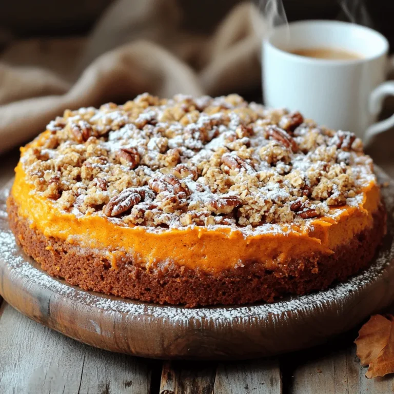 - 1 ½ cups all-purpose flour - 1 cup canned pumpkin puree - ½ cup granulated sugar - ½ cup brown sugar - ⅓ cup vegetable oil - 2 large eggs - 1 teaspoon vanilla extract - 1 teaspoon baking powder - ½ teaspoon baking soda - ½ teaspoon salt - 1 teaspoon ground cinnamon - ½ teaspoon ground nutmeg - ¼ teaspoon ground ginger - ½ cup rolled oats - ½ cup all-purpose flour - ⅓ cup brown sugar - 1 teaspoon ground cinnamon - ¼ cup unsalted butter, melted - ½ cup chopped pecans or walnuts (optional) The cake uses simple ingredients. Canned pumpkin puree gives it moisture and flavor. Granulated and brown sugars add sweetness and depth. The spices bring warmth and a lovely aroma to the cake. The streusel topping adds a crunchy layer. Rolled oats and flour create a nice texture. Brown sugar and cinnamon give it sweetness and spice. The melted butter binds it all together. If you like, add chopped nuts for extra crunch. Gather these ingredients before you start. It makes baking smooth and fun. Plus, you will enjoy the process of creating this lovely treat! 1. Preheat your oven to 350°F (175°C). Grease a 9-inch round cake pan or a 9x9-inch square dish with butter or cooking spray. 2. In a large bowl, mix the canned pumpkin puree, granulated sugar, brown sugar, vegetable oil, eggs, and vanilla extract. Whisk until smooth and well combined. 3. In another bowl, sift together the flour, baking powder, baking soda, salt, cinnamon, nutmeg, and ginger. Gradually blend this dry mixture into the wet mixture. Stir until just combined, but don’t overmix. 1. In a medium bowl, combine rolled oats, flour, brown sugar, and cinnamon. 2. Drizzle the melted butter over this mix. Use a fork to combine until it becomes crumbly. 3. If you like, add in chopped nuts for extra crunch. This step is optional but highly recommended. 1. Pour the cake batter into the prepared pan. Spread it evenly with a spatula. 2. Evenly sprinkle the streusel topping over the cake batter. Make sure to cover it well. 3. Bake in the oven for 30-35 minutes. Use a toothpick to check for doneness; it should come out clean. 4. Once baked, let the coffee cake cool in the pan for about 10 minutes. Then transfer it to a wire rack to cool completely before serving. - Use room temperature ingredients. This helps the cake mix evenly and rise well. - Check for doneness with a toothpick. Insert it in the center; it should come out clean. - Rotate the cake halfway through baking. This ensures it cooks evenly on all sides. - Dust the cake with powdered sugar. This adds a nice touch and looks elegant. - Enjoy it with a cup of coffee or a dollop of whipped cream. It makes each bite even better. - You can swap granulated sugar with coconut sugar for a different flavor. - Try honey or maple syrup instead of brown sugar for a unique taste. - Use canola oil or melted coconut oil in place of vegetable oil. - For a dairy-free option, you can replace eggs with flaxseed meal mixed with water. {{image_2}} You can make this pumpkin streusel coffee cake even more exciting. One great way is to add chocolate chips. They melt into the cake and create a rich taste. You can also try adding dried cranberries. They add a nice tartness that balances the sweet pumpkin. Another idea is to enhance the spices. You can mix in clove or allspice. These spices bring warmth and depth to the cake. They make each bite feel cozy and comforting. If you need gluten-free options, you can use almond flour or oat flour. These flours work well and keep the cake moist. Make sure to add a bit more baking powder for rise. For vegan adaptations, you can replace eggs with flax eggs. Just mix one tablespoon of ground flaxseed with three tablespoons of water. Let it sit for a few minutes. To replace dairy, use almond milk or coconut cream. These swaps keep the flavors rich without using animal products. You can add more fall flavors by mixing in chopped apple or pear. They add moisture and sweetness. You can also sprinkle some cinnamon on the fruit for extra flavor. Another fun way to change this cake is to play with nut toppings. You could use chopped walnuts, pecans, or even hazelnuts. Each nut gives a different crunch and taste, making the cake unique. To keep your pumpkin streusel coffee cake fresh, wrap it tightly in plastic wrap. Place it in an airtight container or a resealable plastic bag. This prevents air from drying it out. If you prefer, you can also use aluminum foil. For best results, store it in the fridge. At room temperature, this coffee cake stays fresh for about two days. If stored in the fridge, it can last for about a week. Always check for signs of spoilage. Look for mold, an off smell, or a dry texture. If you see any of these, it's best to toss it. To reheat your coffee cake, use a microwave or an oven. In the microwave, warm a slice for about 15-20 seconds. This keeps it moist. If using the oven, preheat it to 350°F. Place the cake on a baking sheet and cover it with foil. Heat for about 10-15 minutes. This method helps restore its original texture. Enjoy your warm, delicious slice! You can use mashed sweet potato, butternut squash, or applesauce. Each option gives a unique flavor. Sweet potato adds sweetness and creaminess. Butternut squash has a mild taste. Applesauce keeps it moist but changes the flavor. All options work well in this recipe. Yes, you can make this coffee cake ahead. Bake it and let it cool completely. Wrap it in plastic wrap. Store it in the fridge for up to three days. You can also freeze it for up to three months. Just thaw it overnight in the fridge before serving. To check for doneness, use a toothpick. Insert it into the center of the cake. If it comes out clean, the cake is done. If there’s wet batter, bake it for a few more minutes. The edges should pull away from the pan, too. Yes, you can make this recipe gluten-free. Use a gluten-free flour blend that measures cup-for-cup. Almond flour or coconut flour can also work, but you need to adjust the liquids. Add more moisture if using coconut flour, as it absorbs more liquid. This coffee cake recipe is simple and packed with flavors. We covered the ingredients, steps, and variations to help you make it perfect each time. Remember to check for doneness and try different toppings to find your favorite. Enjoy serving it warm to friends or family. With these tips, you're ready to bake a delicious treat. Happy baking!