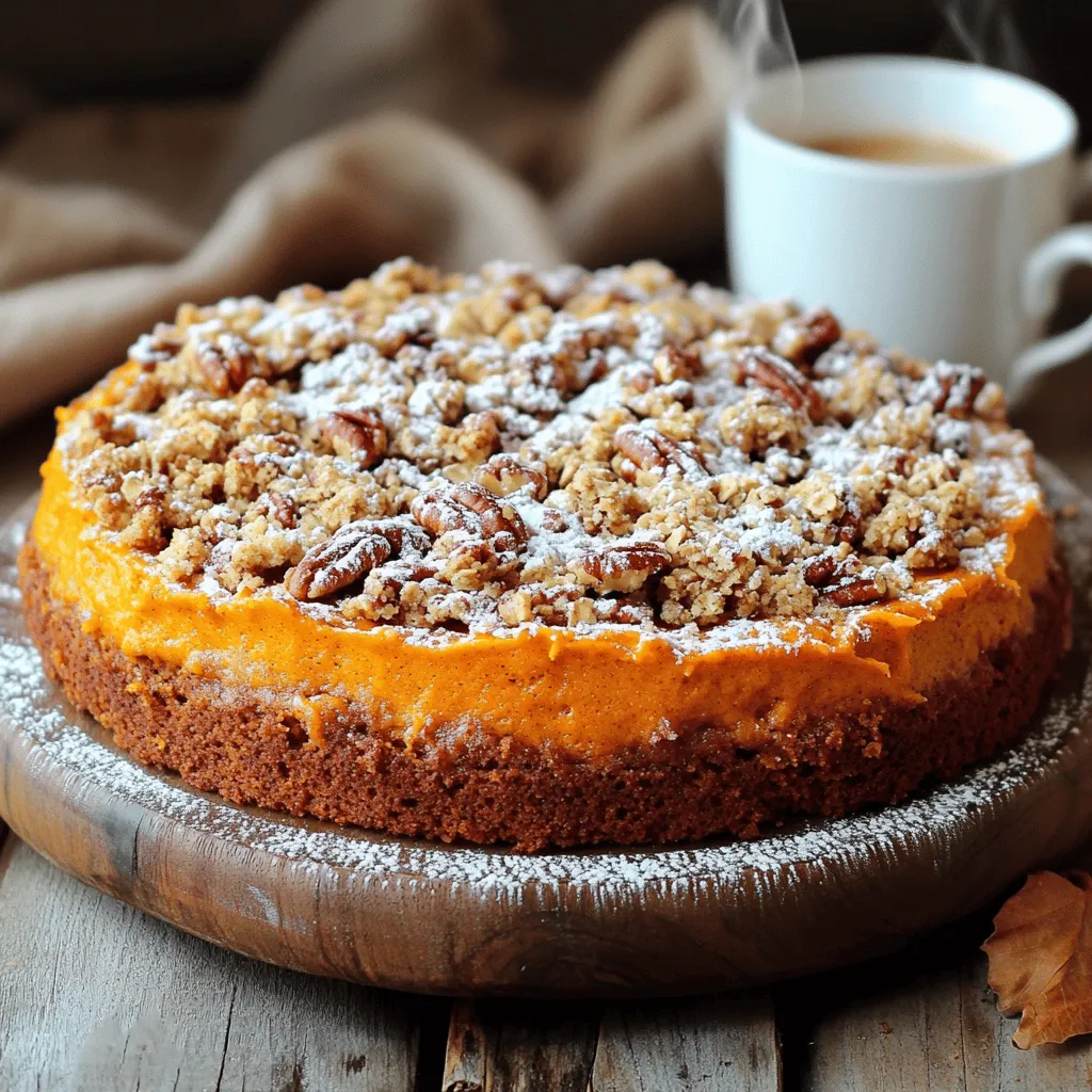 - 1 ½ cups all-purpose flour - 1 cup canned pumpkin puree - ½ cup granulated sugar - ½ cup brown sugar - ⅓ cup vegetable oil - 2 large eggs - 1 teaspoon vanilla extract - 1 teaspoon baking powder - ½ teaspoon baking soda - ½ teaspoon salt - 1 teaspoon ground cinnamon - ½ teaspoon ground nutmeg - ¼ teaspoon ground ginger - ½ cup rolled oats - ½ cup all-purpose flour - ⅓ cup brown sugar - 1 teaspoon ground cinnamon - ¼ cup unsalted butter, melted - ½ cup chopped pecans or walnuts (optional) The cake uses simple ingredients. Canned pumpkin puree gives it moisture and flavor. Granulated and brown sugars add sweetness and depth. The spices bring warmth and a lovely aroma to the cake. The streusel topping adds a crunchy layer. Rolled oats and flour create a nice texture. Brown sugar and cinnamon give it sweetness and spice. The melted butter binds it all together. If you like, add chopped nuts for extra crunch. Gather these ingredients before you start. It makes baking smooth and fun. Plus, you will enjoy the process of creating this lovely treat! 1. Preheat your oven to 350°F (175°C). Grease a 9-inch round cake pan or a 9x9-inch square dish with butter or cooking spray. 2. In a large bowl, mix the canned pumpkin puree, granulated sugar, brown sugar, vegetable oil, eggs, and vanilla extract. Whisk until smooth and well combined. 3. In another bowl, sift together the flour, baking powder, baking soda, salt, cinnamon, nutmeg, and ginger. Gradually blend this dry mixture into the wet mixture. Stir until just combined, but don’t overmix. 1. In a medium bowl, combine rolled oats, flour, brown sugar, and cinnamon. 2. Drizzle the melted butter over this mix. Use a fork to combine until it becomes crumbly. 3. If you like, add in chopped nuts for extra crunch. This step is optional but highly recommended. 1. Pour the cake batter into the prepared pan. Spread it evenly with a spatula. 2. Evenly sprinkle the streusel topping over the cake batter. Make sure to cover it well. 3. Bake in the oven for 30-35 minutes. Use a toothpick to check for doneness; it should come out clean. 4. Once baked, let the coffee cake cool in the pan for about 10 minutes. Then transfer it to a wire rack to cool completely before serving. - Use room temperature ingredients. This helps the cake mix evenly and rise well. - Check for doneness with a toothpick. Insert it in the center; it should come out clean. - Rotate the cake halfway through baking. This ensures it cooks evenly on all sides. - Dust the cake with powdered sugar. This adds a nice touch and looks elegant. - Enjoy it with a cup of coffee or a dollop of whipped cream. It makes each bite even better. - You can swap granulated sugar with coconut sugar for a different flavor. - Try honey or maple syrup instead of brown sugar for a unique taste. - Use canola oil or melted coconut oil in place of vegetable oil. - For a dairy-free option, you can replace eggs with flaxseed meal mixed with water. {{image_2}} You can make this pumpkin streusel coffee cake even more exciting. One great way is to add chocolate chips. They melt into the cake and create a rich taste. You can also try adding dried cranberries. They add a nice tartness that balances the sweet pumpkin. Another idea is to enhance the spices. You can mix in clove or allspice. These spices bring warmth and depth to the cake. They make each bite feel cozy and comforting. If you need gluten-free options, you can use almond flour or oat flour. These flours work well and keep the cake moist. Make sure to add a bit more baking powder for rise. For vegan adaptations, you can replace eggs with flax eggs. Just mix one tablespoon of ground flaxseed with three tablespoons of water. Let it sit for a few minutes. To replace dairy, use almond milk or coconut cream. These swaps keep the flavors rich without using animal products. You can add more fall flavors by mixing in chopped apple or pear. They add moisture and sweetness. You can also sprinkle some cinnamon on the fruit for extra flavor. Another fun way to change this cake is to play with nut toppings. You could use chopped walnuts, pecans, or even hazelnuts. Each nut gives a different crunch and taste, making the cake unique. To keep your pumpkin streusel coffee cake fresh, wrap it tightly in plastic wrap. Place it in an airtight container or a resealable plastic bag. This prevents air from drying it out. If you prefer, you can also use aluminum foil. For best results, store it in the fridge. At room temperature, this coffee cake stays fresh for about two days. If stored in the fridge, it can last for about a week. Always check for signs of spoilage. Look for mold, an off smell, or a dry texture. If you see any of these, it's best to toss it. To reheat your coffee cake, use a microwave or an oven. In the microwave, warm a slice for about 15-20 seconds. This keeps it moist. If using the oven, preheat it to 350°F. Place the cake on a baking sheet and cover it with foil. Heat for about 10-15 minutes. This method helps restore its original texture. Enjoy your warm, delicious slice! You can use mashed sweet potato, butternut squash, or applesauce. Each option gives a unique flavor. Sweet potato adds sweetness and creaminess. Butternut squash has a mild taste. Applesauce keeps it moist but changes the flavor. All options work well in this recipe. Yes, you can make this coffee cake ahead. Bake it and let it cool completely. Wrap it in plastic wrap. Store it in the fridge for up to three days. You can also freeze it for up to three months. Just thaw it overnight in the fridge before serving. To check for doneness, use a toothpick. Insert it into the center of the cake. If it comes out clean, the cake is done. If there’s wet batter, bake it for a few more minutes. The edges should pull away from the pan, too. Yes, you can make this recipe gluten-free. Use a gluten-free flour blend that measures cup-for-cup. Almond flour or coconut flour can also work, but you need to adjust the liquids. Add more moisture if using coconut flour, as it absorbs more liquid. This coffee cake recipe is simple and packed with flavors. We covered the ingredients, steps, and variations to help you make it perfect each time. Remember to check for doneness and try different toppings to find your favorite. Enjoy serving it warm to friends or family. With these tips, you're ready to bake a delicious treat. Happy baking!