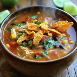 - 1 lb boneless, skinless chicken breasts - 1 can (14.5 oz) diced tomatoes with green chilies - 1 can (15 oz) black beans, rinsed and drained - 1 can (15 oz) corn, drained - 1 small onion, diced - 2 cloves garlic, minced - 4 cups chicken broth - 1 tablespoon chili powder - 1 teaspoon cumin - 1 teaspoon paprika - Salt and pepper to taste - 1 tablespoon olive oil - Fresh lime juice (from 1 lime) - Tortilla strips for garnish - Shredded cheese for garnish (optional) - Fresh cilantro for garnish (optional) The chicken is the star of this soup. It gives the dish a hearty base. Choose boneless and skinless chicken breasts for a lean option. They cook well in the slow cooker and shred easily. Diced tomatoes with green chilies add flavor and a bit of heat. They also give the soup a nice color. Black beans and corn add texture and nutrition. They make the soup filling and satisfying. Onion and garlic are key for a great base. They add depth and aroma to the dish. Chicken broth enhances the flavor, making each bite rich and warm. Spices like chili powder, cumin, and paprika bring warmth and earthiness. They create a lovely balance, making the soup more exciting. Garnishes can elevate your soup. Add tortilla strips for crunch. They give a nice texture contrast. Shredded cheese can add creaminess. I suggest using your favorite cheese for extra flavor. Fresh cilantro adds a burst of freshness. If you're a fan of lime, squeeze some juice on top for extra brightness. For a twist, try adding avocado slices or jalapeños. You can also swap black beans for pinto beans. This soup is versatile and can adapt to your taste! Start by seasoning the chicken breasts. Use salt, pepper, chili powder, cumin, and paprika. Rub the spices evenly on both sides. Next, heat olive oil in a skillet over medium-high heat. Sear the chicken breasts for about 2-3 minutes on each side. This step gives them a nice brown color, which adds flavor. Grab your slow cooker and add the diced onion and minced garlic. Then, pour in the canned tomatoes with green chilies, black beans, and corn. Finally, add the chicken broth. Stir everything together well. This mix of fresh and canned ingredients creates a rich base for the soup. Cover the slow cooker and set it to cook. If you use the low setting, it will take 6-7 hours. For the high setting, it only takes 3-4 hours. Make sure the chicken is fully cooked and can be easily shredded. This will ensure your soup has the best texture and flavor. To make your soup taste great, start with salt and pepper. Use fresh spices like chili powder, cumin, and paprika. These spices add depth and warmth. Always taste the soup before serving. Adjust the seasoning as needed. If you want more heat, add a bit of cayenne pepper. Remember, seasoning is key to a delicious soup. To give your soup a rich, creamy texture, you can add cream or sour cream. Just stir it in at the end. For a lighter option, mash some of the black beans in the soup. This thickens it without adding extra fat. You can also blend a portion of the soup and mix it back in. This adds creaminess while keeping the chunky texture. One common mistake is not searing the chicken. This step adds flavor and color to your dish. Another mistake is overcooking the soup. It can become too thick and lose flavor. Make sure to check the chicken for doneness. Lastly, do not skip the lime juice. It brightens the flavors and balances the soup. {{image_2}} To make a vegetarian version of this soup, swap the chicken for extra beans. Use one can of kidney beans and one can of black beans. Add diced bell peppers for more flavor and crunch. You can also use vegetable broth instead of chicken broth. This will keep the soup hearty and filling. If you enjoy heat, add jalapeños or serrano peppers. You can dice them and mix them in with the onions and garlic. For a smoky flavor, try adding chipotle peppers in adobo sauce. A few drops of hot sauce just before serving can also kick it up a notch. You can replace the canned tomatoes with fresh tomatoes if you prefer. Just chop up about four ripe tomatoes. Instead of corn from a can, fresh or frozen corn works great too. If you do not have black beans, pinto beans are a good alternative. Just be sure to rinse and drain them. To store your leftover soup, let it cool first. Transfer the soup to an airtight container. Make sure to seal it tightly. Label the container with the date. This helps you keep track of freshness. Store it in the fridge for up to three days. If you want to keep it longer, consider freezing it. Freezing is a great option for this soup. First, let it cool completely. Then, pour the soup into freezer-safe bags or containers. Leave some space for the soup to expand. Seal the containers tightly and label them. This soup can last up to three months in the freezer. When you are ready to eat it, just thaw it in the fridge overnight. When you want to enjoy your soup again, you can reheat it easily. For best results, thaw frozen soup overnight in the fridge. Pour the soup into a pot and heat on medium. Stir it often to prevent sticking. You can also use the microwave for quick reheating. Place it in a microwave-safe bowl and heat in short intervals, stirring in between. Enjoy your warm soup with your favorite toppings! Yes, you can use frozen chicken. Just add it straight to the slow cooker. You may need to cook it longer. Make sure it reaches 165°F to be safe. This method saves time if you forget to thaw. You can serve many things with Chicken Tortilla Soup. Here are some ideas: - Warm tortillas or tortilla chips - Sour cream for creaminess - Avocado slices for a fresh touch - Fresh lime wedges for extra zing - A side salad for crunch These options add more flavor and texture to your meal. The soup lasts about 3-4 days in the fridge. Make sure to store it in an airtight container. If you want to keep it longer, freeze it. This way, you can enjoy it later. Just thaw it before reheating. This article explored the key elements of making Slow Cooker Chicken Tortilla Soup. We covered the full ingredient list, preparation steps, and essential tips and tricks. Whether you want it spicy, vegetarian, or creamy, you have many options to customize your soup. Remember to store leftovers properly to keep your dish delicious. Enjoy experimenting with this versatile recipe. With just a few adjustments, you can make each bowl perfect every time.