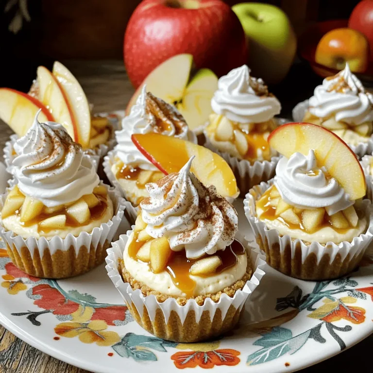 To make Caramel Apple Mini Cheesecakes, gather these key items: - 1 cup graham cracker crumbs - 1/4 cup unsalted butter, melted - 2 tablespoons sugar - 8 oz cream cheese, softened - 1/2 cup powdered sugar - 1 teaspoon vanilla extract - 1 large egg - 1/2 cup apples, peeled and finely chopped - 1 teaspoon cinnamon - 1/2 cup caramel sauce (store-bought or homemade) - Whipped cream for topping - Extra apple slices and caramel sauce for garnish You can play with flavors and textures! Here are some ideas: - Add a pinch of nutmeg for extra warmth. - Use crushed cookies instead of graham crackers for the crust. - Swap apples for pears or peaches for a fruity twist. - Try a swirl of chocolate or peanut butter in the filling. To create these mini delights, you will need: - Muffin tin - Mini cupcake liners - Mixing bowls - Electric mixer or whisk - Measuring cups and spoons - Rubber spatula - Wire rack for cooling With these ingredients and tools, you're ready to create a festive treat that bursts with flavor! First, set your oven to 325°F (160°C). This step warms the oven for baking. While the oven heats, line a muffin tin with mini cupcake liners. This makes it easy to lift out the mini cheesecakes later. In a medium bowl, mix the graham cracker crumbs, melted butter, and sugar. Stir until the crumbs are well coated. This mixture forms a tasty crust. Press about a tablespoon of the crumb mix into each cupcake liner. Make sure you pack it down firmly. Bake the crusts for 5 minutes. This short bake helps set the crust. Once done, take the pan out of the oven and let it cool. In a clean mixing bowl, beat the softened cream cheese until it’s creamy. This step is key for a smooth filling. Gradually add the powdered sugar while mixing. Keep mixing until it’s smooth and fluffy. Next, add the vanilla extract, then the egg. Mix just until combined. Be careful not to overmix, as this can change the texture. Now, gently fold in the chopped apples and cinnamon. This adds a lovely flavor to your filling. Pour the cream cheese mixture over the cooled crusts in the muffin tin. Fill each liner about 3/4 full. This allows room for the cheesecake to rise. Bake for 15-20 minutes. You want the centers to be just set and slightly jiggly. After baking, let them cool in the pan for about 10 minutes. Then, transfer them to a wire rack to cool completely. Once the mini cheesecakes are cool, drizzle caramel sauce on top. Refrigerate them for at least 2 hours. Serving them cold enhances the flavors. When ready to serve, add whipped cream, a sprinkle of cinnamon, and extra apple slices for a beautiful touch. Arrange them on a decorative plate for a festive look. To make the best mini cheesecakes, follow these tips: - Use room temperature cream cheese for a smooth batter. Cold cream cheese can make lumps. - Don’t overmix the batter after adding the egg. This keeps the cheesecakes light. - Fill each liner to 3/4 full for the perfect rise. They need space to puff up. - Cool them slowly in the pan before transferring to a wire rack. This helps prevent cracks. Watch out for these common mistakes: - Skipping the crust prep can lead to soggy bases. Make sure to press the crumbs firmly. - Overbaking can dry them out. Check them at 15 minutes; they should jiggle slightly. - Not chilling long enough makes them too soft to serve. Aim for at least 2 hours in the fridge. - Using too much caramel can overwhelm the flavors. A light drizzle is perfect. Presentation makes a big impact. Here are some ideas: - Use a decorative plate to show off your mini cheesecakes. - Drizzle extra caramel sauce around the plate for a sweet touch. - Garnish with thin apple slices for color and freshness. - Top with whipped cream and a sprinkle of cinnamon for a festive look. {{image_2}} You can change the flavor of these mini cheesecakes easily. For a pumpkin twist, add 1/2 cup of pumpkin puree instead of apples. Mix in 1 teaspoon of pumpkin pie spice for warmth. If you crave chocolate, use chocolate cream cheese. You can also fold in mini chocolate chips for extra delight. These swaps keep the base the same but add new tastes. Do you need gluten-free options? You can use gluten-free graham cracker crumbs. Look for brands that are certified gluten-free. This way, everyone can enjoy a treat. If you want a dairy-free version, try vegan cream cheese. Substitute with almond or coconut milk as needed. These options make it easier for those with dietary needs. Toppings can really make these mini cheesecakes shine. Try adding chopped nuts for a nice crunch. Pecans or walnuts work great. You can drizzle more caramel sauce on top for extra sweetness. If you like, add a sprinkle of sea salt to balance the flavors. Fresh apple slices or whipped cream make perfect garnishes too. These simple ideas can turn your mini cheesecakes into a showstopper. To keep your caramel apple mini cheesecakes fresh, store them in the fridge. Use an airtight container to prevent drying out. If you stack them, place parchment paper between layers. This keeps the whipped cream from sticking. You can freeze these mini cheesecakes too! Wrap each cheesecake in plastic wrap tightly. Then, place them in a freezer-safe bag. They will stay fresh for up to three months. When you want to enjoy them, thaw them in the fridge overnight. In the fridge, these mini cheesecakes last about one week. If you want the best taste, eat them within three to five days. Always check for any signs of spoilage before serving. Yes, you can use low-fat cream cheese in this recipe. It will change the taste and texture a bit. The mini cheesecakes may be less rich but still tasty. Just make sure it is softened for easy mixing. You can tell they are done when the centers are slightly jiggly. They should not look wet or shiny. A toothpick inserted should come out clean or with just a few crumbs. If you overbake, they will be dry. Absolutely! You can make them a day or two before serving. Just store them in the fridge after they cool. This way, they will set nicely and be ready when you are. If you don’t have apples, try using pears or even mashed bananas. They will give a different flavor but can work well. You can also add berries or chocolate chips for a fun twist. Using cupcake liners helps with easy removal. They also keep the mini cheesecakes from sticking to the pan. If you don’t have liners, you can grease the pan well, but liners are best for this recipe. In this blog post, we explored the art of making mini cheesecakes. We covered key ingredients, equipment, and step-by-step instructions. I shared tips for perfecting your creation and ways to add unique flavors. We also discussed storage techniques to keep your treats fresh. With these insights, you can craft delightful mini cheesecakes with ease. Remember, practice makes perfect. Enjoy your baking journey!