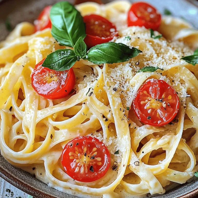- 8 oz pasta (fettuccine or penne) - 4 cups vegetable broth - 1 cup heavy cream - 1 cup freshly grated Parmesan cheese - 4 cloves garlic, minced - 1 cup cherry tomatoes, halved - Fresh basil leaves for garnish For this dish, I like to use fettuccine or penne. These pasta types hold the sauce well. Fresh garlic adds a strong flavor. Cherry tomatoes give a sweet touch. Basil is perfect for a fresh taste. - 4 cups vegetable broth - 1 cup heavy cream - 1 cup Parmesan cheese You need vegetable broth to cook your pasta. Heavy cream makes the sauce rich and creamy. Freshly grated Parmesan cheese is key for that cheesy flavor. - 1 teaspoon onion powder - 1 teaspoon Italian seasoning - Salt and pepper to taste Onion powder adds depth to the dish. Italian seasoning brings a mix of herbs that enhance the flavor. Don’t forget to add salt and pepper to taste. These bring all the ingredients together. Start by heating olive oil in a large pot over medium heat. Once the oil is warm, add the minced garlic. Sauté the garlic for about 1-2 minutes. You want the garlic fragrant but not browned. This step builds a strong flavor base for your dish. Next, pour in the vegetable broth. Bring it to a boil. Once boiling, add your choice of pasta, either fettuccine or penne. Cook according to the package instructions, which is about 8-10 minutes. Stir occasionally to prevent sticking. Check for al dente texture before draining. Once the pasta is cooked, reduce the heat. Stir in the heavy cream and mix well. This adds richness. Gradually add the grated Parmesan cheese, stirring constantly until it melts and becomes creamy. Now, sprinkle in onion powder and Italian seasoning. Season with salt and pepper to taste. Fold in the halved cherry tomatoes and cook for 2-3 minutes. This warms the tomatoes and adds color. Let the dish sit for a minute to thicken before serving. Garnish with fresh basil leaves for a lovely finish. - Temperature Control and Timing: Keep the heat low after adding the cream. This helps the sauce stay creamy. If the heat is too high, the cream can separate. - Importance of Stirring: Stir the sauce often. This helps it mix well with the pasta. It also keeps the cheese from clumping. - Checking for Al Dente Texture: Taste a piece of pasta a minute before the time is up. It should be firm but not hard. This is al dente. - How to Avoid Overcooking: Follow the package instructions closely. Stir the pasta every few minutes. This helps it cook evenly. - Adding Other Vegetables: Toss in some spinach or bell peppers for color and taste. They add nutrition and make the dish pop. - Optional Protein Add-ins (Chicken, Shrimp): Grilled chicken or shrimp makes the dish more filling. Cook them separately and add them at the end. {{image_2}} For a vegetarian or vegan twist, you can swap out dairy ingredients. Use coconut cream or cashew cream instead of heavy cream. Nutritional yeast makes a great cheese flavor substitute. For vegan cheese, look for brands that melt well. These options keep the dish rich and creamy without dairy. Adding herbs and spices boosts flavor. Fresh basil pairs well with garlic. Try adding a pinch of red pepper flakes for heat. You can also mix in dried oregano or thyme for extra taste. For cheese, you have choices. If you want a sharper flavor, try Pecorino Romano or Asiago. If you like something mild, mozzarella works well. Each cheese brings a unique taste, so feel free to experiment. Pair your pasta with side salads for freshness. A simple green salad with vinaigrette complements the dish nicely. Garlic bread also makes a great side. You can adjust serving sizes by adding more pasta or sauce. This dish easily scales up for larger families. Just remember to keep the same pasta-to-sauce ratio for the best results. To keep your creamy garlic parmesan pasta fresh, follow these steps: - Cool Down: Let the pasta cool to room temperature. - Use Airtight Containers: Store in glass or plastic containers with tight lids. - Refrigerate Promptly: Place in the fridge within two hours of cooking. This will help maintain flavor and texture. When you reheat, you want it creamy and delicious. Here’s how: - Use Low Heat: Reheat on the stove over low heat to avoid burning. - Add a Splash of Cream: This helps keep the sauce smooth. - Stir Often: Stirring prevents sticking and helps heat evenly. Avoid using high heat or a microwave, as this can make it dry. Yes, you can freeze this dish! Here’s how: - Cool Completely: Let it cool down before freezing. - Use Freezer-Safe Containers: Choose containers that are safe for the freezer. - Label and Date: Always label with the date to track freshness. To thaw, move it to the fridge overnight. Reheat gently on the stove with a bit of cream for best results. Yes, you can use other types of pasta. If you prefer gluten-free, choose brown rice pasta or chickpea pasta. Whole wheat pasta is also a great choice for more fiber. Just make sure to adjust the cooking time based on the type of pasta you use. To make this dish lighter, you can swap heavy cream with half-and-half or a light cream. Use less cheese or opt for a reduced-fat version. You might also add more vegetables like spinach or zucchini to bulk it up without adding too many calories. You can add protein to make it heartier. Cooked chicken, shrimp, or even beans can work well. You can also toss in more veggies like broccoli, peas, or bell peppers for added nutrients and texture. In this post, we explored making creamy garlic parmesan pasta. We discussed essential ingredients like pasta, fresh garlic, and basil. We also covered pantry staples like vegetable broth and heavy cream. The cooking steps included heating oil, boiling pasta, and creating a rich sauce. For the best results, remember to control temperature and timing. Feel free to customize with extra veggies or protein. This dish is not just tasty; it is easy to store and reheat. Enjoy your creamy pasta adventures!