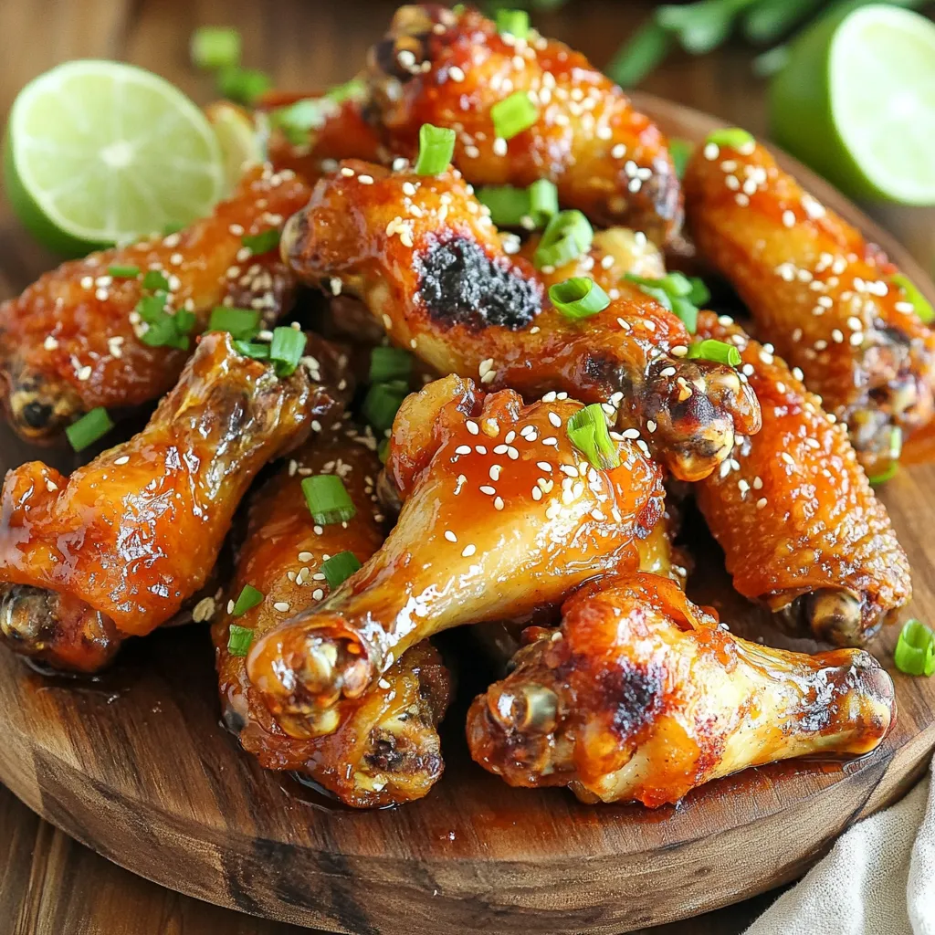 - 2 lbs chicken wings - 2 tablespoons olive oil - 1/4 cup honey - 2 tablespoons soy sauce - 1 tablespoon sriracha (adjust to taste) - 1 teaspoon garlic powder - Sesame seeds - Chopped green onions - Lime wedges To make Air Fryer Sweet & Spicy Chicken Wings, you need simple yet bold ingredients. First, grab the chicken wings. They are the star of the dish. The olive oil helps the wings crisp up nicely. Honey adds sweetness and helps with caramelization. Next, we have seasonings. Soy sauce gives a savory punch. Sriracha adds heat, but you can adjust the amount to your taste. Garlic powder brings in that rich, savory flavor. Each ingredient plays a key role in the overall taste. Finally, consider garnish options. Sesame seeds add crunch and a nutty flavor. Chopped green onions brighten the dish with color and freshness. Lime wedges bring a zesty kick that pairs well with the wings. These ingredients combine to create a delicious snack or meal that everyone will love! First, you need to dry the chicken wings. Use paper towels to pat them dry. This step is key for crispiness. Next, combine the marinade ingredients in a large bowl. You’ll need olive oil, honey, soy sauce, sriracha, garlic powder, onion powder, smoked paprika, salt, and pepper. Mix these well until they blend into a smooth sauce. Now, toss the wings in the marinade. Make sure every wing gets coated. This adds flavor and helps with tenderness. Let the wings sit in the marinade for 30 minutes. This time allows the flavors to soak in, making each bite delicious. Preheat your air fryer to 400°F (200°C). This step ensures the wings cook evenly and get crispy. Arrange the marinated wings in a single layer in the air fryer basket. Avoid overlapping to allow hot air to circulate. Cook the wings for 25-30 minutes. Flip them halfway through for even cooking. You want them golden brown and crispy. Once done, toss the wings in any leftover marinade for extra flavor. Serve them hot, and enjoy the sweet and spicy goodness! To get crispy wings, you must dry them well. Use paper towels to pat the wings dry. Moisture can prevent them from crisping up nicely in the air fryer. Set your air fryer to 400°F (200°C). This high temperature makes the skin crispy and golden. Cook the wings in a single layer. This helps them cook evenly. Avoid stacking the wings for the best results. Want more heat? You can easily modify the spice levels with sriracha. Just add more if you like it hot. If you prefer a milder flavor, use less. You can also add other spices for extra flavor. Try a pinch of cayenne or some black pepper. A touch of smoked paprika adds depth, too. When serving, arrange the wings on a large platter. Garnish with sesame seeds and chopped green onions. This makes your dish look appealing. Pair your wings with great sides. Serve them with celery sticks and a cool ranch dip. A fresh salad or crispy fries also goes well. Enjoy your meal! {{image_2}} You can change the taste of these wings easily. Try using different sauces. For a barbecue twist, swap honey for your favorite BBQ sauce. You can also replace sriracha with teriyaki sauce for a sweeter flavor. If you like it hot, add more sriracha. You can also mix in cayenne pepper or crushed red pepper flakes. This gives your wings a nice kick. Just remember to taste as you go! Air frying gives wings a crispy texture, but you can bake them too. Baking takes longer, about 40-45 minutes, but it works well. Just set your oven to 400°F (200°C) and follow the same marinating steps. Grilling is another option. It adds a smoky flavor. Preheat your grill and cook the wings for 20-25 minutes. Flip them often to avoid burning. Both baking and grilling offer tasty alternatives to air frying. Want gluten-free wings? Use gluten-free soy sauce or tamari. These options keep the flavor while making the dish safe for gluten-sensitive eaters. For a low-sugar twist, try using sugar-free honey or a sugar substitute. This keeps the sweet taste without the extra sugar. Always check labels to ensure your choices fit your needs. To keep your wings fresh, refrigerate them right away. Place the wings in an airtight container. This keeps them from drying out or absorbing odors from other foods. If you want to stack them, use parchment paper between layers. This prevents sticking and makes it easier to grab what you need later. When reheating wings, aim for the air fryer or oven. Both methods help keep the wings crispy. Preheat your air fryer to 375°F (190°C). Heat the wings for about 5-7 minutes. If using an oven, set it to 350°F (175°C) and bake for 10-15 minutes. This keeps the outside crunchy and the inside juicy. To freeze cooked wings, let them cool completely first. This stops ice crystals from forming. Place the wings in a freezer-safe bag or container. Remove as much air as possible to avoid freezer burn. For thawing, place the wings in the fridge overnight. This keeps them safe and tasty for your next meal. Air frying chicken wings takes about 25 to 30 minutes. Set your air fryer to 400°F (200°C). This high heat helps the wings get crispy and golden. Flip the wings halfway through cooking. This ensures even cooking and crispiness on both sides. Yes, you can use frozen chicken wings in the air fryer. Just add extra cooking time. Cook them for about 35 to 40 minutes at 400°F (200°C). It’s best to arrange them in a single layer. This allows hot air to circulate around each wing. No need to thaw them first! A great sauce for sweet and spicy wings is a mix of honey and sriracha. You can also use store-bought sauces like sweet chili sauce or buffalo sauce. If you want to make your own, combine honey, soy sauce, and sriracha. This gives a perfect blend of sweet and heat. Adjust the sriracha to match your spice level! To make great chicken wings, we covered key ingredients, preparation, and cooking tips. Start with fresh wings and a tasty marinade. Use techniques for crispiness and adjust flavors to suit your taste. Remember to store leftovers properly and reheat them effectively. Enjoy experimenting with different sauces and cooking methods. You can create your perfect wing experience, whether for a party or a cozy night in. Have fun perfecting your recipe and sharing it with others!