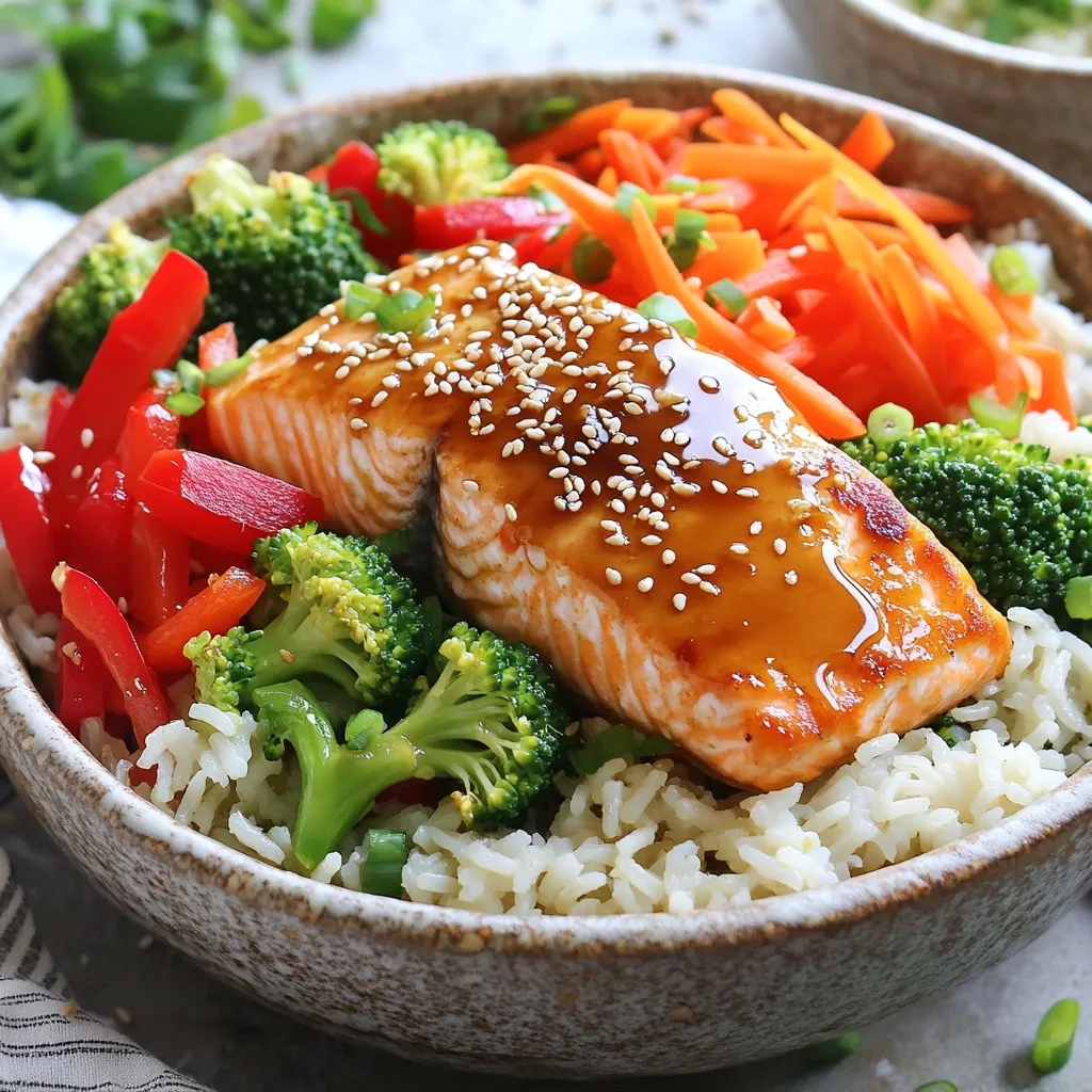 - 4 salmon fillets (about 6 oz each) - 1 red bell pepper, sliced - 1 cup broccoli florets - 1 carrot, julienned - 2 tablespoons honey - 3 tablespoons soy sauce - 1 cup jasmine rice - 2 cups water or low-sodium vegetable broth - 3 cloves garlic, minced - 1 tablespoon fresh ginger, grated - 1 tablespoon sesame oil - Salt and pepper to taste - 2 green onions, chopped - Sesame seeds First, preheat your oven to 400°F (200°C). This step helps the salmon cook evenly. Next, in a small bowl, whisk together the marinade. Combine 2 tablespoons of honey, 3 tablespoons of soy sauce, 3 minced garlic cloves, 1 tablespoon of grated ginger, and 1 tablespoon of sesame oil. Make sure to reserve half of this mixture for later. To marinate the salmon, place the fillets in a large resealable bag or a shallow dish. Pour the marinade over the salmon. Seal the bag or cover the dish. Let it marinate for at least 15 minutes. You can also refrigerate it for up to 2 hours. This extra time will add more flavor. While the salmon marinates, rinse 1 cup of jasmine rice under cold water. This removes excess starch. In a medium saucepan, combine the rice and 2 cups of water or low-sodium vegetable broth. Bring it to a boil. Then, reduce the heat to low, cover, and simmer for about 15 minutes. The rice will be fluffy when done. Keep it covered to stay warm. For the vegetables, prepare a large sheet pan. Arrange the sliced red bell pepper, broccoli florets, and julienned carrot on the pan. Drizzle them with olive oil, then season with salt and pepper. Toss to coat the veggies evenly. Now, it’s time to bake. Remove the salmon from the marinade and discard that marinade. Place the salmon on the sheet pan with the vegetables. Pour the reserved marinade over both. Bake in the preheated oven for 12 to 15 minutes. Check for doneness by ensuring the salmon flakes easily with a fork. Once everything is cooked, fluff the rice with a fork. Divide the rice among serving bowls. Top each bowl with the honey garlic salmon and the roasted vegetables. For a finishing touch, sprinkle chopped green onions and sesame seeds on top. Enjoy your delicious meal! To keep your salmon moist, marinate it well. Use the honey, soy sauce, garlic, ginger, and sesame oil mix. This blend adds flavor and helps lock in moisture. Check for doneness by using a fork. If the salmon flakes easily, it's ready. The fish should be opaque in color. If it's still translucent, give it more time. Fluffing the rice is key for a light texture. After cooking, use a fork to gently lift the rice grains. This helps separate them for a better bite. Using broth instead of water adds flavor. The broth gives the rice a richer taste that pairs well with the salmon and veggies. Always rinse the rice first to remove excess starch. Adjust cooking times for each vegetable. Broccoli needs about 12-15 minutes, while bell peppers and carrots cook faster, around 10-12 minutes. Keep an eye on them to avoid overcooking. For the best mix, use colorful veggies. Red bell pepper, broccoli, and carrot not only taste great together, but they also look appealing in your bowl. This balance adds nutrition and makes your dish pop! {{image_2}} You can swap salmon for other proteins. Chicken works well, too. Tofu is a great choice for vegans. Both options will soak up the honey garlic flavor. For grains, consider using quinoa or brown rice. Quinoa adds a nutty taste. Brown rice gives a hearty texture. Both options boost fiber in your meal. Want some heat? Add sriracha or chili flakes to the marinade. A little spice can elevate the dish. You can also try other sauces like teriyaki or hoisin. These options provide a unique twist on the classic flavor. Using seasonal veggies can enhance your dish. Fresh asparagus or zucchini can replace bell peppers. Carrots can be swapped for snap peas in spring. Adjust the marinade for seasonal flavors, too. In fall, add a touch of maple syrup. Summer might call for fresh herbs like basil or mint. These tweaks keep your meals fresh and exciting. For best results, store leftovers in an airtight container. Let the food cool down before sealing. Keep the salmon, rice, and veggies together. Refrigerate them within two hours of cooking. Leftovers taste best when eaten within three days. After that, the flavors may fade. To reheat, use the microwave or oven. For the microwave, place the food in a microwave-safe dish. Heat in short bursts, stirring in between. The oven method works well too. Preheat it to 350°F (175°C). Cover the dish with foil to keep moisture in. Avoid overcooking by checking often. Salmon should be warm but not dry. You can freeze salmon and rice for later use. Wrap each piece of salmon tightly in plastic wrap. Place the wrapped salmon in a freezer bag. Use the same method for the rice. For best taste, consume within three months. To thaw, place the salmon in the fridge overnight. Reheat after thawing to enjoy again. You should marinate the salmon for at least 15 minutes. For best flavor, try marinating it for up to 2 hours. The longer it sits, the more the salmon absorbs the honey garlic sauce. This adds a rich taste that makes every bite special. You can use many different veggies. Try snap peas, asparagus, or zucchini for a twist. Carrots, broccoli, and bell peppers work great too. Feel free to mix and match based on what you like or have on hand. This recipe is all about your taste! Yes, you can prep this meal ahead. Marinate the salmon and chop the veggies a day before. Store everything in the fridge until you're ready to cook. You can even cook the rice in advance. Just reheat it when you’re ready to serve. This saves time on busy days. These rice bowls are filling on their own. But, if you want extras, try a fresh salad or steamed edamame. A light cucumber salad also complements the flavors nicely. These sides add a refreshing touch to your meal. This recipe shows how to make delicious salmon bowls with fresh and pantry ingredients. You learned to prep, cook, and assemble the dish step-by-step. I shared tips for perfect salmon, rice, and vegetables. You can modify the flavors and store leftovers easily. Try new ingredients or spices to keep it fun. Cooking doesn't have to be hard. With a few simple steps, you can enjoy tasty meals at home. Enjoy your cooking, and have fun experimenting!