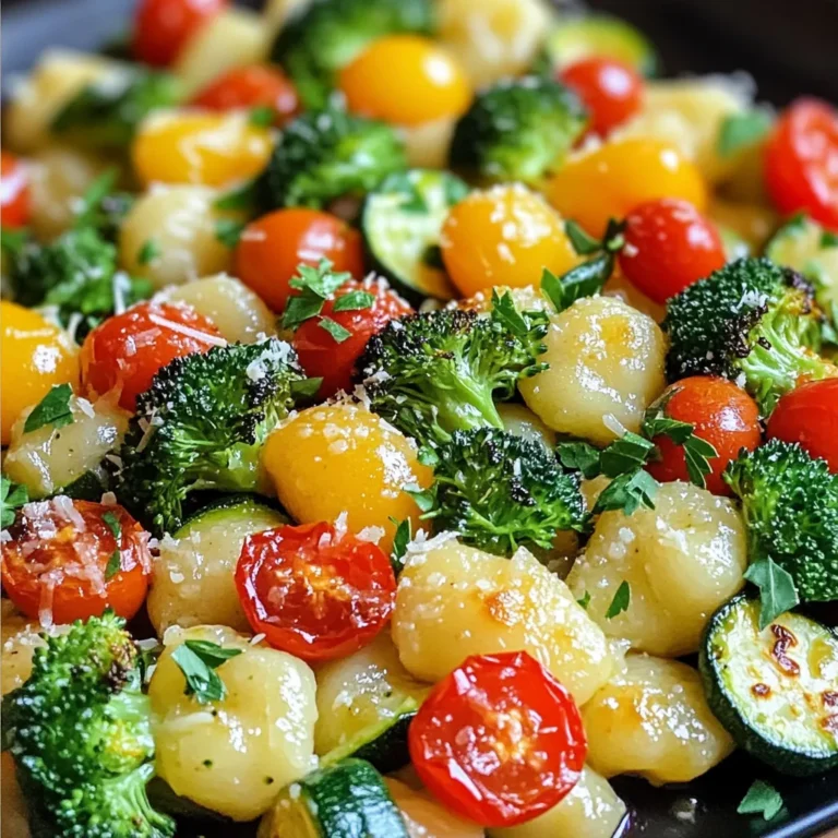 - 1 pound gnocchi (store-bought or homemade) - 2 cups broccoli florets - 1 cup cherry tomatoes, halved - 1 red bell pepper, diced - 1 zucchini, sliced - 4 cloves garlic, minced - 3 tablespoons olive oil - 1/2 cup grated Parmesan cheese - 1 teaspoon Italian seasoning - Salt and pepper to taste - Fresh parsley for garnish Gnocchi serves as the star of this dish. These soft dumplings blend perfectly with the veggies. You can use store-bought gnocchi, which saves time, or make your own for a personal touch. Broccoli florets add color and crunch. They also provide vitamins A and C. Cherry tomatoes bring sweetness and juiciness, balancing the flavors. Red bell pepper adds a crisp texture and a pop of color. Zucchini is mild and absorbs flavors well. Garlic gives an aromatic punch that brings everything together. Olive oil is key for roasting, enhancing the taste and texture. Finally, Parmesan cheese melts beautifully, adding a rich, savory finish. If you can't find gnocchi, try using pasta or even quinoa. For veggies, feel free to swap broccoli with green beans or asparagus. You can replace cherry tomatoes with diced bell peppers or even corn. If you're out of garlic, shallots can work as a mild alternative. For a dairy-free version, use nutritional yeast instead of Parmesan. Extra virgin olive oil can be switched with avocado oil for a different flavor. Before you start, gather all your ingredients. You will need: - 1 pound gnocchi - 2 cups broccoli florets - 1 cup cherry tomatoes, halved - 1 red bell pepper, diced - 1 zucchini, sliced - 4 cloves garlic, minced - 3 tablespoons olive oil - 1/2 cup grated Parmesan cheese - 1 teaspoon Italian seasoning - Salt and pepper to taste - Fresh parsley for garnish Make sure your oven is ready. Preheat it to 425°F (220°C). This step is key for crisping the gnocchi. 1. Take a large sheet pan and place all the veggies and gnocchi on it. 2. In a small bowl, mix the minced garlic, olive oil, Italian seasoning, salt, and pepper. 3. Drizzle this mix over the gnocchi and veggies. 4. Toss everything gently. Make sure all the pieces are well-coated. 5. Spread the mix in a single layer on the pan. This helps it cook evenly. 6. Bake for 20-25 minutes. Stir halfway through to ensure even roasting. 7. When done, sprinkle the grated Parmesan cheese on top. 8. Return the pan to the oven for 5 more minutes. This melts the cheese. 9. Once finished, let it cool for a couple of minutes. 10. Garnish with fresh parsley before serving. One mistake is overcrowding the pan. This can lead to soggy veggies. Always spread them out. Another issue is not stirring halfway. This step is important for even cooking. Lastly, don’t skip the cooling time. Letting it sit for a few minutes enhances the flavors. To get the best roast, you need high heat. Preheat your oven to 425°F (220°C). This heat helps the gnocchi turn crispy and the veggies to caramelize. Spread the gnocchi and veggies in a single layer on the sheet pan. Don't overcrowd them; this ensures even cooking. Stir halfway through to promote browning. Keep an eye on them for the last few minutes to avoid burning. For extra flavor, consider adding spices. You can use red pepper flakes for heat. A sprinkle of smoked paprika adds a nice depth. Fresh herbs like thyme or rosemary work well, too. Don't forget about lemon juice! A squeeze before serving brightens the dish. Just mix your chosen spices with the olive oil and garlic before tossing. Serve the dish warm, garnished with fresh parsley. It works well as a main dish or a side. Pair it with grilled chicken or fish for a complete meal. You can also enjoy it with a light salad for balance. Leftovers taste great in a wrap or on top of greens. This dish is versatile and fun to serve! {{image_2}} You can switch up the veggies in this dish. Try using asparagus, green beans, or bell peppers. Cauliflower or carrots also work well. Each veggie brings its own flavor and texture. Don’t be afraid to mix and match. You can even use frozen veggies if you’re short on time. Just remember to adjust the cooking time. Parmesan cheese adds a great flavor, but you can try others. Asiago or Pecorino Romano work nicely too. For a creamier texture, use mozzarella or fontina. If you want something sharper, try aged cheddar. Each cheese brings a unique touch to the dish. Feel free to experiment! This recipe is easy to adjust for different diets. For a vegan option, swap out the cheese for nutritional yeast. You can also use a plant-based gnocchi. If you're gluten-free, look for gluten-free gnocchi. Adjust the olive oil to fit your calorie needs. This dish can cater to many dietary preferences. Enjoy making it your own! After cooking, let your gnocchi and veggies cool down. Place them in an airtight container. You can keep it in the fridge for up to three days. If you want to enjoy it later, storing it properly is key. To reheat, use the oven or microwave. For the oven, set it to 350°F (175°C). Spread the gnocchi and veggies on a baking tray. Heat for about 10-15 minutes until warm. If using a microwave, place them in a safe dish. Heat in short bursts, stirring often, until hot. You can freeze gnocchi and veggies for up to three months. Just place them in a freezer-safe bag or container. Try to remove as much air as possible to avoid freezer burn. When you want to eat it, thaw overnight in the fridge. Reheat as mentioned above for the best results. Yes, you can use frozen gnocchi. Just add them directly to the pan without thawing. They will cook well in the oven. The cooking time may be a bit longer, so check them for doneness. The veggies are done when they are tender and slightly browned. You can poke them with a fork to check. Look for a nice golden color on the edges. Stir halfway through cooking to help them roast evenly. This dish pairs well with a fresh salad or crusty bread. You could also serve it alongside grilled chicken or fish. A drizzle of balsamic glaze adds nice flavor too. Enjoy it hot and fresh! You’ve learned about all the ingredients, steps, tips, and variations for this dish. Remember to use key seasonings to boost flavor. Avoid common mistakes to get excellent results. You can creatively modify this recipe to fit your needs. Store leftovers safely and know how to reheat them. This meal is simple and will impress anyone you serve. Get cooking and enjoy tasty sheet pan garlic parmesan gnocchi and veggies!