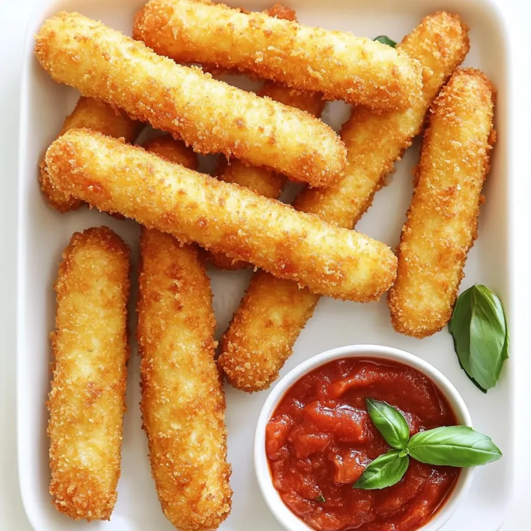 For crispy mozzarella sticks, you'll need: - 12 mozzarella cheese sticks - 1 cup all-purpose flour - 2 large eggs, beaten - 1 cup panko breadcrumbs - 1 teaspoon Italian seasoning - 1 teaspoon garlic powder - 1/2 teaspoon paprika - Salt and pepper to taste - Cooking spray The special seasonings add flavor and depth. I use: - Italian seasoning for an herbal touch. - Garlic powder for a savory kick. - Paprika for a hint of smokiness. These spices make each bite tasty and warm. You can adjust them based on your taste. Just remember, the right balance can elevate your snack. If you're missing an ingredient, don't worry! Here are some ideas: - Use gluten-free flour if you're avoiding gluten. - Swap panko with regular breadcrumbs for a softer texture. - Try different cheese sticks like cheddar or pepper jack for a spicy twist. These swaps let you customize your mozzarella sticks while keeping them delicious. Don't be afraid to experiment! To start, freeze the mozzarella sticks for at least 30 minutes. Freezing keeps them firm. This step helps them stay intact while cooking. While they freeze, you can set up your breading station. You need three bowls for this. In the first bowl, add 1 cup of all-purpose flour. Season it with a pinch of salt and pepper. In the second bowl, beat 2 large eggs. The last bowl will hold 1 cup of panko breadcrumbs. Add 1 teaspoon each of Italian seasoning and garlic powder, plus 1/2 teaspoon of paprika. Mix these well. Now, take a frozen mozzarella stick. Roll it in the flour first, making sure it is fully coated. Tap off any extra flour. Next, dip the stick in the beaten eggs. Let any excess egg drip off. Now, roll it in the panko mixture. Press gently so it sticks well. You can double coat them by repeating these steps for extra crunch. Preheat your air fryer to 390°F (200°C) for about 3 to 5 minutes. Lightly spray the air fryer basket with cooking spray. This step helps prevent sticking. Arrange the mozzarella sticks in a single layer inside the basket. Make sure they are not crowded. Air fry the mozzarella sticks for about 6 to 8 minutes. They should turn golden brown and crispy. Shake the basket halfway through for even cooking. Once they are done, carefully take them out. Let them cool for a minute. Serve with marinara sauce for dipping. To make your mozzarella sticks super crispy, follow a few key steps. First, freeze the cheese sticks for at least 30 minutes. This helps them hold their shape and prevents melting too quickly in the air fryer. Second, use panko breadcrumbs instead of regular ones. Panko gives a better crunch. Lastly, don’t skip the cooking spray. A light coat helps the sticks brown nicely. Freezing is crucial for a great texture. If you have time, freeze the breaded sticks for an hour. This extra time locks in moisture and keeps the cheese from leaking out during cooking. If you're short on time, 30 minutes works too. Just make sure to keep them in a single layer on a tray so they don’t stick together. No air fryer? No problem! You can bake these mozzarella sticks instead. Preheat your oven to 400°F (200°C). Place the breaded sticks on a baking sheet lined with parchment paper. Spray them lightly with cooking spray. Bake for about 10-12 minutes, flipping them halfway through. You can also deep-fry them in hot oil if you prefer a classic method. Just heat the oil in a pot and fry them until golden brown. {{image_2}} You can switch up the cheese for fun. Try cheddar, pepper jack, or gouda. Each cheese gives a unique flavor. Each option melts well and adds a twist. Just remember to freeze them like you do with mozzarella. The panko breadcrumbs are great, but you can mix it up. For a spicy kick, add cayenne pepper or chili powder. You can also use crushed tortilla chips for a crunchy twist. Mix in some herbs like oregano or thyme for extra flavor. The choices are endless! Serve your crispy sticks with marinara sauce, but don't stop there. Try ranch or a spicy aioli for dipping. You can even pair them with a fresh salad for a full meal. Arrange them on a nice platter with fresh herbs. This adds color and makes your snack look fancy. To keep your leftover mozzarella sticks fresh, place them in an airtight container. They will last in the fridge for up to three days. Make sure they cool down before sealing. This will help prevent sogginess. If you have extra space, you can also use plastic wrap. To reheat your mozzarella sticks, use the air fryer. Heat it to 350°F (175°C). Arrange the sticks in a single layer and cook for about 3-5 minutes. This method keeps them crispy. You can also use an oven. Set it to 375°F (190°C) and bake for 8-10 minutes. You can freeze mozzarella sticks for later use. After breading, place them on a baking sheet. Freeze them for about an hour. Once frozen, transfer them to a freezer-safe bag. They can stay frozen for up to three months. When ready to eat, cook them directly from frozen. Just add a couple of extra minutes to the cooking time. You should air fry mozzarella sticks for about 6 to 8 minutes. Check them at 6 minutes to see if they are golden brown. If they need more time, cook for another minute or two. Remember, shaking the basket halfway helps them cook evenly. Yes, you can make these mozzarella sticks ahead of time. After breading them, freeze the sticks for up to a month. Just cook them straight from the freezer. You may need to add a minute or two to the cooking time. Marinara sauce is a classic choice for mozzarella sticks. You can also try ranch dressing, spicy marinara, or garlic aioli. For a twist, mix hot sauce with ranch for a zesty dip. Enjoy exploring different flavors! You learned how to make great mozzarella sticks from scratch. We covered the key ingredients, special seasonings, and even substitutions. I shared step-by-step instructions for prepping, breading, and air frying. You now have tips for maximum crispiness and storing leftovers. Plus, I highlighted fun variations and helpful FAQs. Armed with this knowledge, get ready to impress your friends and family with tasty snacks. Enjoy every bite of your homemade mozzarella sticks!