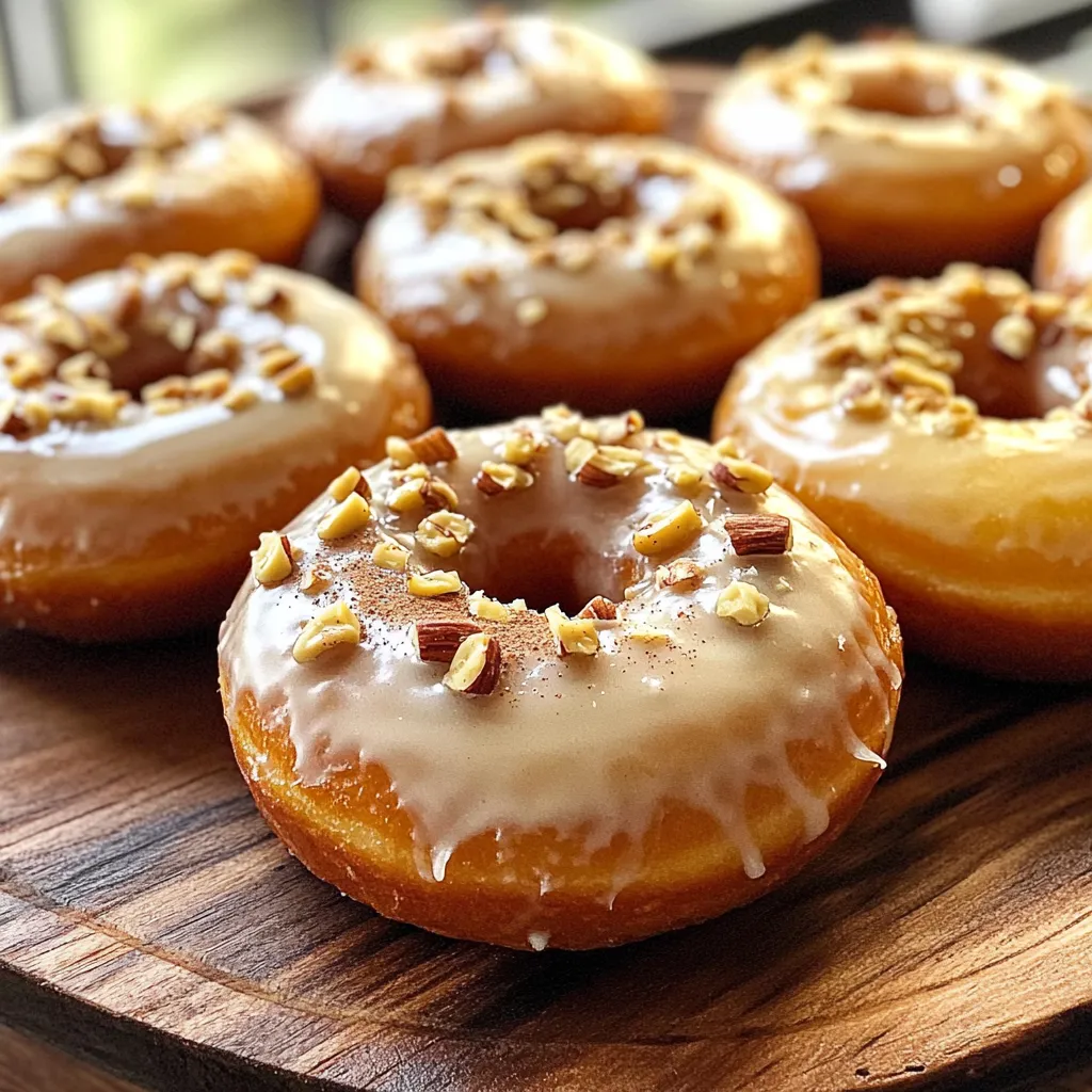 To make these tasty apple cider glazed donuts, you need a few key ingredients. Here’s the list: - 2 cups all-purpose flour - 1 cup apple cider - 1/2 cup granulated sugar - 1/4 cup brown sugar, packed - 1 teaspoon baking powder - 1/2 teaspoon baking soda - 1 teaspoon ground cinnamon - 1/2 teaspoon ground nutmeg - 1/2 teaspoon salt - 1/4 cup unsalted butter, melted - 2 large eggs - 1 teaspoon vanilla extract - 1 cup powdered sugar - 2 tablespoons milk (or apple cider for an extra twist) Each ingredient plays a role. The flour gives structure. The apple cider adds flavor and moisture. Both sugars sweeten the donuts. Baking powder and baking soda help them rise. Cinnamon and nutmeg give a warm, cozy taste. Salt balances the flavors. Butter adds richness, while eggs provide moisture and help bind. Lastly, vanilla extract enhances the taste, and powdered sugar makes the glaze sweet and smooth. With this list, you’re ready to create a delightful treat. Enjoy the process and the delicious smell that fills your kitchen! First, you need to preheat your oven to 350°F (175°C). This helps the donuts cook evenly. While the oven heats, grease a donut pan with cooking spray. This step keeps the donuts from sticking and makes them easy to remove later. Now, grab a medium saucepan. Pour in 1 cup of apple cider. Heat it over medium heat until it reduces by half. This should take about 15 to 20 minutes. Stir it occasionally and keep an eye on it. After it reduces, let it cool slightly before using. In a large mixing bowl, add the dry ingredients. Combine 2 cups of all-purpose flour, 1/2 cup of granulated sugar, and 1/4 cup of packed brown sugar. Then, add 1 teaspoon of baking powder, 1/2 teaspoon of baking soda, 1 teaspoon of ground cinnamon, 1/2 teaspoon of ground nutmeg, and 1/2 teaspoon of salt. Whisk these together well to mix. In another bowl, melt 1/4 cup of unsalted butter. Let it cool a bit. Add 2 large eggs, the reduced apple cider, and 1 teaspoon of vanilla extract. Whisk these ingredients until smooth and well combined. Now, pour the wet mixture into the dry ingredients. Mix gently until they just combine. Be careful not to overmix, or your donuts may turn out dense. Next, transfer the batter into a piping bag or a zip-top bag with the corner snipped. Fill each donut mold halfway with the batter. Place the filled donut pan in the oven and bake for 10 to 12 minutes. Check for doneness by inserting a toothpick. If it comes out clean, the donuts are ready. Remove them from the oven and let them cool in the pan for about 5 minutes. After that, transfer them to a wire rack to cool completely. While the donuts cool, prepare the glaze. In a small bowl, combine 1 cup of powdered sugar with 2 tablespoons of milk or more apple cider. Mix until smooth. Once the donuts are cool, dip them into the glaze. Make sure they are well coated. Place the glazed donuts back on the wire rack to set. Enjoy your delicious treats! To make soft donuts, avoid overmixing the batter. Mix just until you see no dry flour. This keeps the donuts light and airy. After baking, let the donuts cool in the pan for five minutes. Then, transfer them to a wire rack to cool completely. This helps prevent soggy bottoms. You can spice up your donuts with warm flavors. Add a pinch of nutmeg or a dash of vanilla extract. These small changes create a deeper taste profile. For the glaze, try using apple cider instead of milk. This adds a sweet touch and keeps the apple flavor strong. For a beautiful display, arrange donuts on a colorful platter. Sprinkle a little cinnamon on top for extra flair. You can also add chopped nuts for crunch. Drizzling extra glaze over the donuts makes them look even more tempting. {{image_2}} To make apple cider cinnamon sugar donuts, change the glaze. Instead of the sweet glaze, mix sugar and cinnamon. Use about 1/2 cup of granulated sugar and 1 tablespoon of cinnamon. After baking, toss each donut in the sugar mix. This gives them a crunchy, sweet finish. You can also add a dash of nutmeg for extra flavor. If you want vegan apple cider donuts, you can easily swap out eggs and butter. For eggs, use 1/4 cup of applesauce per egg. For butter, use 1/4 cup of coconut oil or vegan butter. This keeps the texture moist and tasty. You should still follow the same baking steps for the best results. For gluten-free apple cider donuts, use gluten-free flour blends. Look for blends that have xanthan gum for better texture. You can use almond flour or rice flour too, but they will change the taste. Follow the same mixing and baking steps to get delicious results. Always check that your other ingredients are also gluten-free. To keep your apple cider glazed donuts fresh, use an airtight container. Place parchment paper between layers to avoid sticking. Store them at room temperature for up to three days. If you want to keep them longer, consider refrigerating them. Just make sure to seal them well to prevent drying out. Freezing these donuts is simple. Wrap each donut in plastic wrap. Then, place them in a freezer bag. Be sure to remove as much air as possible. They will stay fresh for about three months. To reheat, simply take a donut out and let it thaw at room temperature. You can warm it in the microwave for about 10-15 seconds if you want that fresh-baked taste. These delicious donuts last for about three days at room temperature. If you store them in the fridge, they can last up to a week. Freezing extends their life to around three months. Always check for signs of spoilage before eating. Keeping them stored properly helps maintain their great flavor and texture. To make apple cider, start with fresh apples. Choose a mix of sweet and tart apples for flavor. Wash and chop the apples without peeling. Place them in a large pot and add water until covered. Simmer for about an hour. Mash the apples to release the juice. Strain the mixture through a cheesecloth or fine sieve. This gives you fresh, delicious cider. Yes, you can use store-bought apple cider. It saves time and still tastes great in these donuts. Look for unfiltered cider for the best flavor. Avoid clear apple juice, as it lacks the rich taste of cider. Dense donuts can happen for a few reasons. First, check if you overmixed the batter. Mix just until combined. Second, ensure your baking powder and baking soda are fresh. Old leavening agents can fail to rise. Lastly, be careful with flour measurement. Too much flour leads to a thick batter. You can make these donuts in advance! Bake them and let them cool completely. Store them in an airtight container at room temperature. They stay fresh for about three days. For longer storage, freeze them after cooling. When ready to eat, thaw and glaze as needed. We explored the essential ingredients and step-by-step instructions to create delicious apple cider donuts. We discussed tips for the perfect texture, flavor, and fun variations for different diets. You learned how to store and freeze these treats for later enjoyment. With these techniques and ideas, you can make delightful donuts at home. Enjoy the process, experiment, and share these treats with friends and family. Happy baking!