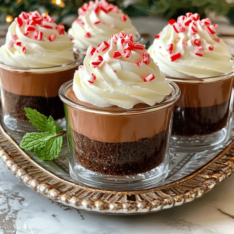 To create these No-Bake Chocolate Peppermint Cheesecake Cups, you need a few key ingredients. Each one adds flavor and texture to this sweet treat. Here’s your list of ingredients: - 1 cup chocolate graham cracker crumbs - 1/4 cup unsalted butter, melted - 2 cups cream cheese, softened - 1/2 cup powdered sugar - 1 teaspoon vanilla extract - 1/2 teaspoon peppermint extract - 1 cup whipped cream - 1/2 cup semi-sweet chocolate chips, melted - Crushed peppermint candies for garnish Each ingredient plays a special role. The chocolate graham cracker crumbs form a tasty crust. The melted butter helps bind the crumbs together. Cream cheese gives the cheesecake its rich and smooth texture. Powdered sugar adds sweetness without being grainy. The vanilla and peppermint extracts bring out the flavors we love. Whipped cream makes the filling light and fluffy. The melted chocolate chips add a rich chocolate taste. Finally, the crushed peppermint candies give a fun and festive finish. Gather these ingredients before you start. They come together quickly to create a dessert that will impress everyone. To start, grab a mixing bowl. Combine 1 cup of chocolate graham cracker crumbs with 1/4 cup of melted unsalted butter. Stir until the crumbs feel like wet sand. This mixture will form the base of your cheesecake cups. You want it to hold together but not be too wet. Next, divide the crumb mixture evenly into small dessert cups. I like to use clear jars for a nice view of the layers. Press the mixture down firmly in each cup. This creates a solid crust to hold the cheesecake filling later. In a large mixing bowl, beat 2 cups of softened cream cheese with an electric mixer. Mix until it is smooth and creamy. This step is key for a good texture. Now, gradually add 1/2 cup of powdered sugar. Also, mix in 1 teaspoon of vanilla extract and 1/2 teaspoon of peppermint extract. Keep mixing until everything blends well. The extracts add a nice flavor to the filling. Next, gently fold in 1 cup of whipped cream. Use a spatula to mix it in slowly. This helps keep the filling light and fluffy. Avoid mixing too hard, or you might deflate the whipped cream. Now, fold in 1/2 cup of melted semi-sweet chocolate chips. Mix it until the chocolate is evenly distributed. Then, spoon the cheesecake filling into each cup, filling them about three-quarters full. Place the filled cups in the fridge. Let them chill for at least 2 hours. This time helps the cheesecake set up nicely. Just before serving, sprinkle crushed peppermint candies on top for a festive touch. Enjoy your delicious no-bake chocolate peppermint cheesecake cups! You can make these cheesecake cups a day in advance. Just prepare the crust and filling, then layer them in cups. After that, chill them in the fridge. This helps the flavors blend well. For a quicker serve, keep them covered until you are ready to enjoy. To serve, place the cheesecake cups on a colorful platter. Add a sprig of fresh mint or a chocolate curl on top. This makes each cup look special and festive. A simple touch can elevate your dessert. When folding in the whipped cream, do it gently. Use a rubber spatula for this step. If you mix too hard, the cream can deflate. This will make your cheesecake less fluffy. Remember, gentle folds keep the light, airy texture you want. {{image_2}} You can easily switch up the flavor of your cheesecake cups. Try using almond or orange extract instead of peppermint. Almond gives a warm, nutty taste, while orange adds a bright, citrusy note. Both options can make your dessert unique while still being delicious. Just use the same amount as the peppermint extract. Toppings can elevate your cheesecake cups. Instead of crushed peppermint, consider using chocolate shavings or fresh fruit. Shaved chocolate adds richness, while fruit like strawberries or raspberries brings a fresh twist. You can also sprinkle nuts for a crunchy texture. These toppings make each cup feel special and fun! If you want to make these cheesecake cups fit your diet, there are simple swaps. Use gluten-free graham crackers for the crust to make it gluten-free. For a dairy-free option, substitute cream cheese with a dairy-free cream cheese. You can also use coconut cream instead of whipped cream. These adjustments let everyone enjoy this tasty treat. To keep your no-bake chocolate peppermint cheesecake cups fresh, store them in the fridge. Place them in an airtight container. You can also cover them tightly with plastic wrap. This helps prevent the cheesecake from drying out. Make sure to keep them away from strong-smelling foods. These cups are best when chilled but can last for a few days. If you want to freeze the cheesecake cups, place them in a freezer-safe container. This helps to keep them fresh for longer. Before freezing, ensure they are covered well. Thaw them in the fridge overnight before serving. This way, they regain their creamy texture without losing flavor. These delightful dessert cups can last up to five days in the fridge. If you freeze them, they can last for up to two months. Just remember to check for any signs of freezer burn. Always serve them chilled for the best taste and texture. Yes, you can make these cheesecake cups ahead of time. I recommend preparing them a day before you plan to serve. This way, they have enough time to chill and set perfectly. Just cover them well with plastic wrap, and store them in the fridge. They will taste even better after sitting, as the flavors meld together. If you want a different option, you can use mascarpone cheese or Greek yogurt. Both provide a creamy texture. Mascarpone gives a rich flavor, while Greek yogurt adds tanginess. You can also try silken tofu for a dairy-free choice. Just ensure it is blended well to achieve a smooth consistency. These cheesecake cups need to chill for at least 2 hours. This time allows the filling to firm up. If you can wait longer, that’s even better! They will set more and taste amazing after four hours or overnight. Absolutely! You can use dark chocolate or white chocolate instead of semi-sweet chocolate. Each type gives a unique taste. If you choose white chocolate, consider adding a bit more peppermint extract for balance. Just make sure to melt the chocolate properly for mixing. You can create delicious cheesecake cups using simple ingredients like cream cheese and chocolate. We covered each step, from making the crust to chilling the dessert. Remember to avoid common mistakes like deflating whipped cream. Try fun variations, like different flavors or toppings, to make it your own. Store your desserts properly to keep them fresh. Enjoy these tasty treats, and impress your friends and family with your skills!