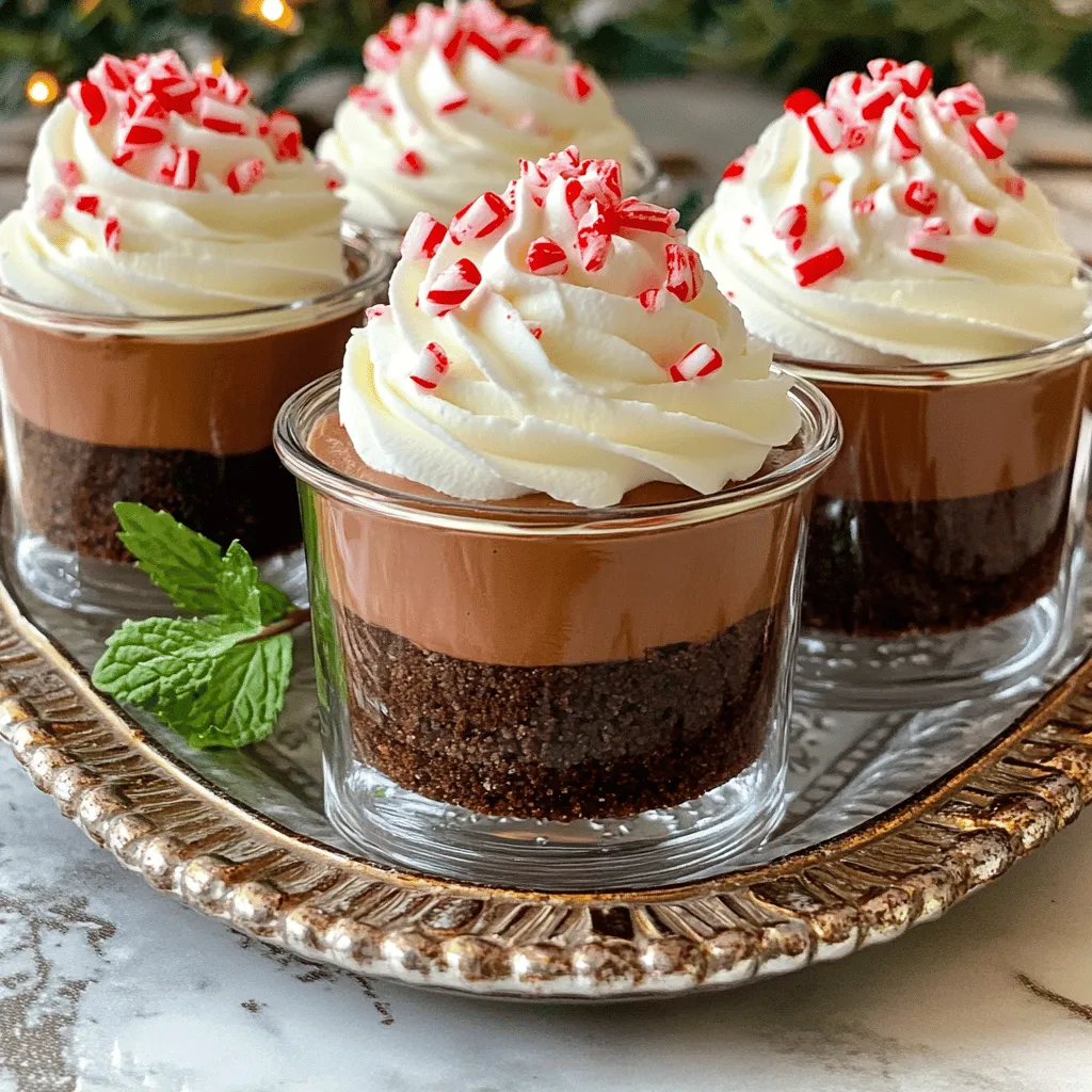 To create these No-Bake Chocolate Peppermint Cheesecake Cups, you need a few key ingredients. Each one adds flavor and texture to this sweet treat. Here’s your list of ingredients: - 1 cup chocolate graham cracker crumbs - 1/4 cup unsalted butter, melted - 2 cups cream cheese, softened - 1/2 cup powdered sugar - 1 teaspoon vanilla extract - 1/2 teaspoon peppermint extract - 1 cup whipped cream - 1/2 cup semi-sweet chocolate chips, melted - Crushed peppermint candies for garnish Each ingredient plays a special role. The chocolate graham cracker crumbs form a tasty crust. The melted butter helps bind the crumbs together. Cream cheese gives the cheesecake its rich and smooth texture. Powdered sugar adds sweetness without being grainy. The vanilla and peppermint extracts bring out the flavors we love. Whipped cream makes the filling light and fluffy. The melted chocolate chips add a rich chocolate taste. Finally, the crushed peppermint candies give a fun and festive finish. Gather these ingredients before you start. They come together quickly to create a dessert that will impress everyone. To start, grab a mixing bowl. Combine 1 cup of chocolate graham cracker crumbs with 1/4 cup of melted unsalted butter. Stir until the crumbs feel like wet sand. This mixture will form the base of your cheesecake cups. You want it to hold together but not be too wet. Next, divide the crumb mixture evenly into small dessert cups. I like to use clear jars for a nice view of the layers. Press the mixture down firmly in each cup. This creates a solid crust to hold the cheesecake filling later. In a large mixing bowl, beat 2 cups of softened cream cheese with an electric mixer. Mix until it is smooth and creamy. This step is key for a good texture. Now, gradually add 1/2 cup of powdered sugar. Also, mix in 1 teaspoon of vanilla extract and 1/2 teaspoon of peppermint extract. Keep mixing until everything blends well. The extracts add a nice flavor to the filling. Next, gently fold in 1 cup of whipped cream. Use a spatula to mix it in slowly. This helps keep the filling light and fluffy. Avoid mixing too hard, or you might deflate the whipped cream. Now, fold in 1/2 cup of melted semi-sweet chocolate chips. Mix it until the chocolate is evenly distributed. Then, spoon the cheesecake filling into each cup, filling them about three-quarters full. Place the filled cups in the fridge. Let them chill for at least 2 hours. This time helps the cheesecake set up nicely. Just before serving, sprinkle crushed peppermint candies on top for a festive touch. Enjoy your delicious no-bake chocolate peppermint cheesecake cups! You can make these cheesecake cups a day in advance. Just prepare the crust and filling, then layer them in cups. After that, chill them in the fridge. This helps the flavors blend well. For a quicker serve, keep them covered until you are ready to enjoy. To serve, place the cheesecake cups on a colorful platter. Add a sprig of fresh mint or a chocolate curl on top. This makes each cup look special and festive. A simple touch can elevate your dessert. When folding in the whipped cream, do it gently. Use a rubber spatula for this step. If you mix too hard, the cream can deflate. This will make your cheesecake less fluffy. Remember, gentle folds keep the light, airy texture you want. {{image_2}} You can easily switch up the flavor of your cheesecake cups. Try using almond or orange extract instead of peppermint. Almond gives a warm, nutty taste, while orange adds a bright, citrusy note. Both options can make your dessert unique while still being delicious. Just use the same amount as the peppermint extract. Toppings can elevate your cheesecake cups. Instead of crushed peppermint, consider using chocolate shavings or fresh fruit. Shaved chocolate adds richness, while fruit like strawberries or raspberries brings a fresh twist. You can also sprinkle nuts for a crunchy texture. These toppings make each cup feel special and fun! If you want to make these cheesecake cups fit your diet, there are simple swaps. Use gluten-free graham crackers for the crust to make it gluten-free. For a dairy-free option, substitute cream cheese with a dairy-free cream cheese. You can also use coconut cream instead of whipped cream. These adjustments let everyone enjoy this tasty treat. To keep your no-bake chocolate peppermint cheesecake cups fresh, store them in the fridge. Place them in an airtight container. You can also cover them tightly with plastic wrap. This helps prevent the cheesecake from drying out. Make sure to keep them away from strong-smelling foods. These cups are best when chilled but can last for a few days. If you want to freeze the cheesecake cups, place them in a freezer-safe container. This helps to keep them fresh for longer. Before freezing, ensure they are covered well. Thaw them in the fridge overnight before serving. This way, they regain their creamy texture without losing flavor. These delightful dessert cups can last up to five days in the fridge. If you freeze them, they can last for up to two months. Just remember to check for any signs of freezer burn. Always serve them chilled for the best taste and texture. Yes, you can make these cheesecake cups ahead of time. I recommend preparing them a day before you plan to serve. This way, they have enough time to chill and set perfectly. Just cover them well with plastic wrap, and store them in the fridge. They will taste even better after sitting, as the flavors meld together. If you want a different option, you can use mascarpone cheese or Greek yogurt. Both provide a creamy texture. Mascarpone gives a rich flavor, while Greek yogurt adds tanginess. You can also try silken tofu for a dairy-free choice. Just ensure it is blended well to achieve a smooth consistency. These cheesecake cups need to chill for at least 2 hours. This time allows the filling to firm up. If you can wait longer, that’s even better! They will set more and taste amazing after four hours or overnight. Absolutely! You can use dark chocolate or white chocolate instead of semi-sweet chocolate. Each type gives a unique taste. If you choose white chocolate, consider adding a bit more peppermint extract for balance. Just make sure to melt the chocolate properly for mixing. You can create delicious cheesecake cups using simple ingredients like cream cheese and chocolate. We covered each step, from making the crust to chilling the dessert. Remember to avoid common mistakes like deflating whipped cream. Try fun variations, like different flavors or toppings, to make it your own. Store your desserts properly to keep them fresh. Enjoy these tasty treats, and impress your friends and family with your skills!