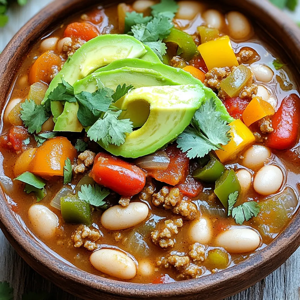 To make Slow Cooker White Bean Turkey Chili, you need these main ingredients: - 1 lb ground turkey - 2 cans (15 oz each) white beans, rinsed and drained - 1 can (14 oz) diced tomatoes with green chilies - 1 medium onion, diced - 2 cloves garlic, minced - 1 bell pepper (any color), diced - 1 cup chicken broth - 1 tablespoon olive oil - 1 tablespoon ground cumin - 1 tablespoon chili powder - 1 teaspoon paprika - 1 teaspoon salt - 1/2 teaspoon black pepper - 1/2 teaspoon cayenne pepper (optional for heat) - Fresh cilantro, chopped (for garnish) - Avocado slices (for serving) You can swap some ingredients based on your taste or what you have on hand. Here are a few ideas: - Instead of ground turkey, use ground chicken or beef. - If you can’t find white beans, use kidney or pinto beans. - Use vegetable broth in place of chicken broth for a vegetarian option. - Any fresh herbs can replace cilantro for a different flavor. - For heat, add jalapeños or hot sauce if you like it spicy. Choosing fresh produce makes your chili taste better. Here are some tips: - Onions: Look for firm onions with smooth skin. Avoid any with soft spots. - Bell Peppers: Choose peppers that are bright in color and feel heavy for their size. - Garlic: Pick garlic bulbs that are firm and dry. Avoid any that are sprouting. - Herbs: Fresh herbs should smell strong and bright. Look for vibrant green leaves. When you select fresh ingredients, you set the stage for a great meal. This chili will warm your heart and fill your belly! First, I heat olive oil in a medium skillet over medium heat. Then, I add diced onion, bell pepper, and minced garlic. I sauté these vegetables until they soften, which takes about five minutes. This step builds a great flavor base for the chili. Next, I add one pound of ground turkey to the skillet. I cook it for six to eight minutes while breaking it up with a spoon. The turkey should be browned and cooked through. This step adds protein and richness to the dish. Now, I transfer the turkey and vegetable mix to the slow cooker. I add two cans of rinsed white beans and one can of diced tomatoes, including the juice. Then, I pour in one cup of chicken broth. I also add one tablespoon each of ground cumin and chili powder, along with paprika, salt, black pepper, and cayenne pepper if I want some heat. Finally, I stir everything well to combine. This mixture will create a deliciously hearty chili. Using a slow cooker is great for this chili. It lets flavors blend well. You can set your slow cooker to low or high. Each option gives you a tasty meal. If you choose low, cook for 6 to 8 hours. If you decide on high, cook for 3 to 4 hours. Both methods work well. The low setting makes the turkey tender. The high setting is faster but still gives good results. Cooking time matters for flavor and texture. A longer cook helps blend spices. It makes the chili rich and creamy. If you rush it, the flavors may not shine. So, pick your cooking time wisely. Enjoy the process; it makes the meal even better! {{image_2}} To boost the taste of your chili, try adding fresh herbs. Fresh cilantro adds a nice touch. You can also sprinkle some lime juice for a zesty kick. Consider adding a splash of hot sauce for more heat. If you want a thicker chili, try mashing some beans. You can take a cup of beans and mash them with a fork. Then, stir this back into the pot. Another tip is to add a cornstarch slurry. Mix one tablespoon of cornstarch with two tablespoons of water and stir it in. Let it cook for a bit until it thickens. Serve your chili warm in big bowls. Top each bowl with fresh cilantro and creamy avocado slices. You can also add a dollop of sour cream for extra richness. Serve with crusty bread or warm tortillas on the side. This adds a nice crunch and helps soak up the chili. You can make a tasty vegetarian version of this chili. Instead of ground turkey, use a mix of mushrooms and lentils. They add great texture and flavor. You can still use white beans and diced tomatoes. For extra protein, add quinoa or chickpeas. This version is hearty and filling, just like the original. You can still spice it up with cumin and chili powder. It’s a great option for meatless meals. If you like heat, this chili can get spicy! Add extra cayenne pepper to the mix for a kick. You can also use fresh jalapeños or serrano peppers. Chop them up and add them when cooking the onion and bell pepper. For even more spice, try adding a splash of hot sauce just before serving. Adjust the heat to your liking, and enjoy the warmth! You can switch up the beans for a different taste. Instead of just white beans, mix in black beans, kidney beans, or pinto beans. Each bean has its own flavor and texture. Mixing different beans can make your chili even more fun. Just make sure to rinse and drain them well. This way, you keep the chili creamy and delicious! After you enjoy your Slow Cooker White Bean Turkey Chili, store any leftovers in an airtight container. Make sure to let the chili cool to room temperature first. This prevents condensation inside the container. You can keep it in the fridge for up to four days. Label it with the date so you know when to use it. You can freeze your chili for later meals. Use freezer-safe containers or resealable bags. Divide the chili into portions, making it easy to thaw later. Be sure to leave some space in the container for expansion. Your chili can stay fresh in the freezer for up to three months. When you're ready to eat, just thaw it in the fridge overnight. Reheat your chili on the stove or in the microwave. If using the stove, heat it over medium heat. Stir often to ensure even heating. In the microwave, use a microwave-safe bowl. Heat in short intervals, stirring in between, until hot. If the chili seems thick, add a splash of chicken broth or water to loosen it up. Enjoy that comforting meal again! Yes, you can use other meats. Ground chicken or beef works well. If you want a stronger flavor, try pork. Each meat changes the taste a bit, but it will still be tasty. Just make sure to cook it fully before adding it to the slow cooker. You can store this chili for about five days in the fridge. Keep it in an airtight container. If you want to save it longer, freeze it. It stays good in the freezer for up to three months. When you're ready to eat, thaw it overnight in the fridge. This chili pairs well with many sides. Try some warm cornbread or crusty bread. You can also serve it with rice or quinoa for a filling meal. Add fresh avocado slices on top for creaminess. A side salad adds a nice crunch, too. This blog post covered key points for making Slow Cooker White Bean Turkey Chili. We explored ingredients, from substitutions to picking fresh produce. I shared step-by-step instructions for preparing, browning, and combining. We discussed optimal cooking times and settings. Tips on enhancing flavor and thickening the chili added excitement. I also suggested variations for different diets. Finally, we reviewed storage options for leftovers. Now, you have all the tools to create a delicious chili. Enjoy the cooking process, and try out your own ideas!