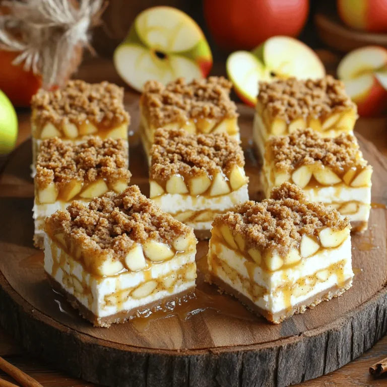 To make the caramel apple crisp cheesecake bars, gather these ingredients: - 1 cup graham cracker crumbs - 1/4 cup unsalted butter, melted - 2 cups cream cheese, softened - 1 cup granulated sugar - 1 teaspoon vanilla extract - 3 large eggs - 2 cups apples, peeled and diced (about 2 medium apples) - 1 teaspoon cinnamon - 1/2 teaspoon nutmeg - 1 cup brown sugar - 1/2 cup old-fashioned oats - 1/4 cup all-purpose flour - 1/4 teaspoon salt - 1/4 cup caramel sauce (store-bought or homemade) I suggest using high-quality cream cheese for the best flavor. Brands like Philadelphia give great results. For butter, unsalted works best so you can control the salt in your dessert. If you want to make this recipe dairy-free, use vegan cream cheese and coconut butter. For gluten-free bars, swap graham cracker crumbs with gluten-free crumbs. If you prefer fresh apples, I recommend Granny Smith for their tartness. You can also use canned apples if you are short on time. Just be sure to drain them well. For a healthier version, consider using honey or maple syrup instead of granulated sugar. This adds a unique flavor and cuts refined sugar. 1. Preheat your oven to 350°F (175°C). This helps the cheesecake bake evenly. 2. Grease a 9x13 inch baking dish. Line it with parchment paper. Leave some paper hanging over the edges. This makes it easy to lift the bars out later. 3. In a medium bowl, mix graham cracker crumbs and melted butter. Press this mixture firmly into the bottom of your baking dish. This is your crust. 4. Bake the crust for 8-10 minutes until it looks light golden. Then, remove it from the oven and let it cool a bit. 5. In another bowl, beat cream cheese and granulated sugar until smooth. This will be your cheesecake base. 6. Add vanilla extract and mix well. This adds flavor to your cheesecake. 7. Beat in eggs one at a time. Mix on low speed after each egg. This helps keep the batter smooth. 8. In a separate bowl, mix diced apples with cinnamon and nutmeg. These spices give the apples a warm taste. 9. Fold the apple mixture into the cream cheese mix. Do this carefully so you don't lose any air. 10. Pour the cheesecake filling over the cooled crust. Spread it evenly with a spatula. 11. In a new bowl, combine brown sugar, oats, flour, and salt. Add melted butter and mix it until crumbly. This is your topping. 12. Sprinkle the topping over the cheesecake layer. Make sure it covers it well. 13. Bake the bars for 40-45 minutes. The edges should be set, and the center should jiggle a bit. 14. Remove from the oven and let them cool completely in the pan. 15. Drizzle with caramel sauce before serving. This adds a sweet finish. 16. Use the parchment paper to lift the bars out of the pan. Cut them into squares for serving. To get a smooth cream cheese mixture, beat the cream cheese well. Make sure it is soft before mixing. If it’s too cold, it will not mix well. Add the sugar slowly. This ensures it blends in smoothly. When you fold in the apples, be gentle. Use a spatula and lift the mixture. This helps keep air in it, making the bars fluffy. For a beautiful presentation, arrange the bars on a nice platter. Drizzle extra caramel sauce on top for a sweet look. You can add sliced apples around the bars. A sprinkle of cinnamon gives a nice touch. Cut the bars into 12 squares. Each piece is a perfect size for a treat. You can also serve them with whipped cream or vanilla ice cream on the side. This makes each bite even more special! To get the best cheesecake texture, always start with softened cream cheese. Cold cream cheese can cause lumps. Mix the cream cheese and sugar slowly. Overmixing can add too much air and lead to cracks. When you fold in the apples, be gentle. You don’t want to break the apples down too much. Common mistakes include not cooling the crust enough before adding the filling and overbaking the bars. The center should be slightly jiggly when you take it out. This ensures a smooth, creamy finish. To save time, you can prepare the crust a day in advance. Just store it in the fridge. You can also chop the apples ahead of time. Keep them in lemon water to prevent browning. If you're short on time, using store-bought graham cracker crumbs can speed things up. Buying pre-made caramel sauce cuts down on prep time, too. Homemade can be fun but takes longer to make. Want to boost the flavor? Add more spices! Try a pinch of ginger or cloves for a warm twist. For a nutty flavor, mix in chopped walnuts or pecans. This adds crunch and richness to the bars. You can also drizzle melted chocolate over the top for extra sweetness. A sprinkle of sea salt can enhance the caramel flavor beautifully. Don't be afraid to experiment with flavors! {{image_2}} You can switch up the fruit in this recipe. Try pears or peaches for a fresh twist. Both fruits add unique flavors that work well with the creamy cheesecake. For winter, add spices like ginger or cloves to warm the taste. These spices bring a cozy feel, perfect for holiday gatherings. You can make this recipe fit your diet. For a low-sugar version, use sugar substitutes like erythritol or monk fruit. If you're looking for a keto-friendly option, swap out the graham cracker crust for almond flour. You can also make a vegan version. Use cashew cream instead of cream cheese and flax eggs in place of regular eggs. Serving ideas can be fun! Try layering the cheesecake filling in jars for a cute parfait. This way, guests can enjoy individual servings. You can also drizzle chocolate sauce or berry compote on top. These toppings add color and flavor, making each bite special. To keep your caramel apple crisp cheesecake bars fresh, store them in the fridge. Place the bars in an airtight container or cover them tightly with plastic wrap. This helps avoid drying out and keeps the flavors strong. Enjoy them within five days for the best taste and texture. If you want to save some bars for later, freezing is a great option. First, let the bars cool completely. Then, cut them into squares. Wrap each square in plastic wrap and place them in a freezer-safe bag. Squeeze out any air before sealing. You can freeze them for up to three months. When you’re ready to eat, thaw them in the fridge overnight. To warm up your cheesecake bars, preheat your oven to 350°F (175°C). Place the bars on a baking sheet and heat for about 10 minutes. This warms them without making them soggy. You can also microwave them for about 20 seconds. Just be careful not to overheat them, as this can change their creamy texture. Enjoy your bars warm for a cozy treat! Can I make this ahead of time? Yes, you can make these bars a day before. Just store them in the fridge. They taste even better the next day! How do I know when the cheesecake bars are done? Check the edges. They should be set, and the center will be slightly jiggly. It’s okay if it looks a bit wet, but not too much! What to do if the crust is too crumbly? If your crust crumbles, try adding more melted butter. This will help it stick together better. Press it down firmly when you make the crust. How to fix separation in the cheesecake filling? If you see separation, it might be from overmixing. Mix just until combined. If it happens, you can blend it again gently. Can I use store-bought caramel sauce? Absolutely! Store-bought caramel works great and saves time. Just drizzle it on top before serving. Tips for making homemade caramel sauce? To make caramel sauce, heat sugar in a pan until it melts. Stir gently until it turns golden. Then add cream slowly, whisking until smooth. It’s simple and delicious! This blog post outlined all the key ingredients and steps for crafting delicious cheesecake bars. You learned about ingredient swaps for dietary needs and tips for perfect baking. We covered how to store, reheat, and serve these treats, ensuring they stay fresh and tasty. In the end, you can customize these bars to fit your taste and dietary choices. Experimenting will make your dessert journey fun. Enjoy creating your own unique cheesecake bars!