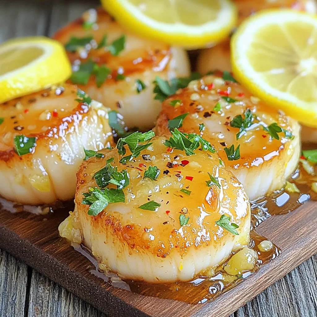 - 1 lb sea scallops - 3 tablespoons honey - 2 tablespoons fresh lemon juice - 4 cloves garlic, minced - 2 tablespoons olive oil - Salt and black pepper to taste - Fresh parsley for garnish - Lemon slices for garnish For this dish, fresh sea scallops are key. They give a sweet and tender bite. Honey adds a touch of sweetness that balances the tart lemon. Garlic brings depth and warmth to the dish. Olive oil helps achieve a nice sear on the scallops. Don't forget to season with salt and pepper. This enhances all the flavors. When you garnish with parsley and lemon slices, it makes the dish pop. Fresh parsley adds color and a hint of earthiness. Lemon slices brighten the plate and add a fresh smell. This dish is not just tasty; it looks beautiful too. Enjoy every bite of these honey lemon garlic scallops! In a small bowl, whisk together these three ingredients: - 3 tablespoons honey - 2 tablespoons fresh lemon juice - 4 cloves garlic, minced Mix until smooth. This blend adds a sweet and tangy kick to the scallops. Set it aside for now. Season the scallops with salt and black pepper on both sides. This step is key for flavor. Next, pat the scallops dry with a paper towel. This ensures they sear well and do not steam. Heat 2 tablespoons of olive oil in a large skillet over medium-high heat. Once hot, add the scallops. Make sure they do not touch each other. Sear them for about 2-3 minutes until they get a golden brown crust. Then, flip each scallop gently. Now, pour the honey lemon garlic mixture over the scallops. Let them cook for another 2-3 minutes. Baste the scallops with the sauce to coat them evenly. This step adds more flavor and keeps them moist. Remove the scallops from the skillet and place them on a serving plate. Drizzle some sauce from the pan over them. For a lovely touch, garnish with chopped fresh parsley and lemon slices. Enjoy this quick and flavorful dish! To get the best crust on your scallops, make sure they are very dry. Pat them with a paper towel before cooking. This step helps prevent steaming. Heat your skillet properly. Aim for medium-high heat, which helps to create a golden crust. Cook each side for 2-3 minutes. When they flip easily, they are ready. You can add more herbs or spices to boost flavor. Try fresh thyme or a pinch of red pepper flakes. Fresh ingredients always give a brighter taste. If you use dried herbs, use less since they are stronger. Always taste as you go to find your perfect balance. Presentation matters when serving food. Use the fresh parsley and lemon slices for a pop of color. Drizzle some sauce over the scallops to make them shine. Pair these scallops with a fresh salad or rice for a complete meal. This touch adds to the overall experience and makes your dish look stunning. {{image_2}} You can add a spicy kick to your dish. Try incorporating chili flakes for a hint of heat. Just sprinkle a little on the scallops before cooking. For a bolder flavor, drizzle some hot sauce over the finished plate. This adds a fun twist without overpowering the sweet and tangy sauce. If you want to change the sweet taste, use different sweeteners. Maple syrup can give a rich flavor. Agave nectar also works well and is a great substitute. Both options blend nicely with the lemon and garlic. Just keep the same amount as you would with honey for balance. Scallops are fantastic, but you can switch it up. Shrimp is a great alternative and cooks similarly. You can also try white fish like cod or halibut. Just follow the same steps in the recipe, and you’ll have a tasty meal in no time. Each option brings a new layer of flavor and texture. Store any leftover scallops in an airtight container. Keep them in the fridge. They stay fresh for up to two days. Make sure they are cooled before sealing. This helps keep their flavor and texture. To reheat scallops, use a skillet over low heat. Add a splash of water or broth. This helps keep them moist. Heat them for about 2-3 minutes, flipping gently. Avoid overheating, as it can make them tough. If you want to freeze scallops, place them in a single layer on a baking sheet. Freeze them for a few hours until firm. Then, transfer them into a freezer bag. They can stay frozen for up to three months. When ready to use, thaw them in the fridge overnight. Avoid thawing in hot water, as it affects their texture. Yes, you can use frozen scallops. To thaw them safely, place them in the fridge overnight. If you're short on time, put them in a sealed bag and submerge in cold water for about an hour. Avoid using hot water, as it can cook the edges. Once thawed, pat them dry with a paper towel to help them sear well. Honey lemon garlic scallops pair well with several sides. Here are some great options: - Steamed asparagus - Garlic mashed potatoes - Quinoa salad - Simple green salad - Roasted vegetables These sides add color and balance the dish's flavors. Cooking time for scallops varies by size. Generally, large scallops take about 4-6 minutes total. Cook them for 2-3 minutes on each side. If you use smaller scallops, cut the time down to 1-2 minutes per side. The key is to watch for a golden crust and a slightly firm center. This shows they are perfectly cooked. In this blog post, we covered how to make delicious Honey Lemon Garlic Scallops. You learned about the key ingredients, step-by-step cooking instructions, and helpful tips for getting the best flavor. We also explored variations to make the dish your own and provided storage info for leftovers. Remember, perfectly cooked scallops are all about timing and technique. Try these tips, and you’ll impress everyone at your table. Enjoy your cooking journey!