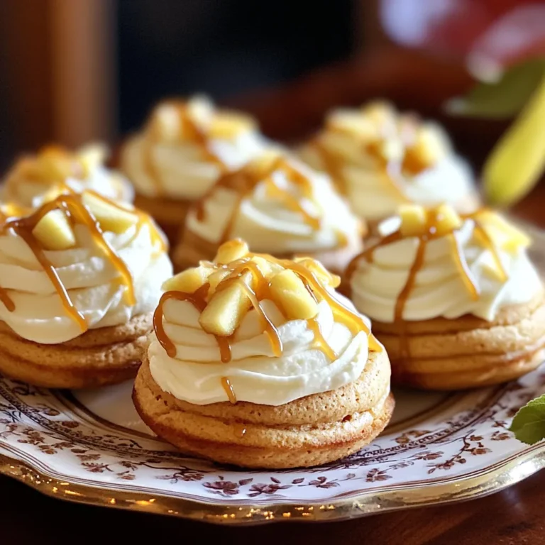 To make Caramel Apple Whoopie Pies, gather these simple ingredients: - 1 cup all-purpose flour - 1 teaspoon baking powder - 1/2 teaspoon baking soda - 1/2 teaspoon ground cinnamon - 1/4 teaspoon salt - 1/2 cup unsalted butter, softened - 1 cup brown sugar, packed - 1 large egg - 1 teaspoon vanilla extract - 1/2 cup applesauce - 1 cup finely chopped apple (like Granny Smith) - 1/2 cup caramel sauce (store-bought or homemade) - 1 cup powdered sugar - 2 tablespoons milk If you need to make swaps, here are some ideas: - Butter: Use coconut oil or margarine. - Brown Sugar: White sugar plus molasses works as a substitute. - Applesauce: You can use mashed bananas for a different flavor. - Caramel Sauce: Try chocolate sauce for a unique twist. To make your whoopie pies even more special, consider these options: - Drizzle extra caramel sauce on top. - Add thin apple slices for a fresh touch. - Sprinkle chopped nuts like walnuts or pecans for extra crunch. These ingredients and options help create a sweet treat that captures fall's essence. Enjoy! 1. First, preheat your oven to 350°F (175°C). This step is key for even baking. 2. Line a baking sheet with parchment paper. This helps to prevent sticking. 3. In a medium bowl, whisk together: - 1 cup all-purpose flour - 1 teaspoon baking powder - 1/2 teaspoon baking soda - 1/2 teaspoon ground cinnamon - 1/4 teaspoon salt This mix makes the base for your whoopie pies. 4. In a large bowl, cream together: - 1/2 cup unsalted butter, softened - 1 cup brown sugar, packed Mix until it’s light and fluffy. This adds sweetness and moisture. 5. Beat in: - 1 large egg - 1 teaspoon vanilla extract Mix well until everything is combined. 6. Stir in: - 1/2 cup applesauce This adds flavor and keeps the cookies soft. 7. Gradually mix in your dry ingredients. Stir until just combined. Avoid over-mixing to keep them soft. 8. Fold in: - 1 cup finely chopped apple (I like Granny Smith for a tart taste) Make sure the apple is evenly distributed in the dough. 9. Drop rounded tablespoons of cookie dough onto the prepared sheet. Leave space between each dollop for spreading. 10. Bake for 12-15 minutes. Look for lightly golden edges. 11. Once done, let them cool on the baking sheet for 5 minutes. Then transfer to a wire rack to cool completely. 12. In a small bowl, whisk together: - 1 cup powdered sugar - 2 tablespoons milk This makes a smooth frosting. 13. Once the cookies are cool, spread a dollop of frosting on one cookie's flat side. 14. Drizzle with: - 1/2 cup caramel sauce Top with another cookie to make a sandwich. 15. Repeat this process until all cookies are assembled. These whoopie pies are a fun fall treat. Enjoy the sweet and spiced flavors that remind you of cozy autumn days! To get the best texture in your whoopie pies, use softened butter. Cream it well with the brown sugar. This step adds air and makes your pies fluffy. Make sure you mix the dry and wet ingredients separately before combining them. This helps avoid lumps and ensures a smooth batter. When adding the chopped apple, fold it in gently. This helps keep the batter light. One common mistake is overmixing the batter. This can lead to tough whoopie pies. Mix just until the ingredients blend. Another mistake is not measuring ingredients properly. Use standard measuring cups for accuracy. Also, ensure your oven is at the right temperature. An oven that is too hot can burn the edges. Lastly, don’t skip cooling the pies before frosting them. The frosting will melt if the pies are warm. For a fun presentation, arrange your whoopie pies on a decorative plate. Drizzle extra caramel sauce on top for a sweet touch. Garnish with thin apple slices for color and freshness. You can also serve them with a scoop of vanilla ice cream. This makes a great dessert for fall gatherings or cozy nights at home. Enjoy sharing these treats with family and friends! {{image_2}} You can change the flavor of your whoopie pies by using different spices or apples. Instead of cinnamon, try nutmeg or allspice for a warm twist. You can also mix in some chopped nuts for crunch. For apples, Granny Smith works great, but Honeycrisp or Fuji adds sweetness. These small changes add fun and new tastes to your whoopie pies. Want to make your whoopie pies a bit healthier? You can swap regular sugar for coconut sugar or use a sugar substitute like stevia. For gluten-free options, replace all-purpose flour with almond or oat flour. Applesauce keeps the pies moist without extra fat, making them tasty and guilt-free. Fall brings the chance to try seasonal ingredients. Add pumpkin puree to the batter for a rich flavor. Mixing in some grated ginger gives a spicy kick. You can also sprinkle in some chopped pecans for that perfect autumn crunch. These seasonal twists make your whoopie pies cozy and fun for gatherings. To keep your whoopie pies fresh, store them in an airtight container. This helps prevent them from drying out. You can keep them at room temperature for up to two days. If you want to save them longer, the fridge is a good option. They'll last for about a week in the fridge. If you want to enjoy these treats later, freezing is easy. First, let the whoopie pies cool completely. Then, wrap each pie in plastic wrap. Place them in a freezer-safe bag or container. They can stay frozen for up to three months. When you're ready to eat, just thaw them in the fridge overnight. To enjoy your whoopie pies warm, you can reheat them. Place them in the microwave for about 10-15 seconds. This will make them soft and cozy again. You can also warm them in the oven at 350°F (175°C) for 5-7 minutes. Just keep an eye on them to avoid drying out. Yes, you can use different types of apples. Granny Smith apples work well for their tartness. However, you can also choose sweeter apples like Fuji or Honeycrisp. Just remember to chop them finely. This will help mix them into the dough easily. Each apple type brings its own flavor. Experiment and find your favorite! Store your whoopie pies in an airtight container. This keeps them fresh for up to three days at room temperature. If you live in a hot area, keep them in the fridge. This helps maintain their soft texture. Just let them sit for a few minutes before serving. For longer storage, consider freezing them. Yes, you can make the frosting ahead of time. Just mix the powdered sugar and milk together until smooth. Store it in the fridge in a sealed container. When you are ready, let it sit at room temperature before using. This will ensure it spreads easily on your whoopie pies. Making it ahead saves time on busy baking days! We've covered a lot about whoopie pies today. From ingredients to baking, I hope you feel ready to impress. Remember to explore flavor boosts and healthier choices. Avoid common mistakes to get the best texture. Store your goodies well and enjoy them later. These tips help make your pies a hit. Now it's time to get baking! Enjoy your tasty creations and share them with friends. You’ll love the smiles they bring.