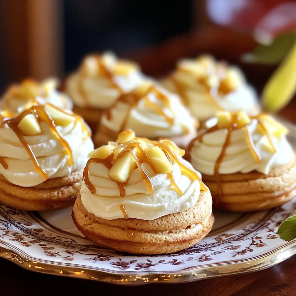 To make Caramel Apple Whoopie Pies, gather these simple ingredients: - 1 cup all-purpose flour - 1 teaspoon baking powder - 1/2 teaspoon baking soda - 1/2 teaspoon ground cinnamon - 1/4 teaspoon salt - 1/2 cup unsalted butter, softened - 1 cup brown sugar, packed - 1 large egg - 1 teaspoon vanilla extract - 1/2 cup applesauce - 1 cup finely chopped apple (like Granny Smith) - 1/2 cup caramel sauce (store-bought or homemade) - 1 cup powdered sugar - 2 tablespoons milk If you need to make swaps, here are some ideas: - Butter: Use coconut oil or margarine. - Brown Sugar: White sugar plus molasses works as a substitute. - Applesauce: You can use mashed bananas for a different flavor. - Caramel Sauce: Try chocolate sauce for a unique twist. To make your whoopie pies even more special, consider these options: - Drizzle extra caramel sauce on top. - Add thin apple slices for a fresh touch. - Sprinkle chopped nuts like walnuts or pecans for extra crunch. These ingredients and options help create a sweet treat that captures fall's essence. Enjoy! 1. First, preheat your oven to 350°F (175°C). This step is key for even baking. 2. Line a baking sheet with parchment paper. This helps to prevent sticking. 3. In a medium bowl, whisk together: - 1 cup all-purpose flour - 1 teaspoon baking powder - 1/2 teaspoon baking soda - 1/2 teaspoon ground cinnamon - 1/4 teaspoon salt This mix makes the base for your whoopie pies. 4. In a large bowl, cream together: - 1/2 cup unsalted butter, softened - 1 cup brown sugar, packed Mix until it’s light and fluffy. This adds sweetness and moisture. 5. Beat in: - 1 large egg - 1 teaspoon vanilla extract Mix well until everything is combined. 6. Stir in: - 1/2 cup applesauce This adds flavor and keeps the cookies soft. 7. Gradually mix in your dry ingredients. Stir until just combined. Avoid over-mixing to keep them soft. 8. Fold in: - 1 cup finely chopped apple (I like Granny Smith for a tart taste) Make sure the apple is evenly distributed in the dough. 9. Drop rounded tablespoons of cookie dough onto the prepared sheet. Leave space between each dollop for spreading. 10. Bake for 12-15 minutes. Look for lightly golden edges. 11. Once done, let them cool on the baking sheet for 5 minutes. Then transfer to a wire rack to cool completely. 12. In a small bowl, whisk together: - 1 cup powdered sugar - 2 tablespoons milk This makes a smooth frosting. 13. Once the cookies are cool, spread a dollop of frosting on one cookie's flat side. 14. Drizzle with: - 1/2 cup caramel sauce Top with another cookie to make a sandwich. 15. Repeat this process until all cookies are assembled. These whoopie pies are a fun fall treat. Enjoy the sweet and spiced flavors that remind you of cozy autumn days! To get the best texture in your whoopie pies, use softened butter. Cream it well with the brown sugar. This step adds air and makes your pies fluffy. Make sure you mix the dry and wet ingredients separately before combining them. This helps avoid lumps and ensures a smooth batter. When adding the chopped apple, fold it in gently. This helps keep the batter light. One common mistake is overmixing the batter. This can lead to tough whoopie pies. Mix just until the ingredients blend. Another mistake is not measuring ingredients properly. Use standard measuring cups for accuracy. Also, ensure your oven is at the right temperature. An oven that is too hot can burn the edges. Lastly, don’t skip cooling the pies before frosting them. The frosting will melt if the pies are warm. For a fun presentation, arrange your whoopie pies on a decorative plate. Drizzle extra caramel sauce on top for a sweet touch. Garnish with thin apple slices for color and freshness. You can also serve them with a scoop of vanilla ice cream. This makes a great dessert for fall gatherings or cozy nights at home. Enjoy sharing these treats with family and friends! {{image_2}} You can change the flavor of your whoopie pies by using different spices or apples. Instead of cinnamon, try nutmeg or allspice for a warm twist. You can also mix in some chopped nuts for crunch. For apples, Granny Smith works great, but Honeycrisp or Fuji adds sweetness. These small changes add fun and new tastes to your whoopie pies. Want to make your whoopie pies a bit healthier? You can swap regular sugar for coconut sugar or use a sugar substitute like stevia. For gluten-free options, replace all-purpose flour with almond or oat flour. Applesauce keeps the pies moist without extra fat, making them tasty and guilt-free. Fall brings the chance to try seasonal ingredients. Add pumpkin puree to the batter for a rich flavor. Mixing in some grated ginger gives a spicy kick. You can also sprinkle in some chopped pecans for that perfect autumn crunch. These seasonal twists make your whoopie pies cozy and fun for gatherings. To keep your whoopie pies fresh, store them in an airtight container. This helps prevent them from drying out. You can keep them at room temperature for up to two days. If you want to save them longer, the fridge is a good option. They'll last for about a week in the fridge. If you want to enjoy these treats later, freezing is easy. First, let the whoopie pies cool completely. Then, wrap each pie in plastic wrap. Place them in a freezer-safe bag or container. They can stay frozen for up to three months. When you're ready to eat, just thaw them in the fridge overnight. To enjoy your whoopie pies warm, you can reheat them. Place them in the microwave for about 10-15 seconds. This will make them soft and cozy again. You can also warm them in the oven at 350°F (175°C) for 5-7 minutes. Just keep an eye on them to avoid drying out. Yes, you can use different types of apples. Granny Smith apples work well for their tartness. However, you can also choose sweeter apples like Fuji or Honeycrisp. Just remember to chop them finely. This will help mix them into the dough easily. Each apple type brings its own flavor. Experiment and find your favorite! Store your whoopie pies in an airtight container. This keeps them fresh for up to three days at room temperature. If you live in a hot area, keep them in the fridge. This helps maintain their soft texture. Just let them sit for a few minutes before serving. For longer storage, consider freezing them. Yes, you can make the frosting ahead of time. Just mix the powdered sugar and milk together until smooth. Store it in the fridge in a sealed container. When you are ready, let it sit at room temperature before using. This will ensure it spreads easily on your whoopie pies. Making it ahead saves time on busy baking days! We've covered a lot about whoopie pies today. From ingredients to baking, I hope you feel ready to impress. Remember to explore flavor boosts and healthier choices. Avoid common mistakes to get the best texture. Store your goodies well and enjoy them later. These tips help make your pies a hit. Now it's time to get baking! Enjoy your tasty creations and share them with friends. You’ll love the smiles they bring.