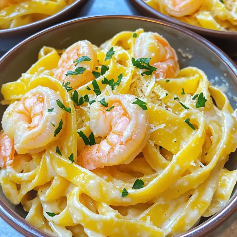 For this creamy garlic shrimp pasta, you'll need some simple yet tasty ingredients. Each one plays a key role in making this dish rich and delightful. - 8 oz fettuccine pasta - 1 lb shrimp (peeled and deveined) - 4 cloves garlic (minced) - 1 cup heavy cream - 1 cup chicken broth - 1/2 cup grated Parmesan cheese - 2 tablespoons olive oil - 1 tablespoon butter - 1 teaspoon dried Italian herbs (oregano, basil, thyme) - Salt and pepper to taste - Fresh parsley (chopped for garnish) Let's dive deeper into each ingredient. Fettuccine pasta gives the dish a nice, thick texture. You can use any pasta you like, but fettuccine holds the sauce well. Shrimp adds a rich flavor and is quick to cook. Make sure it's fresh or thawed if frozen. Garlic is the star here. It adds a strong, aromatic taste that pairs well with the cream. Heavy cream gives the sauce its rich, smooth texture. You can substitute it with half-and-half for a lighter option, but it won’t be as creamy. Chicken broth adds depth to the sauce. It enhances the flavor and makes it more savory. Parmesan cheese adds a salty, nutty taste. Freshly grated cheese melts better than pre-grated. Olive oil and butter create a flavorful base. They help cook the garlic and shrimp perfectly. Dried Italian herbs bring warmth and a bit of earthiness to the dish. You can use fresh herbs if you have them. Finally, salt and pepper enhance all the flavors. Taste as you go to get the seasoning just right. Fresh parsley adds color and freshness when you serve the dish. It makes everything look more inviting! With these ingredients, you’re all set to create a creamy garlic shrimp pasta that tastes amazing. Cooking the Shrimp First, heat 2 tablespoons of olive oil and 1 tablespoon of butter in a large pot over medium heat. Add 4 minced garlic cloves and sauté for about 1 minute. You want the garlic to smell great but not burn. Next, toss in 1 pound of peeled and deveined shrimp. Season them with salt, pepper, and 1 teaspoon of dried Italian herbs. Cook the shrimp for about 2-3 minutes until they turn pink. Once done, remove them from the pot and set them aside. Cooking the Fettuccine In the same pot, pour in 1 cup of chicken broth and bring it to a gentle simmer. Add 8 ounces of fettuccine pasta. Make sure the pasta is fully submerged in the broth. Cook the pasta according to the package instructions, about 10-12 minutes. Stir occasionally to prevent sticking. Check for doneness; you want it al dente. Combining Ingredients for Creamy Sauce After the pasta is cooked, reduce the heat. Add 1 cup of heavy cream to the pot and stir well. Gradually sprinkle in 1/2 cup of grated Parmesan cheese while stirring. Keep mixing until the sauce is creamy and smooth. Finally, return the cooked shrimp to the pot. Stir until the shrimp are well coated in the sauce. You can taste and adjust the seasoning with more salt and pepper if needed. Let it rest for a couple of minutes before serving. Avoiding Overcooked Shrimp To keep shrimp tender, cook them for only 2-3 minutes. They should turn pink and opaque. If they curl tightly, you have cooked them too long. Remove them from the heat as soon as they are done. This keeps them juicy and delicious. Perfecting the Creamy Sauce To make a smooth sauce, add the heavy cream slowly. Stir well as you mix in the Parmesan cheese. This helps it melt evenly and avoids lumps. If the sauce is too thick, add a little more chicken broth to thin it out. Adjust the seasoning with salt and pepper to taste. Recommended Kitchen Tools Use a large pot or deep skillet for this recipe. A wooden spoon is great for stirring. A measuring cup helps with portioning the broth and cream. Don’t forget a sharp knife for mincing garlic. These tools make the cooking process easier and more fun! {{image_2}} You can swap fettuccine for other pasta types. Try penne or spaghetti for a twist. Gluten-free pasta works well if you need that option. Just be sure to check cooking times; they might differ a bit. If you don’t like shrimp, use chicken or tofu instead. Cook chicken pieces until golden brown. For tofu, use firm tofu and sauté until crispy. These swaps will still give you a tasty dish. To make this dish dairy-free, replace heavy cream with coconut milk. Almond milk or cashew cream can also work. Nutritional yeast adds a cheesy flavor without dairy. This keeps the dish creamy and rich while meeting your dietary needs. Best Practices for Storage To keep your creamy garlic shrimp pasta fresh, store it in an airtight container. Let it cool to room temperature before sealing. This helps prevent condensation and keeps the pasta from getting mushy. You can store it in the fridge for up to three days. Reheating Instructions When you're ready to enjoy your leftovers, reheat them gently. You can use a microwave or a stovetop. If using the microwave, heat in short bursts and stir often. On the stovetop, add a splash of chicken broth or cream to bring back the sauce's creaminess. Heat over low heat until warmed through. Freezing Tips If you want to store it longer, freezing is a good option. Pack the pasta in a freezer-safe container, leaving some space for expansion. It can last up to two months in the freezer. To reheat, let it thaw overnight in the fridge. Then, use the stovetop method to warm it up, adding a little cream if needed. Can I use frozen shrimp? Yes, you can use frozen shrimp. Just thaw them first. Run them under cold water until they are no longer icy. This will help them cook evenly. How can I make it spicier? To add spice, try red pepper flakes. Start with a pinch and adjust to your taste. You can also use spicy sausage or hot sauce for a kick. What are good side dishes to serve with this recipe? Great side dishes include garlic bread, Caesar salad, or roasted veggies. These pair well and add color to your meal. You can also serve a light soup to start. In this article, we explored the key ingredients for creamy garlic shrimp pasta, from fettuccine to seasoning. We walked through step-by-step instructions to cook shrimp and pasta, then combine them into a delicious dish. I shared tips to avoid overcooked shrimp and perfect your sauce. You can also swap ingredients to suit your taste. Remember to store leftovers properly and reheat them for a tasty meal. With these insights, you can create a dish that impresses family and friends, making dinner a delightful occasion.
