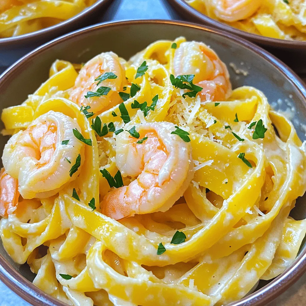 For this creamy garlic shrimp pasta, you'll need some simple yet tasty ingredients. Each one plays a key role in making this dish rich and delightful. - 8 oz fettuccine pasta - 1 lb shrimp (peeled and deveined) - 4 cloves garlic (minced) - 1 cup heavy cream - 1 cup chicken broth - 1/2 cup grated Parmesan cheese - 2 tablespoons olive oil - 1 tablespoon butter - 1 teaspoon dried Italian herbs (oregano, basil, thyme) - Salt and pepper to taste - Fresh parsley (chopped for garnish) Let's dive deeper into each ingredient. Fettuccine pasta gives the dish a nice, thick texture. You can use any pasta you like, but fettuccine holds the sauce well. Shrimp adds a rich flavor and is quick to cook. Make sure it's fresh or thawed if frozen. Garlic is the star here. It adds a strong, aromatic taste that pairs well with the cream. Heavy cream gives the sauce its rich, smooth texture. You can substitute it with half-and-half for a lighter option, but it won’t be as creamy. Chicken broth adds depth to the sauce. It enhances the flavor and makes it more savory. Parmesan cheese adds a salty, nutty taste. Freshly grated cheese melts better than pre-grated. Olive oil and butter create a flavorful base. They help cook the garlic and shrimp perfectly. Dried Italian herbs bring warmth and a bit of earthiness to the dish. You can use fresh herbs if you have them. Finally, salt and pepper enhance all the flavors. Taste as you go to get the seasoning just right. Fresh parsley adds color and freshness when you serve the dish. It makes everything look more inviting! With these ingredients, you’re all set to create a creamy garlic shrimp pasta that tastes amazing. Cooking the Shrimp First, heat 2 tablespoons of olive oil and 1 tablespoon of butter in a large pot over medium heat. Add 4 minced garlic cloves and sauté for about 1 minute. You want the garlic to smell great but not burn. Next, toss in 1 pound of peeled and deveined shrimp. Season them with salt, pepper, and 1 teaspoon of dried Italian herbs. Cook the shrimp for about 2-3 minutes until they turn pink. Once done, remove them from the pot and set them aside. Cooking the Fettuccine In the same pot, pour in 1 cup of chicken broth and bring it to a gentle simmer. Add 8 ounces of fettuccine pasta. Make sure the pasta is fully submerged in the broth. Cook the pasta according to the package instructions, about 10-12 minutes. Stir occasionally to prevent sticking. Check for doneness; you want it al dente. Combining Ingredients for Creamy Sauce After the pasta is cooked, reduce the heat. Add 1 cup of heavy cream to the pot and stir well. Gradually sprinkle in 1/2 cup of grated Parmesan cheese while stirring. Keep mixing until the sauce is creamy and smooth. Finally, return the cooked shrimp to the pot. Stir until the shrimp are well coated in the sauce. You can taste and adjust the seasoning with more salt and pepper if needed. Let it rest for a couple of minutes before serving. Avoiding Overcooked Shrimp To keep shrimp tender, cook them for only 2-3 minutes. They should turn pink and opaque. If they curl tightly, you have cooked them too long. Remove them from the heat as soon as they are done. This keeps them juicy and delicious. Perfecting the Creamy Sauce To make a smooth sauce, add the heavy cream slowly. Stir well as you mix in the Parmesan cheese. This helps it melt evenly and avoids lumps. If the sauce is too thick, add a little more chicken broth to thin it out. Adjust the seasoning with salt and pepper to taste. Recommended Kitchen Tools Use a large pot or deep skillet for this recipe. A wooden spoon is great for stirring. A measuring cup helps with portioning the broth and cream. Don’t forget a sharp knife for mincing garlic. These tools make the cooking process easier and more fun! {{image_2}} You can swap fettuccine for other pasta types. Try penne or spaghetti for a twist. Gluten-free pasta works well if you need that option. Just be sure to check cooking times; they might differ a bit. If you don’t like shrimp, use chicken or tofu instead. Cook chicken pieces until golden brown. For tofu, use firm tofu and sauté until crispy. These swaps will still give you a tasty dish. To make this dish dairy-free, replace heavy cream with coconut milk. Almond milk or cashew cream can also work. Nutritional yeast adds a cheesy flavor without dairy. This keeps the dish creamy and rich while meeting your dietary needs. Best Practices for Storage To keep your creamy garlic shrimp pasta fresh, store it in an airtight container. Let it cool to room temperature before sealing. This helps prevent condensation and keeps the pasta from getting mushy. You can store it in the fridge for up to three days. Reheating Instructions When you're ready to enjoy your leftovers, reheat them gently. You can use a microwave or a stovetop. If using the microwave, heat in short bursts and stir often. On the stovetop, add a splash of chicken broth or cream to bring back the sauce's creaminess. Heat over low heat until warmed through. Freezing Tips If you want to store it longer, freezing is a good option. Pack the pasta in a freezer-safe container, leaving some space for expansion. It can last up to two months in the freezer. To reheat, let it thaw overnight in the fridge. Then, use the stovetop method to warm it up, adding a little cream if needed. Can I use frozen shrimp? Yes, you can use frozen shrimp. Just thaw them first. Run them under cold water until they are no longer icy. This will help them cook evenly. How can I make it spicier? To add spice, try red pepper flakes. Start with a pinch and adjust to your taste. You can also use spicy sausage or hot sauce for a kick. What are good side dishes to serve with this recipe? Great side dishes include garlic bread, Caesar salad, or roasted veggies. These pair well and add color to your meal. You can also serve a light soup to start. In this article, we explored the key ingredients for creamy garlic shrimp pasta, from fettuccine to seasoning. We walked through step-by-step instructions to cook shrimp and pasta, then combine them into a delicious dish. I shared tips to avoid overcooked shrimp and perfect your sauce. You can also swap ingredients to suit your taste. Remember to store leftovers properly and reheat them for a tasty meal. With these insights, you can create a dish that impresses family and friends, making dinner a delightful occasion.