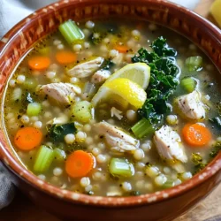 - 1 pound boneless, skinless chicken thighs, diced - 1 cup pearl barley, rinsed - 4 cups low-sodium chicken broth - 2 medium carrots, diced - 2 celery stalks, diced - 1 medium onion, chopped - 3 cloves garlic, minced - 1 teaspoon dried thyme - 1 teaspoon dried rosemary - 1 bay leaf - Salt and pepper to taste - 2 cups kale or spinach, chopped - 1 tablespoon olive oil - Juice of 1 lemon (for serving) Gathering the right ingredients is key. Start with the chicken thighs. I prefer boneless, skinless ones because they are tender and easy to work with. Dicing them into bite-sized pieces helps them cook evenly. Next, pearl barley adds a chewy texture and nutty flavor. Rinse it well to remove any dust. Low-sodium chicken broth gives a great base. It adds flavor without being too salty. For the veggies, I use carrots, celery, and onion. They form a classic mirepoix, adding depth. Dice the carrots and celery and chop the onion finely. Garlic is a must for aroma and taste. Mince it well to release its oils. Herbs like thyme and rosemary bring a fresh taste. Use dried herbs for ease. A bay leaf enhances the flavor but remember to remove it before serving. Season with salt and pepper to your liking. Finally, add greens like kale or spinach for color and nutrients. Chop them up. Don't forget the olive oil! It helps cook the veggies. To finish, a squeeze of lemon juice brightens the soup. It adds a nice zing. With these ingredients, you are all set to make a cozy, hearty soup. Enjoy the process! - Sauté vegetables in the slow cooker: Start by heating 1 tablespoon of olive oil in your slow cooker. If your slow cooker has a sauté option, use it. Add the chopped onion, diced carrots, and diced celery. Sauté these for about 4 to 5 minutes. They should become soft and fragrant. - Add chicken and spices: Now, it’s time to add the diced chicken thighs. Sprinkle in 1 teaspoon of dried thyme, 1 teaspoon of dried rosemary, and a bay leaf. Don’t forget to season with salt and pepper to taste. Stir everything together to mix the flavors well. - Combine with chicken broth: Pour in 4 cups of low-sodium chicken broth. Ensure all the ingredients are well submerged. Give it a gentle stir to combine everything evenly. - Set slow cooker to low or high: You have two options here. Set your slow cooker to low for 6 to 8 hours or high for 3 to 4 hours. Both will make the chicken and barley tender and delicious. - Add kale or spinach before serving: About 30 minutes before you plan to serve, add 2 cups of chopped kale or spinach. This step brings a fresh touch to the soup and packs in extra nutrients. - Adjust seasonings and serve: Once the cooking time is up, take out the bay leaf. Taste the soup and adjust the salt and pepper as needed. Serve it hot with a squeeze of fresh lemon juice on top to brighten the flavors. - Best practices for sautéing in slow cooker Start by heating olive oil in your slow cooker. If it has a sauté function, use it. Add chopped onions, carrots, and celery. Cook these for about 4-5 minutes. This will make them soft and sweet. Next, add minced garlic and sauté for one more minute. This brings out the garlic's great flavor. - Ensuring chicken and barley are tender To make sure the chicken is juicy and the barley is soft, set your slow cooker to low heat. Cook for 6-8 hours. If you're in a hurry, you can set it to high heat. In this case, cook for 3-4 hours. Always check if the chicken is tender. The barley should be chewy but not hard. - Perfect side dishes for the soup This soup pairs well with crusty bread or a fresh salad. A simple green salad adds a nice crunch. You can also serve it with a side of garlic bread for a tasty combo. - Additional garnishes To make your soup even better, add fresh herbs like parsley or thyme. They add color and flavor. You can also sprinkle some grated cheese on top. A squeeze of fresh lemon juice brightens the soup and adds a nice zing. {{image_2}} You can change the base of this soup easily. Instead of chicken thighs, use chicken breasts or turkey. Both work well and offer a lighter taste. If you prefer a vegetarian option, try using mushrooms or a can of chickpeas. For grains, barley is hearty, but you can swap it for quinoa or farro. Each adds a unique texture and flavor. If you want a gluten-free version, use brown rice instead of barley. Feel free to add more vegetables. Peas, corn, or green beans bring color and nutrition. You can also add legumes like lentils or black beans. They add protein and fiber, making the soup even more filling. To boost the flavor, add spices or herbs. A pinch of smoked paprika gives a warm, smoky taste. If you like heat, try adding red pepper flakes. Fresh herbs like parsley or cilantro can brighten the soup. For a creamier texture, stir in a splash of cream or coconut milk right before serving. This adds richness and makes every bite feel luxurious. You can also mix in some grated cheese, like Parmesan, for extra depth. These simple changes let you customize the soup to your taste. Enjoy experimenting! To keep your Rustic Chicken Barley Soup fresh, let it cool first. Then, store it in airtight containers. Glass or BPA-free plastic containers work best. This helps keep flavors and moisture locked in. You can refrigerate the soup for up to three days. Make sure to label the containers with the date. This way, you know when to use them. If you want to save some soup for later, freezing is a great option. Pour the cooled soup into freezer-safe containers or bags. Leave space at the top for expansion. Seal them tightly to avoid freezer burn. You can freeze the soup for up to three months. When you're ready to eat, thaw the soup in the fridge overnight. You can also use the microwave. Heat it in short bursts, stirring in between. This helps prevent hot spots. For best taste, reheat it on the stove over low heat. Stir occasionally until hot. Enjoy your warm, comforting soup even after freezing! How long does chicken take to cook in a slow cooker? Chicken usually takes about 6-8 hours on low or 3-4 hours on high in a slow cooker. The low setting cooks the chicken evenly. This helps it stay tender and juicy. Always check that the chicken reaches 165°F to ensure it is safe to eat. Can I use frozen chicken in this recipe? Yes, you can use frozen chicken. Just add it directly to the slow cooker. However, cooking time may increase by about an hour. Make sure the chicken is fully cooked before serving. How to make this soup gluten-free? To make this soup gluten-free, simply swap the pearl barley for a gluten-free grain. Quinoa or rice are great options. Both cook well in the slow cooker and add nice texture. Can I add more vegetables? Absolutely! You can add more vegetables to boost flavor and nutrition. Consider using zucchini, bell peppers, or green beans. Just chop them up and toss them in with the other ingredients. This makes the soup even heartier. This blog post provides a clear guide to making a delicious chicken barley soup. We covered the key ingredients, step-by-step instructions, and helpful tips for best results. I shared ways to adjust flavors and suggested storage tips for leftovers. This soup is easy to make and offers tasty variations. With these insights, I hope you feel ready to create a warm, hearty meal for yourself or your loved ones. Enjoy every spoonful!