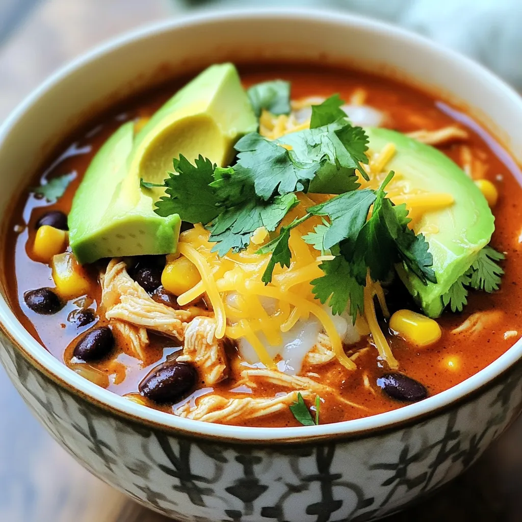 To make this tasty slow cooker chicken enchilada soup, gather these ingredients: - 1 pound boneless, skinless chicken breasts - 1 can (10 oz) red enchilada sauce - 1 can (15 oz) black beans, rinsed and drained - 1 can (15 oz) corn kernels, drained - 1 can (14.5 oz) diced tomatoes with green chilies - 1 medium onion, diced - 2 cloves garlic, minced - 1 teaspoon ground cumin - 1 teaspoon chili powder - 1 teaspoon smoked paprika - 4 cups chicken broth - Salt and pepper to taste - 1 cup shredded cheese (cheddar or Mexican blend) - Fresh cilantro for garnish - Avocado slices for serving Using fresh ingredients can elevate your soup's flavor. Fresh onions and garlic add a bright taste. You can also use fresh tomatoes for a lighter feel. However, canned ingredients save time. Canned black beans and corn are quick and easy. They still provide great flavor and texture. Choose what fits your schedule and taste best. I suggest using boneless, skinless chicken breasts for this soup. They cook evenly and shred easily. Thighs can also work well. They add extra flavor and moisture. If you prefer dark meat, feel free to switch to thighs. Just adjust your cooking time if needed. Start with your slow cooker. Place 1 pound of boneless, skinless chicken breasts at the bottom. Pour 1 can of red enchilada sauce over the chicken. This sauce adds rich flavor to the dish. Next, add 1 can of black beans, rinsed and drained. Then, include 1 can of corn kernels, drained as well. Toss in 1 can of diced tomatoes with green chilies. This adds a nice kick. Now, add 1 diced medium onion and 2 cloves of minced garlic. These will give your soup a strong base. Sprinkle in 1 teaspoon of ground cumin, 1 teaspoon of chili powder, and 1 teaspoon of smoked paprika for depth. Finally, pour in 4 cups of chicken broth. Season with salt and pepper to taste. Stir gently to mix everything well. Ensure the chicken is mostly covered by the liquid. Cover your slow cooker and set it to low for 6-8 hours. If you are short on time, you can set it to high for 4 hours. During this time, the chicken will cook and become tender. You will smell the delicious spices as it cooks. Make sure not to lift the lid too often; this keeps the heat in and helps the chicken cook evenly. When the cooking time is up, carefully take out the chicken breasts. Use two forks to shred the chicken into bite-sized pieces. This makes it easier to eat. Return the shredded chicken back to the soup and mix well. Taste your soup and adjust the seasoning if needed. Serve your soup hot. Top each bowl with 1 cup of shredded cheese, fresh cilantro, and avocado slices. These toppings add freshness and creaminess to the dish. Enjoy your tasty slow cooker chicken enchilada soup! To get tender chicken, use boneless, skinless chicken breasts. They cook well in a slow cooker. Always make sure the chicken is fully submerged in the broth and sauce. This keeps it moist and flavorful. Cook on low heat for 6-8 hours or on high for 4 hours. When done, shred the chicken gently with two forks. This helps it blend well in the soup. You can boost the flavor of your soup easily. Add fresh lime juice right before serving. It brightens the taste and adds a nice zing. You might also try adding chopped jalapeños if you like heat. For a smokier flavor, use smoked cheese instead of regular cheese. This adds depth and richness to each bowl. Don’t forget to taste and adjust the spices. Everyone has a different taste, so make it your own! Toppings can elevate your soup to the next level. I love adding shredded cheese on top. Cheddar or a Mexican blend works great. Fresh cilantro adds a pop of color and freshness. Avocado slices are also a must. They bring creaminess and balance the spices. You can even add sour cream for extra richness! Feel free to mix and match your toppings to find your favorite. {{image_2}} To make a vegetarian version of this soup, swap the chicken for more beans or vegetables. Use 2 cans of black beans or 1 can each of black beans and kidney beans. Add chopped bell peppers, zucchini, or mushrooms for extra flavor. You can also use vegetable broth instead of chicken broth for a full plant-based taste. If you like it spicy, add diced jalapeños or a splash of hot sauce. For a milder soup, skip the chili powder or use less. Remember, you can always add more spice later when serving. This way, everyone can enjoy it at their favorite heat level. You can use turkey instead of chicken for a lighter twist. Shredded rotisserie chicken is also a great option if you're short on time. For a unique touch, try adding cooked chorizo for a spicy kick. Just remember to adjust cooking times if using pre-cooked meats. To store your soup, let it cool first. Then, pour the soup into an airtight container. Make sure to cover it tightly. You can keep the soup in the fridge for up to four days. If you want to save it longer, freezing is a great option. For freezing, use freezer-safe bags or containers. Leave some space at the top for expansion. Label the bags with the date. The soup can stay in the freezer for up to three months. When you’re ready to eat, just thaw it in the fridge overnight. To reheat, place the soup in a pot over medium heat. Stir it often until it warms up. You can also use the microwave. Heat it in a microwave-safe bowl. Stir every minute until it is hot throughout. Enjoy your delicious soup again! Yes, you can use frozen chicken. Just add it to the slow cooker with the sauce. Cook it on high for about 5-6 hours or low for 7-8 hours. The chicken will become tender and easy to shred. I often use frozen chicken for a quick meal. It saves time and is still tasty. If you do not have enchilada sauce, try salsa or taco sauce. You can also make your own with tomatoes, chili powder, and spices. This gives you control over the flavor. Experiment with different sauces to find what you like best. Each option adds a unique taste to the soup. To thicken the soup, you can add more beans or corn. You can also mix in a bit of cornstarch with water and stir it in. Another method is to let the soup cook longer with the lid off. This allows steam to escape and thickens the soup naturally. In this post, we explored every detail for making a standout soup. We discussed the best ingredients to use, highlighting fresh versus canned options and ideal chicken cuts. The step-by-step guide provided clear directions for preparing, cooking, shredding, and serving. Tips ensured you get tender chicken and tasty toppings. Variations let you customize the dish, offering vegetarian and spice options. Lastly, we covered how to store, freeze, and reheat leftovers. Try these methods next time you cook, and you'll impress everyone with your soup skills!
