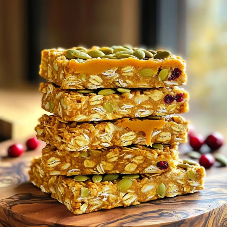 - 2 cups rolled oats - 1 cup pumpkin puree - 1/2 cup nut butter (such as almond or peanut) The base of these bars is rolled oats. They give a hearty texture. Oats are great for energy. Next, we add pumpkin puree. This gives a nice flavor and moisture. Nut butter adds richness and healthy fats. You can choose almond or peanut butter. Both work well in this recipe. - 1/4 cup honey or maple syrup For sweetness, I use honey or maple syrup. Both options add a nice touch. Honey gives a warm flavor. Maple syrup adds a hint of caramel. Either choice makes the bars taste great. - 1 teaspoon pumpkin pie spice - 1/2 teaspoon cinnamon - 1/4 teaspoon salt Spices bring the fall flavor. I use pumpkin pie spice for that classic taste. Ground cinnamon adds warmth. A little salt balances the sweetness. Together, they make these bars a true fall treat. - Preheat your oven to 350°F (180°C). - Line an 8x8 inch baking dish with parchment paper. Leave some overhang for easy removal. - In a large bowl, mix 2 cups of rolled oats, 1/2 cup chopped nuts, 1/2 cup dried cranberries, and 1/4 cup pumpkin seeds. Add 1 teaspoon pumpkin pie spice, 1/2 teaspoon cinnamon, and 1/4 teaspoon salt. Stir to combine. - In another bowl, whisk together 1 cup pumpkin puree, 1/2 cup nut butter, 1/4 cup honey or maple syrup, and 1 teaspoon vanilla extract until smooth. - Pour the wet ingredients into the dry mix. Stir until everything is coated well. - Transfer the mixture to your prepared baking dish. Press it down firmly using a spatula or your hands. It must be tightly packed to avoid crumbling. - Bake for 20-25 minutes until the edges are golden brown. - After baking, cool in the dish for 10 minutes. Use the parchment overhang to lift it out. Let it cool completely on a wire rack before cutting into bars. To make your pumpkin spice granola bars great, mix well. This helps all the oats and nuts blend. When adding the wet mix, ensure every piece is coated. This gives a uniform taste. After mixing, press the mixture firmly into the baking dish. A tight pack keeps the bars from crumbling. For a lovely display, stack the granola bars on a platter. Drizzle some nut butter on top for extra flavor. You can also sprinkle pumpkin seeds for a nice touch. These bars pair well with warm apple cider or a cup of herbal tea. They make a cozy snack on chilly fall days. Store your granola bars in an airtight container. This keeps them fresh and chewy. You can also wrap each bar in parchment paper for easy grab-and-go. They will stay fresh for about a week at room temperature. If you want them to last longer, store them in the fridge for up to two weeks. {{image_2}} If you want a nut-free version, you can swap out the nut butter. Sunflower seed butter works great. It gives the bars a nice flavor without nuts. You can also use soy nut butter for a similar taste. Just make sure to check for allergies. You can easily change the flavor of your granola bars. Adding chocolate chips creates a sweet twist. Dark chocolate or milk chocolate both work well. You can also mix in different spices. Try ginger or allspice for a new taste. These simple changes can make your bars unique. When it comes to dried fruits, you have options. You can use raisins or cranberries based on your taste. Dried cherries or apricots also add a nice touch. Just chop them up to mix well. Any dried fruit can make your bars even tastier. - Calories per serving: Each bar has about 150 calories. - Key nutrients: These bars are rich in fiber, healthy fats, and protein. - Benefits of oats and pumpkin: Oats provide fiber, which aids digestion. Pumpkin is high in vitamins A and C, which boost immunity. - Importance of nuts and seeds: Nuts add protein and healthy fats. Pumpkin seeds are great for magnesium and zinc. - Gluten-free options: Use certified gluten-free oats for a safe snack. - Vegan-friendly adaptations: Swap honey for maple syrup to keep it vegan. To keep your granola bars fresh, store them in an airtight container. Place parchment paper between layers to prevent sticking. Keep them in a cool, dry place. If you want them to last longer, you can refrigerate them. This helps maintain their texture and flavor. Yes, you can freeze these bars! Wrap each one in plastic wrap and place them in a freezer bag. This keeps them fresh for up to three months. When you want to enjoy one, just take it out and let it thaw at room temperature. For quicker thawing, you can microwave it for a few seconds. To achieve a chewy texture, use a little less oats. You can also add more nut butter or pumpkin puree. These ingredients help bind the bars better. Press the mixture firmly into the dish before baking. This ensures they hold together well. You learned how to make delicious pumpkin spice granola bars. We covered main ingredients like oats and pumpkin puree, sweeteners like honey, and spices for flavor. I shared step-by-step instructions for mixing and baking. You also picked up tips on serving ideas and storage methods. Finally, I highlighted dietary options for everyone. Enjoy making your bars! They are easy to customize and fun to share. Let your kitchen creativity shine!