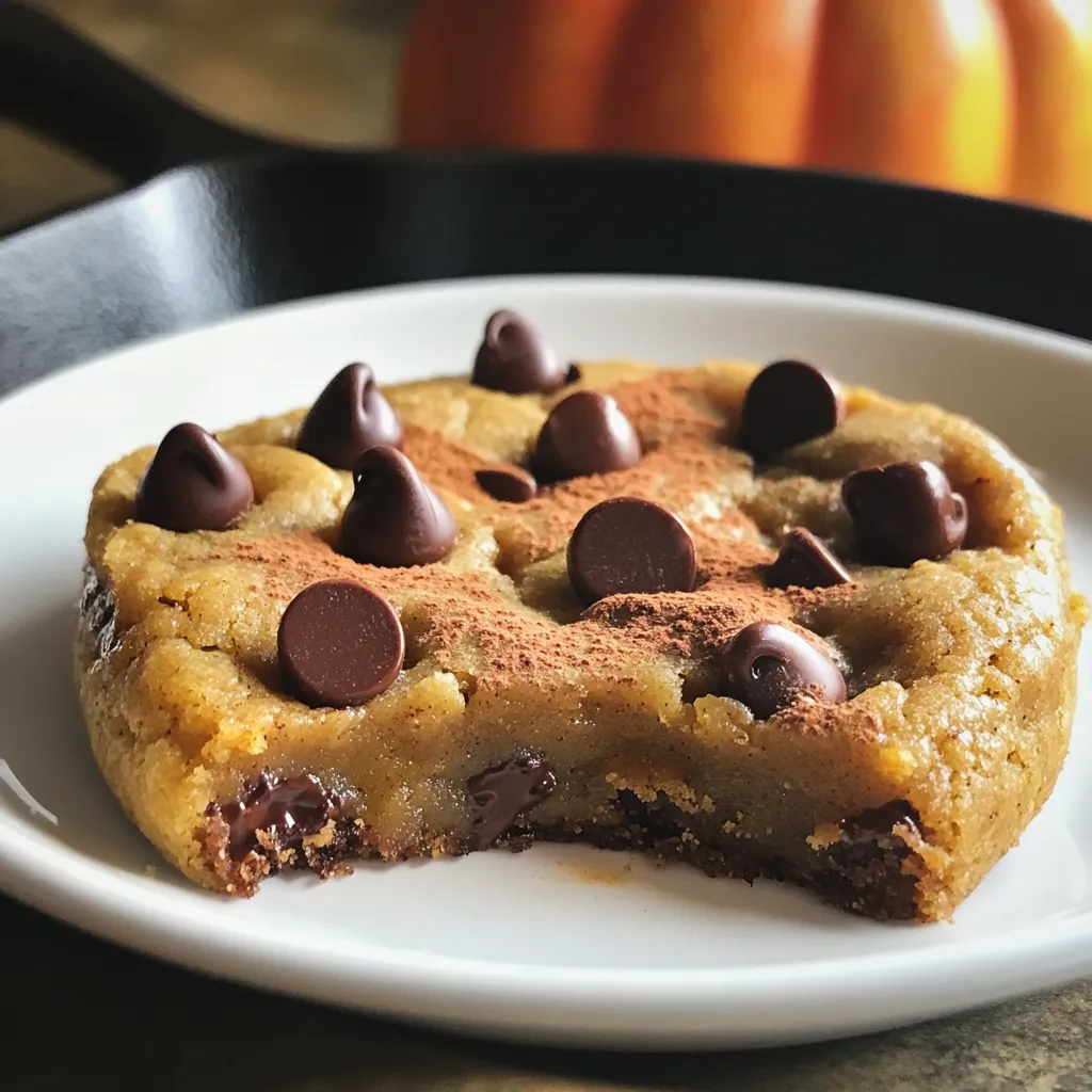 To make a delightful pumpkin chocolate chip skillet cookie, gather these simple ingredients: - 1 cup pumpkin puree - 1/2 cup brown sugar - 1/4 cup granulated sugar - 1/2 cup unsalted butter, softened - 1 large egg - 1 teaspoon vanilla extract - 1 1/2 cups all-purpose flour - 1/2 teaspoon baking soda - 1/2 teaspoon baking powder - 1 teaspoon ground cinnamon - 1/2 teaspoon ground nutmeg - 1/4 teaspoon ground ginger - 1/2 teaspoon salt - 1 cup semi-sweet chocolate chips - Optional: 1/4 cup chopped walnuts or pecans Each ingredient plays a key role in building flavor and texture. The pumpkin puree adds moisture and a warm flavor. Brown sugar gives a rich depth, while granulated sugar adds sweetness. Unsalted butter brings richness, and the egg acts as a binder. Baking soda and baking powder help the cookie rise. The spices—cinnamon, nutmeg, and ginger—infuse the cookie with cozy fall flavors. Salt balances out the sweetness. Finally, the chocolate chips add delightful bursts of chocolate goodness. You can also add chopped walnuts or pecans for extra texture. These ingredients make this skillet cookie a perfect treat for any occasion! - Preheat Oven and Prepare Skillet: Start by preheating your oven to 350°F (175°C). Grease a 10-inch cast-iron skillet or an oven-safe frying pan. This helps the cookie not stick. - Creaming the Butter and Sugars: In a large bowl, mix 1/2 cup of softened unsalted butter with 1/2 cup brown sugar and 1/4 cup granulated sugar. Use an electric mixer. Beat until the mix is light and fluffy. - Combining Wet Ingredients: Next, add 1 cup of pumpkin puree, 1 large egg, and 1 teaspoon of vanilla extract. Mix until everything is smooth and well combined. - Whisking Together Dry Items: In another bowl, whisk together 1 1/2 cups of all-purpose flour, 1/2 teaspoon baking soda, 1/2 teaspoon baking powder, 1 teaspoon ground cinnamon, 1/2 teaspoon ground nutmeg, 1/4 teaspoon ground ginger, and 1/2 teaspoon salt. Make sure they are evenly mixed. - Combining Wet and Dry Mixtures: Gradually add the dry mix to the wet mix. Stir gently until just combined. Do not over-mix to keep the cookie soft. - Folding in Chocolate Chips and Nuts: Now fold in 1 cup semi-sweet chocolate chips. If you like, add 1/4 cup of chopped walnuts or pecans for extra crunch. - Pouring Batter into Skillet: Pour the batter into your prepared skillet. Spread it evenly with a spatula. - Baking Time and Temperature: Bake in the oven for 25-30 minutes. The edges should be golden brown. A toothpick inserted in the center should come out clean. Serve this warm for the best taste! Mixing the batter too much can ruin the texture. When adding dry ingredients, mix until just combined. This keeps your cookie soft and chewy. I usually stop mixing as soon as I no longer see dry flour. To check if your cookie is done, look for golden edges. Insert a toothpick into the center. If it comes out clean, it’s ready. If not, bake for a few more minutes. You want a slight softness in the center. For a special treat, top your skillet cookie with a scoop of ice cream. A drizzle of caramel sauce adds sweetness too. You can also sprinkle some cinnamon for extra flavor. These toppings make the cookie even more delightful. Feel free to adjust the spices to fit your taste. If you love cinnamon, add a bit more. If ginger is your favorite, increase that too. Play around with the spices to make it your own. Serve your skillet cookie warm right from the oven. This is when it tastes best. The chocolate chips will be melty, and the cookie will be soft. Cut it into wedges for easy sharing. Pair your cookie with a glass of milk or a warm cup of coffee. The flavors mix well. You can also serve it with whipped cream for a dessert that feels fancy. Enjoy it with friends for a perfect treat! {{image_2}} Using Different Types of Chocolate You can change up the flavor by using different types of chocolate. Try dark chocolate chips for a rich taste. Milk chocolate chips give a sweeter flavor. You can even mix them together for a fun twist. Substituting Nut Butter If you want a nutty flavor, use nut butter instead of butter. Almond or peanut butter works well. Just replace the butter with the same amount of nut butter. This adds a creamy texture and extra flavor to your skillet cookie. Gluten-Free Options To make this cookie gluten-free, swap all-purpose flour for a gluten-free blend. Make sure the blend has a good mix of starches and flours. Check the package to ensure it can be used in baking. Vegan Adaptations You can easily make this recipe vegan. Replace the egg with a flax egg. To do this, mix 1 tablespoon of flaxseed meal with 2.5 tablespoons of water. Let it sit for a few minutes until it thickens. Use a plant-based butter to keep it dairy-free. To keep your pumpkin chocolate chip skillet cookie fresh, let it cool first. Then, cover it tightly with plastic wrap or place it in an airtight container. Store it at room temperature for up to three days. If you need to keep it longer, freezing is a great option. To freeze the cookie, slice it into pieces. Wrap each piece in plastic wrap, then place them in a freezer bag. Be sure to remove as much air as possible. Label the bag with the date. Your cookie can stay good for up to three months in the freezer. The best way to reheat your skillet cookie is in the oven. Preheat your oven to 350°F (175°C). Place the cookie on a baking sheet and heat for about 10 minutes. This method keeps the cookie warm and soft. Serve the cookie warm for the best taste. You can also enjoy it at room temperature. If you want it extra special, add a scoop of vanilla ice cream on top. It melts beautifully and adds a creamy touch. Yes, you can use fresh pumpkin. First, cook and mash the pumpkin. Make sure to drain excess water. This will help keep the cookie from being too wet. Fresh pumpkin adds a nice flavor and texture. The skillet cookie lasts about three to four days. Store it in an airtight container at room temperature. If you want to keep it longer, refrigerate it. Just be sure to warm it up before serving. Yes, you can prepare the batter ahead of time. Just cover it and keep it in the fridge for up to one day. When ready, pour it into the skillet and bake. This makes it easy to enjoy fresh cookies later. To serve leftovers, warm them in the oven or microwave. A quick heat will bring back the gooeyness. You can add a scoop of ice cream on top for extra fun. Drizzle some caramel sauce, and enjoy! - Additional Common Questions Related to the Recipe - Can I use dark chocolate chips? Yes, dark chocolate chips work well. They add a rich flavor. - What if I don’t have a cast-iron skillet? You can use any oven-safe pan. Just make sure to adjust the baking time. - How can I make this cookie more chewy? Add a little more brown sugar for added moisture. This will help create a chewy texture. You learned about making a delicious skillet cookie using simple ingredients. We covered baking steps, tips for texture, and tasty variations. You can even adapt the recipe for special diets. Remember to store leftovers properly for freshness. This treat is perfect for sharing or enjoying alone. Get creative with toppings or mix-ins to make it your own. With these tips, your skillet cookie will be a hit every time! Enjoy your baking journey and the tasty results.