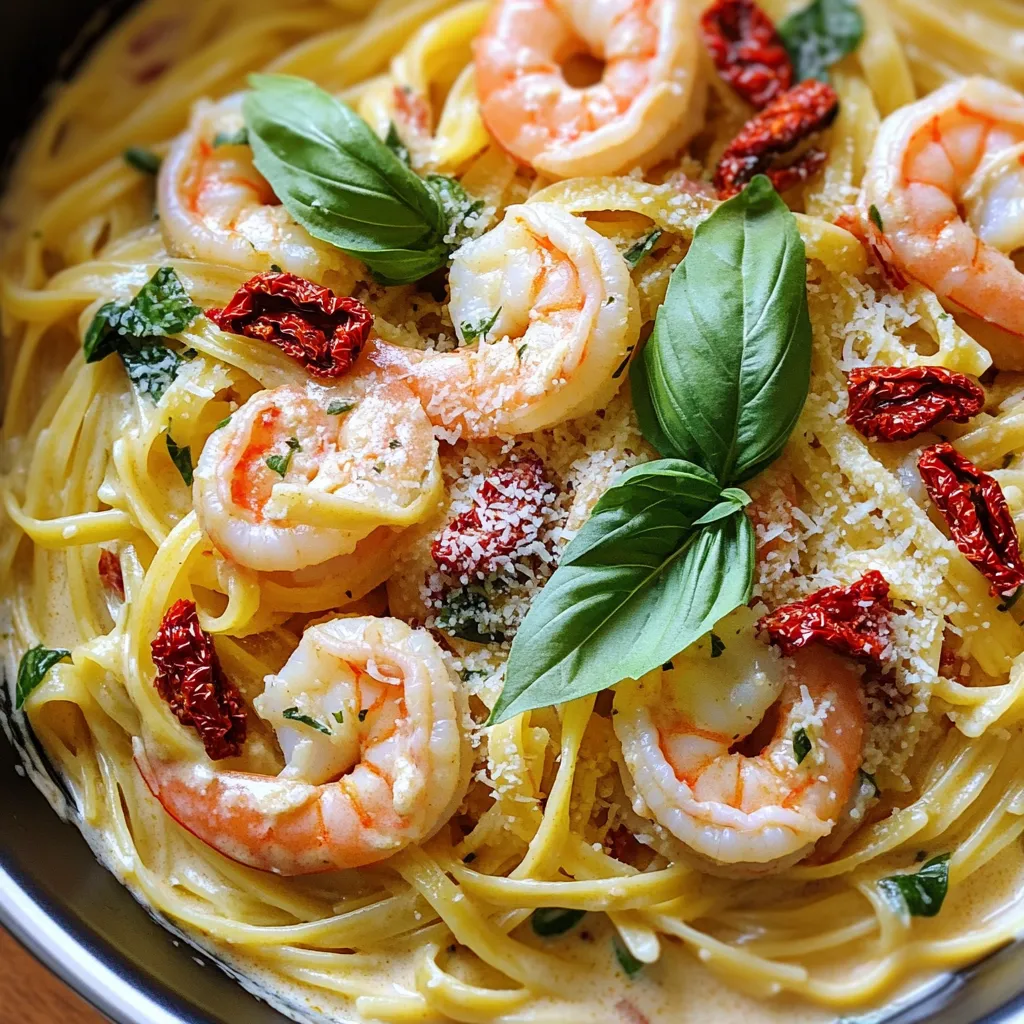 - 12 oz linguine or spaghetti - 1 lb shrimp, peeled and deveined - 1 cup sun-dried tomatoes, chopped (in oil is best) - 3 cups chicken or vegetable broth - 1 cup heavy cream - 1/2 cup grated Parmesan cheese - 4 cloves garlic, minced - 1 teaspoon Italian seasoning - 1 teaspoon red pepper flakes (adjust to taste) The ingredients for this one-pot dish are simple yet full of flavor. First, you need pasta, either linguine or spaghetti. I like linguine for its nice bite. Next, grab a pound of shrimp. Make sure they are peeled and deveined for the best taste. Sun-dried tomatoes bring a tangy kick, so use a cup of those, preferably packed in oil. For the creamy sauce, you will need three cups of chicken or vegetable broth. Using broth adds depth to the dish. Then, pour in a cup of heavy cream for richness. Don’t forget the half cup of grated Parmesan cheese. This cheese melts beautifully and adds a savory touch. Now for the seasonings! You will need four cloves of minced garlic. Garlic gives a fragrant base to our dish. Italian seasoning brings warmth and flavor. Lastly, red pepper flakes add a spicy twist. Adjust these flakes based on your spice level preference. Gather all these ingredients, and you are ready to create a delightful meal! Heat 2 tablespoons of olive oil in a large, deep skillet or pot over medium heat. Add 4 cloves of minced garlic and sauté until fragrant, about 1 minute. This step builds a great base for our dish. Next, stir in 1 cup of chopped sun-dried tomatoes. Cook for 2-3 minutes to let their rich flavor shine. Then, add 1 pound of peeled and deveined shrimp. Cook until they turn pink and opaque, which takes about 2-3 minutes. Once done, set the shrimp aside. In the same pot, add 3 cups of chicken or vegetable broth. Bring it to a boil. Once boiling, stir in 12 ounces of linguine or spaghetti, along with 1 teaspoon of Italian seasoning. Cook according to the package instructions, usually about 8-10 minutes. Stir occasionally for even cooking. When the pasta is almost done, stir in 1 cup of heavy cream, 1 teaspoon of red pepper flakes, and ½ cup of grated Parmesan cheese. Mix well until the sauce becomes creamy and coats the pasta fully. Finally, return the cooked shrimp to the pot. Mix everything together and season with salt and pepper to taste. Cook for an additional 2-3 minutes to heat through. To get tender shrimp, do not overcook them. Two to three minutes is just right. Stir the pasta often while cooking. This helps the sauce coat every bit evenly. For a lovely presentation, serve the pasta in shallow bowls. Garnish each bowl with fresh basil leaves. A sprinkle of Parmesan cheese adds a nice touch. For extra color, you can add cherry tomatoes or microgreens. Using homemade broth can make the dish richer. If you like spice, feel free to adjust the red pepper flakes. Add more if you want heat or less if you prefer milder flavors. {{image_2}} You can easily change the protein in this dish. If you want something different, use chicken or tofu instead of shrimp. Both options work great and add nice flavor. If you love seafood, try scallops. They cook fast and add a rich taste to the pasta. Adding vegetables can boost flavor and nutrition. Try tossing in spinach or kale for a bright green touch. These greens are healthy and add color to your plate. Bell peppers and zucchini also make great choices. They give the dish extra crunch and flavor. Just chop them up and add them when you cook the shrimp. If you need a gluten-free meal, swap the pasta for gluten-free options. Many brands offer great pasta that cooks well. For a dairy-free version, replace heavy cream with coconut milk. It gives a nice creaminess while keeping it light. These swaps help you cater to your needs without losing taste. You can store your creamy shrimp pasta in an airtight container. Keep it in the fridge for up to 3 days. When you're ready to eat, reheat gently. You can use the stove or the microwave. If it looks a bit dry, add a splash of broth. This will help bring back its creamy texture. If you want to keep it longer, freeze your pasta in portions. This makes meal prep easy. Aim to eat it within 1-2 months. To thaw, place it in the fridge overnight. Before serving, reheat it well. This way, you will enjoy the same great taste. To avoid mushy pasta, undercook it slightly if you plan to store it. This is key since pasta absorbs extra liquid over time. It is better to have pasta that is firm than one that is soft and mushy. Following this tip helps keep your dish delicious. Yes, just ensure they are fully thawed before cooking to ensure even cooking. If you use frozen shrimp, it saves time. Place them in cold water for about 15 minutes to thaw. Dry them well before adding to the dish. This helps avoid extra water in your pasta. Increase the amount of red pepper flakes or add fresh chili peppers during cooking. Start with a small amount and taste. You can always add more, but it’s hard to take heat out. Fresh chili peppers, like jalapeños, can add a nice kick and fresh flavor. Yes, prepare the dish and store in the fridge; reheat before serving for best results. This pasta keeps well for up to three days. To reheat, add a splash of broth to keep it creamy. Stir gently over low heat until warmed through. This post covered a quick and tasty shrimp pasta dish. We explored the key ingredients, like shrimp, sun-dried tomatoes, and creamy broth. I shared step-by-step instructions to make cooking easy. You got tips for perfecting your dish and ideas for variations to suit your taste. Lastly, I explained proper storage and answered common questions. You can create a delicious meal with these simple steps. Enjoy your cooking!