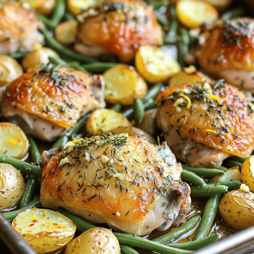 - 4 chicken thighs (bone-in, skin-on) - 1 lb baby potatoes, halved - 2 cups green beans, trimmed - 6 cloves garlic, minced - 1 lemon, zested and juiced - 3 tablespoons olive oil - 1 tablespoon fresh rosemary, chopped - 1 tablespoon fresh thyme, chopped - Salt and pepper to taste - Optional: Fresh parsley for garnish This dish starts with chicken thighs. I love using bone-in, skin-on thighs. They give rich flavor and stay juicy. Next, we add baby potatoes. Halving them helps them cook evenly. Green beans bring a nice crunch. We trim them for a neat look. Garlic is next. I use six cloves, minced, for a strong taste. Lemon zest and juice brighten the dish. Olive oil keeps everything moist and helps the chicken brown. Fresh rosemary and thyme add depth. I always add salt and pepper to taste. Lastly, fresh parsley is optional. It looks great and adds a fresh taste. Each ingredient plays a role in making this meal special. The mix of flavors and textures makes every bite delicious. Set your oven to 425°F (220°C). This high heat helps to crisp the chicken skin and roast the potatoes nicely. Next, line a large sheet pan with parchment paper. This makes cleanup easy and prevents sticking. In a small bowl, mix together six minced garlic cloves, the zest and juice of one lemon, three tablespoons of olive oil, one tablespoon of chopped rosemary, and one tablespoon of chopped thyme. Add a generous sprinkle of salt and pepper. This mix will add great flavor to the chicken and potatoes. Take four chicken thighs and place them in a large bowl. Pour half of the garlic herb mixture over the chicken. Use your hands to coat the chicken well. Let it marinate for at least 15 minutes. This step really boosts the flavor. Add one pound of halved baby potatoes to the bowl with the remaining garlic herb mixture. Toss them well until they are evenly coated. The garlic and herbs will make the potatoes taste amazing. Spread the marinated chicken thighs on one half of the sheet pan. Place the coated potatoes on the other half. Put the pan in the oven and roast for 25 minutes. This initial roasting time gives the chicken and potatoes a good start. After 25 minutes, take the pan out of the oven. Add two cups of trimmed green beans to the pan. Drizzle them with a little olive oil and sprinkle with salt and pepper. Toss everything to combine. Return the sheet pan to the oven and roast for an additional 15-20 minutes. Make sure the chicken reaches an internal temperature of 165°F (74°C) before serving. Enjoy your delicious meal! Using bone-in, skin-on chicken is key. The skin keeps the meat moist and adds flavor. Bone-in meat cooks evenly and stays juicy. For best results, check the internal temperature. Insert a meat thermometer into the thickest part. The chicken should reach 165°F (74°C). This ensures it’s fully cooked but still tender. Don’t waste that tasty garlic herb mixture! You can use it in many ways. Try it as a marinade for fish or shrimp. It also works well on grilled vegetables. You can even brush it on bread before toasting. The flavor adds a nice kick to many dishes. You can adjust the roasting times for different veggies. For softer veggies like zucchini, add them later. If you use root vegetables, they may need more time. Make sure they are cut into similar sizes to cook evenly. Check their doneness by piercing with a fork. If they are tender, they are ready to serve! {{image_2}} You can swap out chicken for other meats. Pork chops work well. Just adjust the cooking time. Fish like salmon is also a great choice. It cooks quicker, so reduce the roasting time. Try using a meat thermometer to check for doneness. Salmon should reach 145°F (63°C). Pork needs to hit 145°F (63°C) too. This gives you juicy results every time. Feel free to add more veggies to your sheet pan. Carrots, bell peppers, or zucchini add color and flavor. Seasonal veggies like Brussels sprouts or asparagus are also great. Just cut them into similar sizes for even cooking. Toss them in the garlic herb mixture for extra taste. This makes the meal more colorful and nutritious. If you don’t have rosemary or thyme, try other herbs. Oregano or basil can add a fresh twist. Dill pairs well with chicken too. You can even use dried herbs if fresh ones are not available. Just remember to use less since dried herbs are more potent. Mixing up the herbs keeps the dish exciting every time you make it. Store your leftover sheet pan garlic herb roasted chicken in an airtight container. Place it in the fridge within two hours of cooking. This helps keep the chicken juicy and safe to eat. You can also freeze the dish if you want to save it for later. Wrap it tightly in plastic wrap and then place it in a freezer-safe bag. This keeps out air that can cause freezer burn. To reheat, place the chicken and veggies on a baking sheet. Preheat your oven to 350°F (175°C). Heat for about 15-20 minutes, or until warmed through. This method helps keep the chicken crispy and the veggies tender. You can also use the microwave, but this may change the texture a bit. If you use the microwave, heat in short bursts to avoid overcooking. In the fridge, your dish stays good for about 3-4 days. If you freeze it, it can last up to 2-3 months. Just remember to label your containers with the date. This way, you know when to enjoy your tasty leftovers. Always check for any off smells or changes in texture before eating. The best temperature to roast chicken is 425°F (220°C). This high heat helps the skin get crispy and the meat stay juicy. It cooks the chicken evenly and ensures a nice golden color. To check if chicken is cooked through, look for clear juices when you cut into it. The meat should not be pink. Using a meat thermometer is the best way. The internal temperature should reach 165°F (74°C) for safe eating. Yes, you can prepare this dish ahead of time! Marinate the chicken and toss the potatoes the night before. Store them in the fridge. When you’re ready to cook, just place everything on the sheet pan and roast. Roasted chicken pairs well with many sides. Consider serving it with: - Steamed broccoli - A fresh garden salad - Rice or quinoa - Crusty bread These sides add color and flavor to your meal. Enjoy! This blog post covered a simple and tasty roasted chicken dish. We looked at the key ingredients, step-by-step instructions, and helpful tips. You learned how to marinate chicken and veggies for full flavor. I shared ways to customize the recipe and make the most of leftovers. Remember, roasting brings out the best in food, and it’s easy to adjust this recipe. Enjoy making this meal and share it with others. Your kitchen is a place for fun and good food!