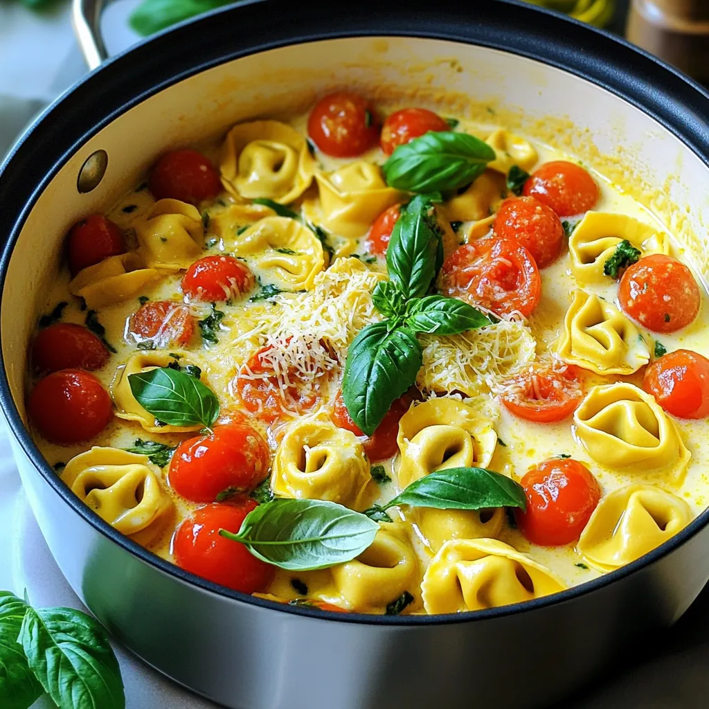 - 12 oz cheese tortellini (fresh or frozen) - 2 cups cherry tomatoes, halved - 1 cup heavy cream - 1 cup vegetable broth - 1 cup grated Parmesan cheese - 3 cloves garlic, minced - 1 teaspoon Italian seasoning - 2 tablespoons olive oil - Salt and pepper to taste - Fresh basil Gather these ingredients to create a rich, creamy dish. Use fresh tortellini for a delightful texture. Cherry tomatoes add sweetness and color. Heavy cream gives the sauce a luscious feel. Vegetable broth adds depth to the flavor. Parmesan cheese enriches the dish with a savory touch. Garlic brings warmth and aroma to every bite. Italian seasoning ties the flavors together with herbs. Olive oil helps sauté the garlic and tomatoes. Don’t forget salt and pepper to enhance the taste. For garnish, fresh basil adds a pop of color and freshness. These ingredients make your Creamy Tomato Parmesan Tortellini One Pot a true delight. Enjoy the mix of flavors and textures in every spoonful. - Sautéing garlic Start by heating 2 tablespoons of olive oil in a large pot over medium heat. Add 3 minced garlic cloves. Sauté them for 1-2 minutes. Watch closely so they don’t burn. The garlic should smell good, not charred. - Cooking cherry tomatoes Next, add 2 cups of halved cherry tomatoes to the pot. Sprinkle in salt, pepper, and 1 teaspoon of Italian seasoning. Cook for around 5 minutes. The tomatoes will soften and burst, releasing their sweet juices. - Adding broth and cream Pour in 1 cup of vegetable broth and 1 cup of heavy cream. Stir well to mix everything together. Bring this mixture to a gentle boil. You want it hot but not splattering. - Incorporating tortellini Once boiling, add 12 ounces of cheese tortellini to the pot. Lower the heat to a simmer. Cook the tortellini for about 5-7 minutes. Stir occasionally to keep them from sticking together. They are done when they feel tender. - Melting Parmesan cheese Remove the pot from heat. Stir in 1 cup of grated Parmesan cheese. Keep stirring until the cheese melts. The sauce will turn creamy and rich. - Adjusting sauce consistency Taste the sauce and add more salt or pepper if needed. If the sauce is too thick, splash in more vegetable broth. Stir until it reaches the thickness you like. Serve hot and enjoy the creamy goodness! How to avoid overcooking tortellini To avoid mushy tortellini, follow the package instructions closely. Check the tortellini a minute or two early. They should be tender but still firm. Stir gently while cooking. This helps them cook evenly. Tips for making the sauce creamy To get a creamy sauce, use heavy cream. Add it after the broth. Stir often while it heats. Once you add the tortellini, mix in the cheese right after cooking. This ensures the cheese melts well into the sauce. Best accompaniments for the dish Serve this dish with a side salad. A simple green salad works well. You can also add garlic bread. Both sides complement the rich flavors of the tortellini. How to enhance flavors with herbs Fresh basil adds a bright taste. Sprinkle it on top right before serving. You can try adding parsley or oregano too. These herbs will boost the dish's flavor and aroma. Recommended pots and utensils Use a large pot for this recipe. A sturdy wooden spoon is great for stirring. A measuring cup will help you with liquids. Keep a sharp knife handy for chopping. These tools make cooking easy and fun! {{image_2}} You can switch up the tortellini to suit your taste. Use spinach or mushroom tortellini for a new twist. If you're dairy-free, try coconut cream or cashew cream instead of heavy cream. Nutritional yeast can also replace Parmesan cheese for a cheesy flavor. Boost the dish with vegetables. Spinach, bell peppers, or zucchini add color and nutrition. You can also toss in some cooked chicken or shrimp for extra protein. This makes the meal more filling and adds great taste. Make this dish a baked delight. After mixing in the cheese, transfer it to a baking dish. Top with more cheese and bake until golden. Alternatively, serve it cold as a pasta salad. Just chill it in the fridge and enjoy a refreshing meal on hot days. To keep your creamy tomato Parmesan tortellini fresh, store it in an airtight container. Place it in the fridge as soon as it cools. This dish lasts about 3 to 4 days in the refrigerator. Always check for any signs of spoilage before consuming. If you want to freeze this dish, let it cool completely first. Then, transfer it to a freezer-safe container. Be sure to leave some space for expansion. It can stay good in the freezer for up to 3 months. When you're ready to enjoy it again, thaw it in the fridge overnight. You can reheat it on the stove or in the microwave. For the best texture when reheating, use a skillet on low heat. Add a splash of vegetable broth or cream to keep it creamy. Stir gently until warmed through. You can also microwave it in short bursts, stirring in between. This helps to avoid hot spots and keeps your pasta tender. Can I use dried tortellini instead? Yes, you can use dried tortellini. Just cook it longer than fresh or frozen. Follow package instructions for timing. The sauce will still taste great! How can I make this dish healthier? To make this dish healthier, try these options: - Use whole wheat tortellini for more fiber. - Swap heavy cream for low-fat milk or a plant-based option. - Add more veggies like spinach or zucchini for extra nutrients. What is the total time needed to make this recipe? The total time to make Creamy Tomato Parmesan Tortellini is about 20 minutes. This includes 10 minutes for prep and 10 minutes for cooking. It’s quick and easy! Can I prep this dish in advance? Yes, you can prep some parts ahead. Chop the tomatoes and garlic the day before. You can also measure out the broth and cream. Store everything in the fridge. Cook the dish on the day you want to serve it for best taste. This blog post shared a simple and tasty tortellini recipe. You learned about key ingredients, like cheese tortellini and cherry tomatoes. I also covered how to cook and combine each item for the best flavor. You found tips on perfecting your dish and variations to try. Finally, I explained how to store leftovers and answered common questions. Cooking this meal can be fun and easy. Enjoy making it your own!
