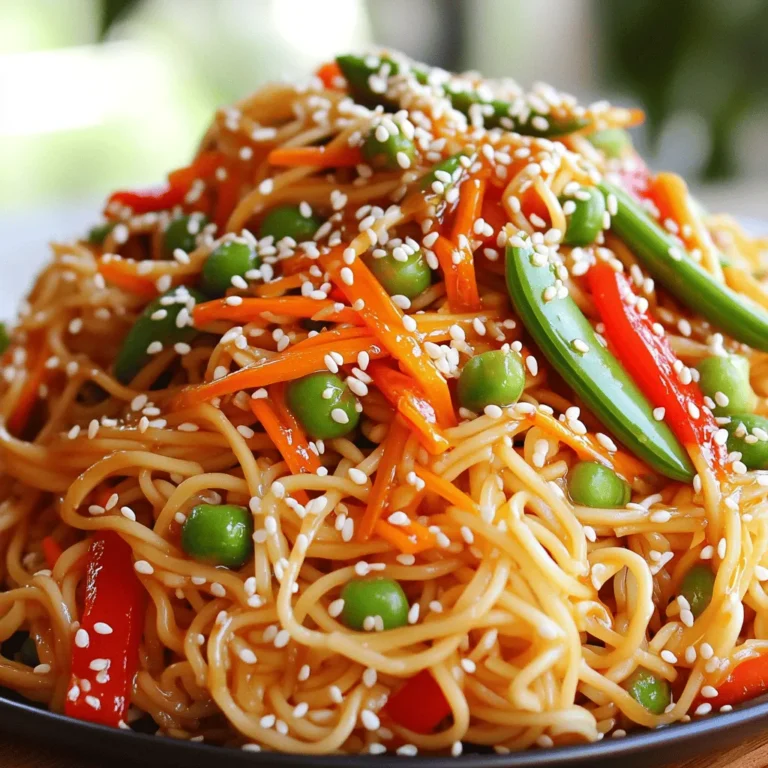 - 8 oz rice noodles - 3 tablespoons sesame oil - 2 tablespoons soy sauce (or tamari for gluten-free) - 2 tablespoons sriracha (adjust to taste) - 1 tablespoon rice vinegar - 2 teaspoons honey or maple syrup - 1 clove garlic, minced - 1 teaspoon fresh ginger, grated - 1 red bell pepper, julienned - 1 cup shredded carrots - 1 cup snap peas, trimmed - 4 green onions, chopped - 2 tablespoons sesame seeds - Fresh cilantro for garnish (optional) Sesame oil is key for that rich taste. It brings warmth and depth. Sriracha adds heat and a hint of sweetness. Rice vinegar offers a nice tang. Honey or maple syrup balances the flavors. Fresh ginger and garlic give a lively kick. Each ingredient works together to create a bold dish. If you can't find rice noodles, use spaghetti or another type. Soy sauce can be swapped with coconut aminos for a lighter taste. For a vegan option, replace honey with agave syrup. You can change the veggies too! Try broccoli, bell peppers, or even zucchini. These swaps keep the dish fresh and fun. First, bring a large pot of water to a boil. Add 8 ounces of rice noodles to the water. Cook them based on the package instructions until they are tender. After cooking, drain the noodles and rinse them with cold water. This stops the cooking and keeps them from getting mushy. Set the noodles aside for later. In a small bowl, mix together the sauce. You need 3 tablespoons of sesame oil, 2 tablespoons of soy sauce, and 2 tablespoons of sriracha. Add 1 tablespoon of rice vinegar, 2 teaspoons of honey or maple syrup, 1 minced clove of garlic, and 1 teaspoon of grated fresh ginger. Whisk everything together until well combined. If you like it spicier, add more sriracha. Heat a large skillet or wok over medium-high heat. Pour in a tablespoon of sesame oil. Add the julienned red bell pepper, 1 cup of shredded carrots, and 1 cup of trimmed snap peas. Stir-fry the vegetables for about 3 to 5 minutes. They should be tender but still crisp, keeping that nice crunch. Once the vegetables are ready, add the cooked rice noodles to the skillet. Pour the prepared sauce over the noodles and vegetables. Gently toss everything together for about 2 minutes. Make sure all the noodles are coated well with the sauce and heated through. Take the skillet off the heat. Stir in 4 chopped green onions and 2 tablespoons of sesame seeds. For a fresh touch, you can add some cilantro on top if you like. Serve your spicy sesame noodles warm and enjoy the tasty flavors! To get the best taste, mix your sauce well. The sauce has sesame oil, soy sauce, and sriracha. Each ingredient plays a role. The sesame oil adds richness, while soy sauce gives saltiness. Sriracha adds heat. Adjust the sriracha for your spice level. If you want more heat, add more sriracha. For less heat, dial it back. Texture makes a big difference in this dish. Cook the rice noodles until tender but not mushy. Rinse them with cold water to stop the cooking. This keeps them firm. When stir-frying, use high heat. This way, the vegetables cook quickly while staying crisp. Stir-fry just until they are tender. You can easily change this dish for special diets. For a gluten-free option, use tamari instead of soy sauce. If you're vegan, swap honey for maple syrup. You can also add or change veggies based on what you have. Try using broccoli, bell peppers, or zucchini. This makes it fun and different each time. {{image_2}} To make this dish vegetarian or vegan, swap out the honey for maple syrup. This keeps the sweetness without using animal products. You can also add extra veggies like bell peppers, mushrooms, or broccoli. They add great flavor and texture. Use tamari instead of soy sauce for a gluten-free option. For added protein, consider chicken or tofu. If using chicken, sauté bite-sized pieces until golden. Add them to the noodles when mixing. For tofu, press it first to remove excess water. Then cube it and fry until crisp. Toss it in with the noodles and sauce. Both choices make this meal heartier and more filling. Adjust the spice level to fit your taste. Want it milder? Use less sriracha. Start with one tablespoon and taste as you go. For more heat, add more sriracha or even some chili flakes. This dish can be as spicy as you like! Enjoy finding the right balance for your palate. To keep your spicy sesame noodles fresh, let them cool first. Place them in an airtight container. You can store them in the fridge for up to three days. If you want to keep them longer, consider freezing them. When you're ready to eat your leftovers, there are easy ways to reheat them. You can use a microwave or a skillet. If using a microwave, heat in 30-second bursts, stirring in between. For a skillet, add a splash of water or oil and warm over medium heat. Stir until heated through. Freezing is a great way to save your spicy sesame noodles. Divide them into small portions. Use freezer-safe bags or containers. They can last up to three months in the freezer. When you want to eat them, thaw overnight in the fridge and reheat as mentioned. Enjoy your meal whenever you like! Yes, you can use other noodles. Try wheat noodles, udon, or soba. Each type brings a unique taste and texture. Just cook them according to the package. Remember to adjust the sauce if you change the noodle type. To lower the spice, reduce the sriracha. You can start with one teaspoon instead of two. Adding more honey or maple syrup also helps balance the heat. Another option is to serve it with a side of plain yogurt. Feel free to mix in your favorite veggies! Broccoli, bell peppers, and zucchini work well. You can also try adding bok choy or baby corn. Be creative! Just make sure to cut them small for even cooking. Yes, this recipe can be gluten-free! Use tamari instead of soy sauce. Rice noodles are naturally gluten-free, making this dish safe for those with gluten allergies. Always check labels to ensure you use gluten-free products. To sum up, we covered the key ingredients, cooking steps, and helpful tips for your dish. Authentic flavors come from using the right ingredients and techniques. You can also make variations to fit your tastes or needs. Remember, storing leftovers properly can save you time and waste. Enjoy experimenting with this recipe to make it your own. Cooking can be fun and rewarding, so dive in and savor your creation!