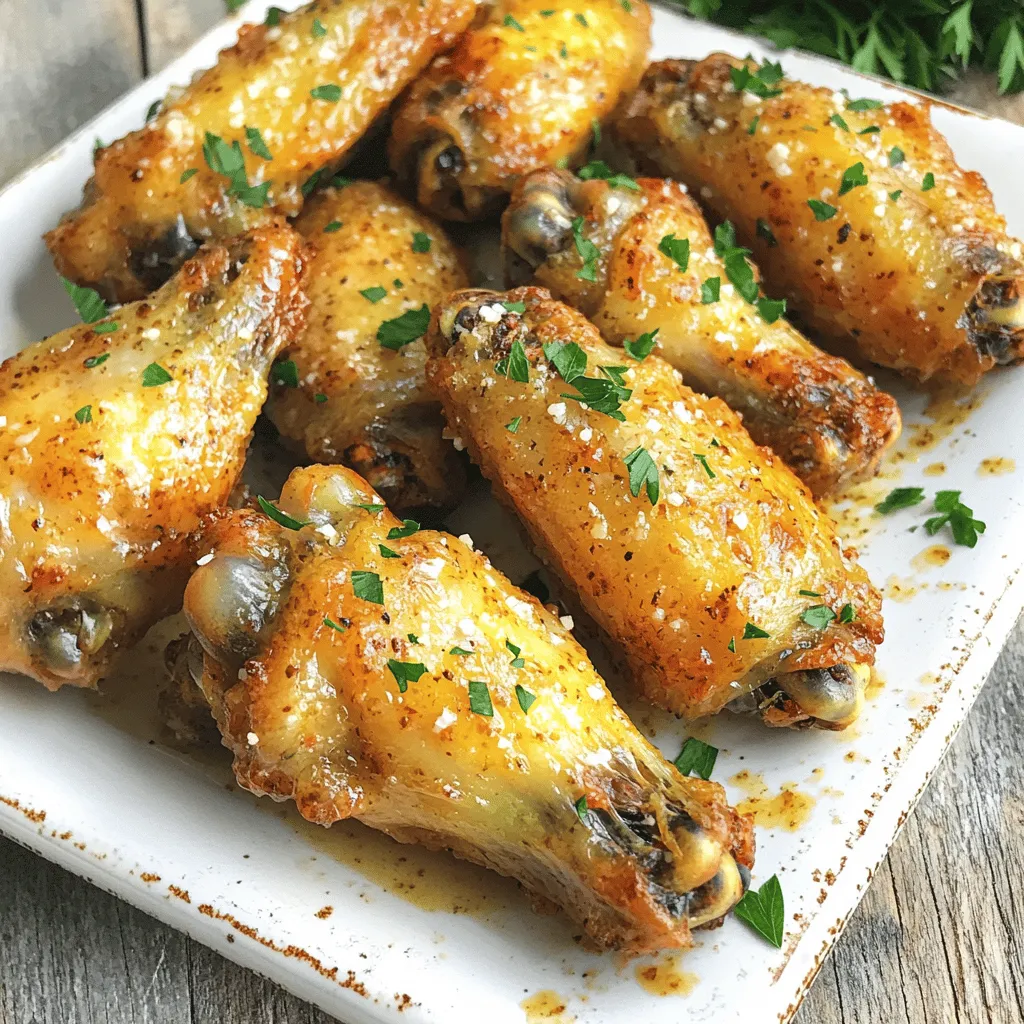- 2 lbs chicken wings - 1 tablespoon baking powder - 1/4 cup melted unsalted butter - 1 teaspoon salt - 1/2 teaspoon black pepper - 1/2 teaspoon garlic powder - 1/2 teaspoon onion powder - 1/4 teaspoon paprika - 1/2 cup grated Parmesan cheese - 4 cloves garlic, minced - 2 tablespoons lemon juice - 2 tablespoons fresh parsley, chopped When you prepare these baked garlic Parmesan wings, you need to gather the right ingredients. First, chicken wings are the star of the show. Use about 2 pounds for a good serving size. Baking powder helps them get that crunchy texture we all love. Don’t forget the melted unsalted butter! It adds richness. Next, for the seasonings, you’ll want salt to bring out the taste. Black pepper adds a slight kick, while garlic powder and onion powder give depth. A bit of paprika adds warmth and color. For the sauce, grab some grated Parmesan cheese. It’s key for that cheesy flavor. Fresh garlic, minced, brings a strong aroma. Add lemon juice for brightness, and finish with fresh parsley for a pop of color. Each ingredient plays a role in making these wings crispy and flavorful. Trust me, you’ll want to keep this list handy! - Preheat your oven to 425°F (220°C). Line a baking sheet with parchment paper. Place a wire rack on top. This helps the wings cook evenly and stay crispy. - Pat the chicken wings dry with paper towels. Removing moisture is key for crispy wings. - In a large bowl, add baking powder, salt, black pepper, garlic powder, onion powder, and paprika to the wings. Mix well until all the wings are coated. - Spread the wings on the wire rack in a single layer. This allows hot air to circulate around them. - Bake the wings for 40-45 minutes. Flip them halfway through for even browning. They should turn golden and crispy. - While the wings bake, make the garlic Parmesan sauce. In a medium bowl, stir together melted butter, grated Parmesan cheese, minced garlic, and lemon juice until smooth. - Once the wings are baked, take them out of the oven. Toss them in the garlic Parmesan sauce until they are fully coated. - Put the wings back in the oven for another 5-7 minutes. This helps the sauce stick and adds a nice crisp. - After baking, cool the wings for a few minutes. Just before serving, sprinkle chopped parsley on top for a fresh touch. To get crispy wings, start by drying them well. Moisture makes wings soggy. Use paper towels to pat them until dry. This step is key for a nice crunch. Baking powder plays a big role too. It helps create a crispy layer. When mixed with the spices, it draws moisture away. This gives your wings that perfect crunch. You can tweak the seasoning for more flavor. Try adding cayenne for heat or smoked paprika for depth. If you love garlic, add more garlic powder or fresh minced garlic. For the best taste, use fresh Parmesan cheese. It melts well and gives wings a rich flavor. Grate it yourself for the best results. This way, you get a fresh, creamy taste in every bite. For dipping, ranch or blue cheese work great. They add a creamy touch to the crispy wings. You can also try a spicy mayo for a nice kick. Pair these wings with fresh veggies or a light salad. They go well with drinks like beer or lemonade. The balance of flavors makes every bite a treat. {{image_2}} To make spicy garlic Parmesan wings, add hot sauce or cayenne pepper. These give the wings a nice kick. You can also try other spices like chili powder or crushed red pepper. These will give the wings heat without losing that garlic flavor. Fresh herbs can make your wings taste even better. Try adding chopped rosemary or thyme to the sauce. You can also mix in different types of Parmesan cheese. A blend of Parmesan and Pecorino Romano can add extra depth to the flavor. For a low-carb or keto option, you can substitute the chicken wings with drumsticks. Use almond flour instead of regular flour for coating, which is lower in carbs. Make sure to adjust cook times as drumsticks may need a bit longer to cook fully. To keep your baked garlic Parmesan wings fresh, let them cool. Place the wings in an airtight container. This protects them from drying out. Store them in the fridge for up to three days. If you wait too long, they may lose their flavor. To reheat your wings, preheat your oven to 350°F (175°C). Place the wings on a baking sheet. This helps them crisp up again. Heat for about 10-15 minutes. Flip the wings halfway through for even heating. If you want them extra crispy, broil for a few minutes at the end. To freeze the wings, let them cool completely. Place them in a freezer-safe bag or container. Remove as much air as possible. This helps prevent freezer burn. You can freeze them for up to three months. When you're ready to eat, thaw them in the fridge overnight. Reheat them in the oven at 350°F (175°C) for 20-25 minutes. This will help them regain their crispiness. Yes, you can use frozen chicken wings. When cooking from frozen, do not thaw them first. Place the wings directly on the baking sheet. You need to bake them for about 10-15 extra minutes. Make sure they reach an internal temperature of 165°F (74°C). Using baking powder still helps to keep them crispy. To add heat, you can mix cayenne pepper into the spice mix. Start with 1/4 teaspoon and adjust to your taste. Another option is to toss the wings in hot sauce after baking. This way, you can control the spice level better. You could also add sliced jalapeños to the garlic Parmesan sauce for a fresh kick. Absolutely! To make wings in an air fryer, preheat it to 400°F (200°C). Coat the wings as you normally would. Place them in a single layer in the air fryer basket. Cook for 25-30 minutes, flipping halfway through. Keep an eye on them to get them as crispy as you like. Toss them in the garlic Parmesan sauce afterward. Baked Garlic Parmesan Wings pair well with many sides. Try celery sticks and carrot sticks for crunch. A fresh garden salad also works nicely. For drinks, serve them with beer or lemonade. You can also add dipping sauces like ranch or blue cheese. These choices will complement the flavors perfectly. By following the steps and tips in this guide, you can make tasty chicken wings at home. Start with fresh ingredients and don’t skip the drying step. Customize your wings with the suggested variations and sides. Whether you want crispy, spicy, or herb-infused wings, you have options. Enjoy sharing these delicious bites with family and friends. Remember, the key is in the details. Happy cooking!