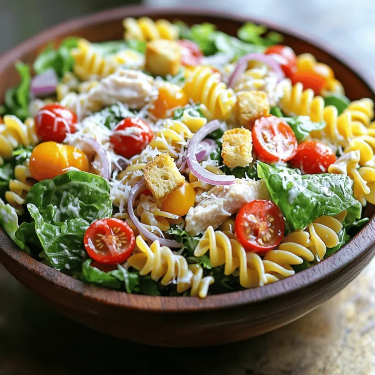 To make the Chicken Caesar Pasta Salad, you will need the following ingredients: - 2 cups rotini pasta - 1 cup cooked chicken breast, diced - 1 cup romaine lettuce, chopped - ½ cup cherry tomatoes, halved - ¼ cup red onion, thinly sliced - ½ cup Caesar dressing - ¼ cup Parmesan cheese, grated - 1 teaspoon garlic powder - Salt and pepper to taste - Croutons (for topping) These ingredients work together to create a tasty and filling dish. The rotini pasta gives a fun twist and holds the dressing well. The diced chicken adds protein and makes it hearty. Fresh romaine lettuce brings a nice crunch, while cherry tomatoes add a pop of color and sweetness. Red onion gives a bit of bite, and the Caesar dressing ties it all together with its rich flavor. Garlic powder enhances the taste without being overpowering. Finally, a sprinkle of salt and pepper will make all the flavors shine. Don't forget the croutons! They add extra crunch and make the salad more enjoyable. To start, cook the rotini pasta. Use a large pot of boiling water. Add salt to the water for flavor. Cook the pasta according to the package. Aim for about 8 to 10 minutes for al dente. Al dente means the pasta is firm but cooked. It should not be mushy. Once done, drain the pasta and rinse it with cold water. This stops the cooking process and cools it down quickly. Grab a large mixing bowl for the salad. First, add the cooked pasta to the bowl. Next, add in the diced chicken. Then, toss in the chopped romaine lettuce. After that, add the halved cherry tomatoes and thinly sliced red onion. Make sure to mix these ingredients gently. This helps to spread them evenly. Now it's time to dress the salad. Drizzle the Caesar dressing over the mixture. Sprinkle in the garlic powder, salt, and pepper. Toss everything together again. You want to coat all the ingredients well. Then, add the grated Parmesan cheese and mix gently. For serving, you can place the salad in bowls or on a large platter. Top it with crunchy croutons for extra texture. To cook chicken breast well, start with even pieces. This helps them cook at the same rate. Use a meat thermometer to check for doneness. The chicken is done at 165°F. Let the chicken rest before you dice it. This keeps the juices inside and makes it tender. If you want pasta alternatives, try penne or fusilli. These shapes hold sauce well. You can also use whole wheat pasta for a healthier option. Gluten-free pasta is great too, if needed. I suggest making your Caesar dressing at home. It tastes fresher and is healthier. Use simple ingredients like garlic, lemon juice, and olive oil. You can control the flavor this way. If you prefer store-bought dressing, that works too. Just check the label for good ingredients. To spice things up, add a pinch of red pepper flakes. Fresh herbs like basil or parsley also brighten the salad. A squeeze of lemon juice adds zing, too. {{image_2}} You can make Chicken Caesar Pasta Salad fit many diets. If you want a vegetarian option, try substituting the chicken with chickpeas or grilled tofu. These choices add protein and keep it filling. For gluten-free options, swap rotini pasta with gluten-free pasta. Many brands offer tasty alternatives that you can find at your local store. Let your creativity shine with flavor variations. You can add different cheeses like feta or mozzarella for a twist. Using a unique dressing, like ranch or a spicy Caesar, can change the taste too. Don't forget to add more veggies! Try bell peppers or cucumbers for crunch. If you want extra protein, toss in shrimp or bacon bits. Each change can make this salad a new delight! To keep your Chicken Caesar Pasta Salad fresh, use an airtight container. Place the salad in the fridge right after serving. This helps keep it cool and safe. When you're ready to eat, you can enjoy it cold. If you prefer it warm, heat it gently in the microwave. Stir it well to heat evenly. In the fridge, Chicken Caesar Pasta Salad lasts about 3 to 4 days. Always check for signs of spoilage. If it smells off or the veggies look limp, it's best to toss it. Keeping an eye on your leftovers ensures you enjoy the best flavors and texture. Chicken Caesar Pasta Salad is a tasty mix of flavors and textures. It includes rotini pasta, cooked chicken, and fresh romaine lettuce. You also add cherry tomatoes, red onion, and creamy Caesar dressing. The dish is topped with Parmesan cheese and crunchy croutons. This salad is a complete meal in one bowl. It offers protein, veggies, and carbs, making it perfect for lunch or dinner. Yes, you can make this salad ahead of time. Prepare the pasta and chicken in advance. You can mix the salad and dressing a few hours before serving. Keep it in the fridge until you're ready to eat. Just remember to add the croutons right before serving. This keeps them crunchy and tasty. You can serve many side dishes with Chicken Caesar Pasta Salad. Garlic bread pairs well and adds warmth. A light soup, like minestrone, also works nicely. You could serve extra veggies or a fruit salad for a fresh touch. These options complement the salad and make a balanced meal. This Chicken Caesar Pasta Salad is simple and fun to make. You mix rotini pasta, chicken, vegetables, and Caesar dressing to create a tasty meal. Adding your twist with different flavors is easy. You can use veggie options or try new dressings. Remember, store any leftovers well. This keeps your meal fresh and safe to eat. Enjoy the balance of flavors in this dish, whether you're serving it for lunch or dinner. Now, go ahead and make this delightful salad to impress your friends and family!
