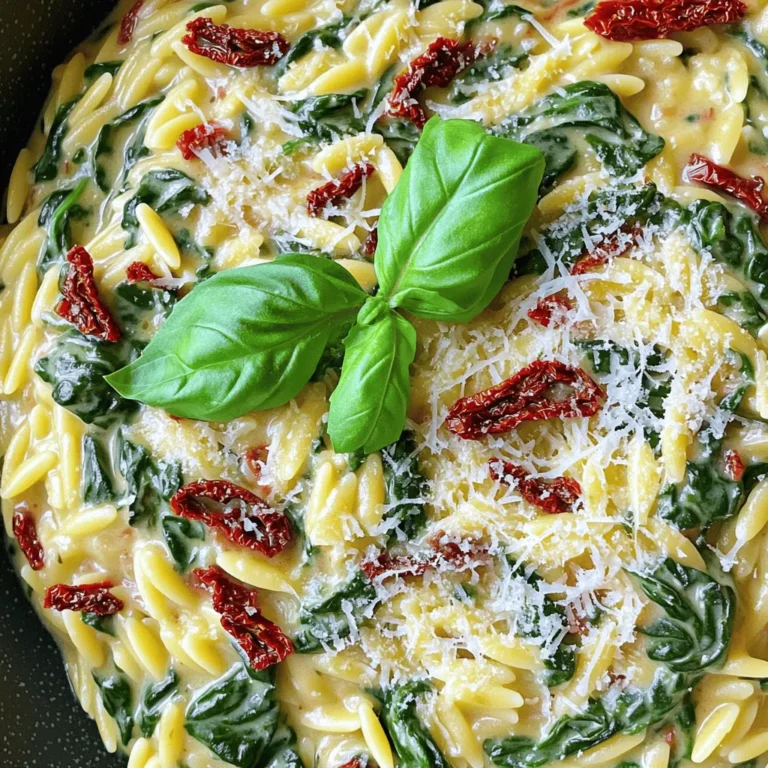 Gather these tasty ingredients to make your creamy spinach and sun-dried tomato orzo: - 1 cup orzo pasta - 2 cups fresh spinach, chopped - 1/3 cup sun-dried tomatoes, diced (preferably oil-packed for extra flavor) - 1 cup vegetable broth - 1/2 cup heavy cream (or a dairy-free alternative) - 1/2 cup grated Parmesan cheese (or nutritional yeast for a vegan option) - 2 cloves garlic, minced - 1 tablespoon olive oil - Salt and pepper to taste - Fresh basil leaves, for garnish This list is simple but full of flavor. You’ll love how fresh spinach and sun-dried tomatoes brighten your dish. The orzo pasta adds a nice texture, while the heavy cream and Parmesan cheese make it rich. You can switch to dairy-free options if needed. Using oil-packed sun-dried tomatoes gives you an extra boost of taste. Enjoy crafting this delightful meal! 1. Start by heating olive oil in a medium saucepan over medium heat. 2. Add minced garlic and sauté it for about 30 seconds. You want it to smell nice. 3. Next, stir in the orzo pasta. Coat it well with the garlic oil. 4. Toast the orzo for 2-3 minutes until it turns slightly golden. 5. Carefully pour in the vegetable broth. Bring it to a boil. 6. Lower the heat to a simmer and cover the pot. Cook the orzo for 8-10 minutes. Stir occasionally until the pasta is tender. 1. Once the orzo is ready, stir in the chopped spinach and diced sun-dried tomatoes. 2. Pour in the heavy cream and grated Parmesan cheese. Mix well. 3. Allow it to simmer for another 2-3 minutes. This makes the dish creamy and rich. 4. Season with salt and pepper to taste. Stir everything until well combined. 1. Remove the pot from heat. Let the dish rest for a couple of minutes. This helps it thicken slightly. 2. Serve warm and garnish with fresh basil leaves. Enjoy your creamy spinach and sun-dried tomato orzo! - Vegan options with dairy alternatives: If you want a vegan dish, swap heavy cream with coconut cream or cashew cream. Use nutritional yeast instead of Parmesan cheese for a cheesy flavor. This keeps your dish creamy and tasty without using animal products. - Gluten-free substitute suggestions: If you need a gluten-free meal, use gluten-free orzo pasta. Many brands offer a rice-based version. This way, you can enjoy the same great taste without the gluten. - Adding herbs or spices: Fresh herbs can elevate your dish. Try adding basil, oregano, or thyme. A pinch of red pepper flakes adds heat. These flavors brighten the creamy sauce and make each bite exciting. - Tips for using different cheeses: Instead of Parmesan, try goat cheese or feta for a different taste. Each cheese brings its unique flair. Mix and match cheeses for a more complex flavor profile. This makes the dish fun and personal. {{image_2}} When you serve creamy spinach and sun-dried tomato orzo, think about what goes well with it. Here are some tasty options: - Side Dishes: A light arugula salad pairs nicely with this dish. The peppery taste of arugula adds a fresh note. You can also serve garlic bread for a comforting touch. - Beverages: A crisp white wine, like Sauvignon Blanc, complements the creamy flavors. If you prefer non-alcoholic drinks, try sparkling water with lemon. How you present your dish can make a big difference. Here are some fun ideas: - Garnishing: Add fresh basil leaves on top of the orzo. This will not only look pretty but also boost flavor. You can tear the leaves for a more rustic look. - Plating Suggestions: Use a wide, shallow bowl. This allows you to spread the orzo out, showing off its creamy texture. You might sprinkle extra Parmesan on top for a nice finish. To keep your creamy spinach and sun-dried tomato orzo fresh, store leftovers properly. First, allow the dish to cool down to room temperature. This helps prevent condensation in the container. Next, transfer the orzo to an airtight container. Glass or BPA-free plastic containers work well. Make sure to seal it tightly to keep out air and moisture. Store it in the fridge for up to three days for the best taste. When it’s time to enjoy your leftovers, reheating them correctly is key. The best method is to use the stovetop. Simply place the orzo in a medium saucepan over low heat. Add a splash of vegetable broth or cream to help it regain its creaminess. Stir often to heat evenly and avoid sticking. This method keeps the flavors intact and the texture creamy. If you prefer the microwave, use a microwave-safe bowl. Heat in short intervals, stirring in between, until it’s warm throughout. Yes, you can use whole wheat orzo. It adds more fiber and a nutty taste. Just keep an eye on the cooking time. Whole wheat orzo may need a few extra minutes to cook. Taste it to check for doneness. To make this dish ahead, cook the orzo and mix it with other ingredients. Let it cool, then store it in the fridge. You can reheat it later on the stove or in the microwave. Add a splash of broth or cream when reheating for extra creaminess. Yes! This dish is great for meal prepping. You can store it in individual containers. It stays tasty in the fridge for about three days. Just remember to heat it through before serving. Enjoy it warm for a comforting meal! This dish combines simple ingredients like orzo, spinach, and sun-dried tomatoes. You learned how to sauté, simmer, and mix flavors for a creamy delight. Remember, you can adjust this recipe for vegan and gluten-free needs. Pair it well with salads or wine for a full meal experience. Store leftovers properly, so they taste fresh later. Enjoy making this recipe your own, and share it with friends. Cooking brings joy, and this dish shines in any setting.