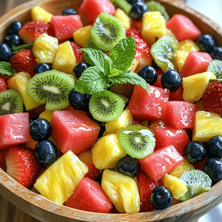 To make this vibrant dish, gather these fresh ingredients: - 2 cups watermelon, cubed - 1 cup strawberries, halved - 1 cup blueberries - 1 cup pineapple, diced - 1 cup kiwi, sliced - 2 tablespoons honey - 2 tablespoons fresh lime juice - 1 teaspoon lime zest You can add some fun touches to your salad! Consider these options: - Fresh mint leaves for garnish - Chopped nuts like almonds or walnuts - A sprinkle of coconut flakes for extra flavor To make your cooking easy, have these tools ready: - A large mixing bowl for fruits - A small bowl for the dressing - A whisk for mixing the dressing - A sharp knife for cutting fruits - A cutting board to chop on With these ingredients and tools, you are set to create a bright and refreshing Honey Lime Fruit Salad! Start by washing all your fruits well. I like to use fresh watermelon, strawberries, blueberries, pineapple, and kiwi. Each fruit brings its own flavor and texture. Next, cut the watermelon into cubes. Slice the strawberries in half, and dice the pineapple. For the kiwi, just peel and slice it into rounds. Once done, add all the fruit into a large mixing bowl. This colorful mix will make your salad pop! Now, let’s make the honey lime dressing. In a small bowl, add two tablespoons of honey. Then, squeeze in two tablespoons of fresh lime juice. The lime juice adds a bright taste. Don’t forget to add one teaspoon of lime zest. This zest gives the dressing an extra zing! Whisk these ingredients together until you see a smooth blend. With the dressing ready, it’s time to combine everything. Pour the honey lime dressing over your fruit in the large bowl. Gently toss the fruit to coat it evenly. Be careful not to mash the fruit; you want it to stay fresh and whole. Let the fruit salad sit for about ten minutes. This time helps all the flavors mix well. Finally, serve the salad in bowls or on a large platter. If you want, add fresh mint leaves on top for a nice touch. Enjoy your refreshing honey lime fruit salad! When picking fruits, go for ripe and fresh ones. Look for bright colors and firm textures. For watermelon, check for a uniform shape and a yellow spot where it rested on the ground. Strawberries should be red and free of white patches. Blueberries should be plump and round. Pineapples need to smell sweet and feel heavy. Kiwis should be slightly soft to the touch but not mushy. Choosing the best fruits makes your salad tasty and vibrant. Make your salad right before serving. This helps keep the fruits fresh and crisp. If you mix the fruits too early, they may get mushy. Let them sit for about 10 minutes after you add the honey-lime dressing. This brief wait lets the flavors blend well without losing texture. Serve your fruit salad in a large bowl or individual cups. For a fun twist, use hollowed-out fruits like pineapples or watermelon as bowls. This adds color and makes your dish special. Garnish with fresh mint leaves for a pop of green. You can also sprinkle some lime zest on top to enhance the look and taste. A beautiful presentation makes the dish more appealing and enjoyable. {{image_2}} You can mix in more fruits for fun. Try adding mango, grapes, or peaches. These fruits add different flavors and textures. Each one makes the salad more colorful and tasty. You can also use seasonal fruits. They are often fresher and juicier. If you have leftover fruits, toss them in too! Adding nuts or seeds gives a nice crunch. Chopped almonds or walnuts work well. You can also add sunflower seeds or pumpkin seeds. These add healthy fats and protein. Just sprinkle them on top before serving. This makes the salad even more satisfying. To create a tropical twist, think about coconut. Shredded coconut or coconut flakes add a sweet touch. You can also add passion fruit or papaya. These fruits bring the beach to your table. This variation is perfect for summer picnics or barbecues. Use your favorite tropical fruits to make it your own! After enjoying your honey lime fruit salad, you might have some left. It's best to store it right away. Place any leftover fruit salad in a clean bowl. Cover it tightly with plastic wrap or a lid. This helps keep the fruit fresh. If you want to keep it longer, consider separating the dressing. Store the dressing in a small jar. This way, the fruits stay crisp. For storing fruit salad, I recommend clear glass or plastic containers. They let you see the colorful fruit inside. Choose a container with a tight lid for best results. You can also use reusable silicone bags. They are great for saving space and keeping the salad fresh. If you plan to eat it soon, a simple bowl will work just fine. Honey lime fruit salad is best when fresh. It can stay good for 1-2 days in the fridge. After that, the fruit may start to get mushy. To keep it fresh longer, avoid mixing in the dressing until serving. If you notice any browning, a splash of lime juice can help. This keeps the fruit looking bright and tasty. Always check for any off smells before eating leftovers. The best fruits for honey lime fruit salad are fresh, sweet, and juicy. I love using: - Watermelon - Strawberries - Blueberries - Pineapple - Kiwi These fruits not only taste great together, but they also look colorful and bright. Feel free to mix in your favorites, like oranges or peaches. Yes, you can make this salad ahead. However, I recommend making it no more than a few hours in advance. The fruit can get soggy if it sits too long. If you make it early, store it in the fridge. Just add the dressing right before serving to keep the fruit fresh. You can use bottled lime juice, but fresh lime juice tastes better. Fresh juice has a brighter flavor. If you're in a pinch, bottled juice works fine. Just remember that fresh lime juice adds a zest that enhances the salad. This salad is nearly vegan! Just replace honey with agave syrup or maple syrup. Both options will give a similar sweetness without using animal products. This keeps the salad plant-based and delicious. Enjoy your honey lime fruit salad guilt-free! In this post, we explored how to make a delicious honey lime fruit salad. We discussed key ingredients, helpful tools, and step-by-step instructions. You learned tips on choosing fruits, ensuring great taste, and creative ways to present the salad. We also shared storage tips to keep leftovers fresh and answered common questions. Making this fruit salad is easy and fun. Enjoy mixing flavors and sharing with friends. It’s a tasty way to add healthy fruits to your meals. Dive into your next fruit salad with confidence!