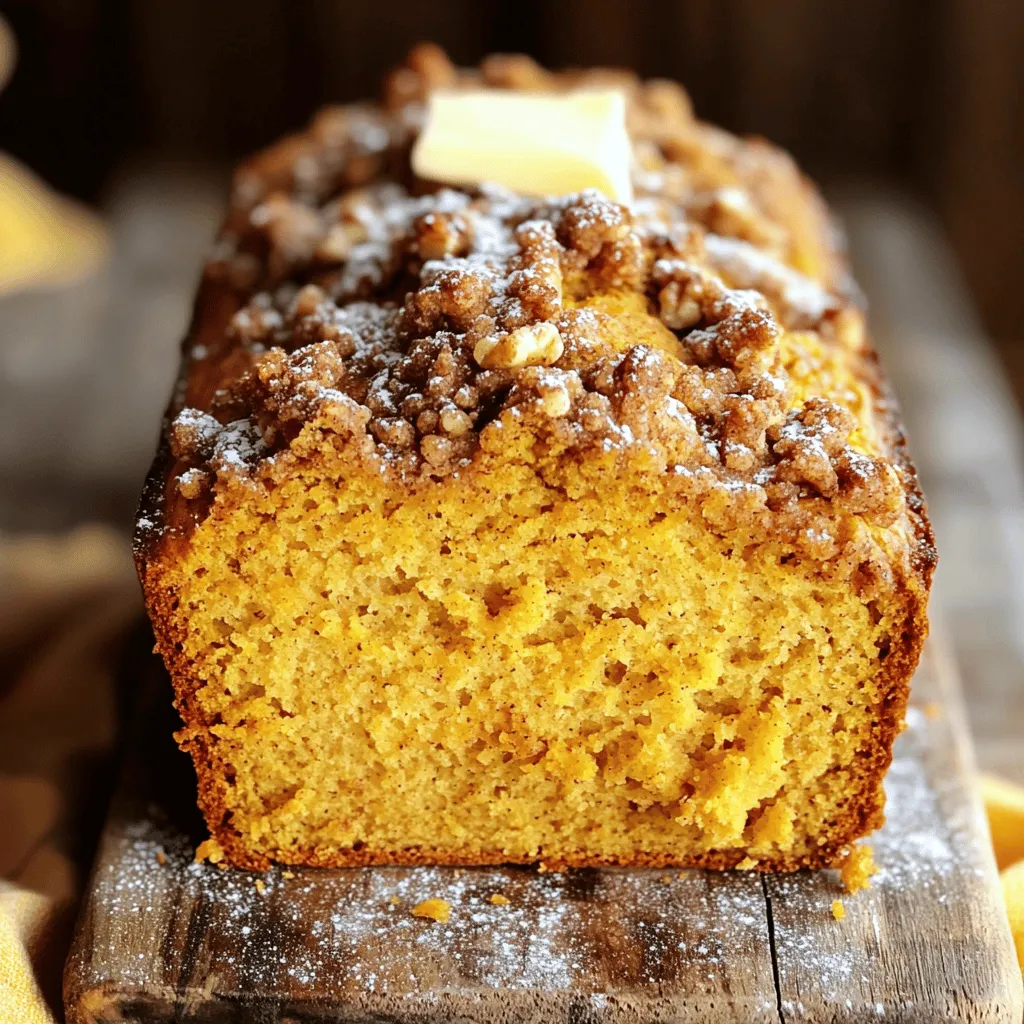 - 1 ½ cups all-purpose flour - 1 teaspoon baking soda - ½ teaspoon baking powder - ½ teaspoon salt - 1 teaspoon ground cinnamon - ½ teaspoon ground nutmeg - ½ teaspoon ground ginger These dry ingredients form the base of your Pumpkin Streusel Bread. The all-purpose flour gives the bread its structure. Baking soda and baking powder help it rise. The spices add warmth and flavor, creating that cozy, holiday vibe. - 1 cup canned pumpkin puree - ½ cup granulated sugar - ½ cup packed brown sugar - ½ cup vegetable oil - 2 large eggs - 1 teaspoon vanilla extract The wet ingredients bring moisture and sweetness. Canned pumpkin puree creates a rich, smooth texture. Both sugars add sweetness and a hint of caramel flavor. Oil keeps the bread soft, while eggs help it rise and bind together. Vanilla adds a lovely aroma. - ½ cup chopped walnuts or pecans Adding nuts can enhance the texture. They provide a nice crunch. If you love nuts, fold them into the batter for a delightful surprise in every slice. - ½ cup all-purpose flour - ¼ cup brown sugar - ½ teaspoon ground cinnamon - ¼ cup unsalted butter, cold and cubed - ¼ cup rolled oats The streusel topping is what makes this bread special. Its crumbly texture contrasts with the soft bread. The combination of flour, brown sugar, and cinnamon gives it a sweet, spiced flavor. Cold butter is key to achieving that perfect crumb. Oats add a hearty touch. - Preheat your oven to 350°F (175°C). - Grease a 9x5-inch loaf pan or line it with parchment paper. - In a medium bowl, mix together 1 ½ cups of all-purpose flour, 1 teaspoon of baking soda, ½ teaspoon of baking powder, ½ teaspoon of salt, 1 teaspoon of ground cinnamon, ½ teaspoon of ground nutmeg, and ½ teaspoon of ground ginger. Set this aside for later. - In a large bowl, combine 1 cup of canned pumpkin puree, ½ cup of granulated sugar, ½ cup of packed brown sugar, ½ cup of vegetable oil, 2 large eggs, and 1 teaspoon of vanilla extract. - Mix these ingredients until the mixture is smooth and well combined. - Gradually fold the dry ingredients into the wet ingredients. Stir until just combined. - Be careful not to overmix; this keeps the bread light. If you like, fold in ½ cup of chopped walnuts or pecans for added texture and flavor. - Pour the batter into the prepared loaf pan. Spread it evenly. - To make the streusel topping, mix ½ cup of all-purpose flour, ¼ cup of brown sugar, ½ teaspoon of ground cinnamon, and ¼ cup of cold, cubed unsalted butter in a medium bowl. - Use a fork or pastry cutter to mix until the mixture looks like coarse crumbs. Stir in ¼ cup of rolled oats. - Sprinkle the streusel topping evenly over the batter. - Bake in the preheated oven for 55 to 60 minutes. Check if a toothpick comes out clean from the center. If the top browns too fast, cover it loosely with aluminum foil. - Allow the bread to cool in the pan for about 10 minutes. - Carefully remove it from the pan and let it cool completely on a wire rack. - Ensure proper measurements: Use a kitchen scale for accuracy. This helps get the right texture. - Avoid overmixing batter: Stir gently until just combined. This keeps your bread light and fluffy. - Achieving the perfect streusel texture: Mix cold butter with flour and sugar until crumbly. This creates a nice texture on top. - Suggestions for variations in streusel ingredients: Try adding chopped nuts or spices for extra flavor. You can use almonds or pecans for a crunch. - Best ways to serve Pumpkin Streusel Bread: Slice the bread warm and spread with butter or cream cheese. Dust with powdered sugar for a pretty touch. - Pairing options for a delicious experience: Enjoy this bread with coffee or tea. It also pairs well with a scoop of vanilla ice cream. {{image_2}} You can make Pumpkin Streusel Bread even more fun by adding extras. Chocolate chips give a sweet twist. Dried fruits like cranberries or raisins add chewiness. You can also add spices, like cardamom or cloves, for a warm taste. Each of these changes brings new flavor to your bread. Get creative! If you need a gluten-free version, it’s simple! You can use gluten-free flour blends instead of all-purpose flour. Look for a mix that contains xanthan gum for the best results. This swap keeps the bread light and fluffy. It’s a great way for everyone to enjoy this treat. Want to make this bread a bit healthier? You can lower the sugar. Try using only ¼ cup of granulated sugar and ¼ cup of brown sugar. Another option is to replace oil with unsweetened applesauce. This swap keeps the bread moist without extra fat. These small changes make a big difference without losing flavor. To store Pumpkin Streusel Bread at room temperature, wrap it tightly in plastic wrap. This keeps the bread soft and fresh. Place it in a cool, dry area. It can last for about 2-3 days this way. If you want it to last longer, consider refrigerating it. The cold air helps keep it fresh. For long-term storage, freezing is best. First, let the bread cool completely. Wrap it well in plastic wrap and then foil. This keeps out air and moisture. You can freeze it for up to three months. When you are ready to eat, thaw it in the fridge overnight. To reheat, slice the bread and warm it in the oven. Set your oven to 350°F (175°C) and heat for about 10-15 minutes. This makes it warm and tasty again. You can also microwave slices for about 20-30 seconds. Pumpkin Streusel Bread stays fresh for about 2-3 days at room temperature. In the fridge, it can last about a week. If frozen, it is best enjoyed within three months. Always check for signs of spoilage before eating, like mold or an off smell. Pumpkin puree is pure pumpkin. It has no added sugar or spices. Pumpkin pie filling, however, has added sugar, spices, and sometimes preservatives. When making Pumpkin Streusel Bread, always use pumpkin puree. This gives the bread the right flavor and texture. Yes, you can use fresh pumpkin. Start by peeling, chopping, and cooking the pumpkin until soft. Then, mash it to make puree. You will need about 2 cups of fresh pumpkin. Drain excess water to avoid soggy bread. The taste will be fresh and vibrant. To check if your bread is done, insert a toothpick into the center. If it comes out clean, the bread is ready. If it has batter on it, bake for a few more minutes. Keep an eye on the top. If it browns too fast, cover it loosely with foil. Yes! You can turn this bread into muffins. Just pour the batter into a muffin tin. Fill each cup about two-thirds full. Bake at the same temperature for about 20-25 minutes. Check with a toothpick to see if they are done. If you want to skip nuts, try using seeds like pumpkin or sunflower seeds. You could also add chocolate chips for sweetness. Dried fruits like raisins or cranberries make a tasty addition too. Choose what you like for a fun twist! This blog post covered everything you need to make Pumpkin Streusel Bread. We explored the ingredients, from dry and wet to optional add-ins. You learned step-by-step how to prepare, combine, and bake, plus some handy tips along the way. Consider trying flavor variations or healthier swaps for an extra twist. Proper storage extends its life, so remember those tips. Enjoy this warm, tasty treat with family or friends. With these insights, you’ll bake with confidence and delight every time.