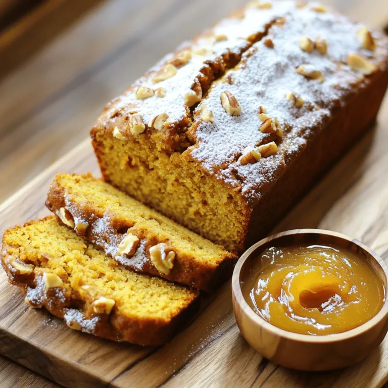To make this loaf, you need simple yet tasty ingredients. Here’s what you will need: - 1 cup pumpkin puree (canned or homemade) - 1/2 cup apple cider - 1/2 cup vegetable oil - 3/4 cup brown sugar - 1/4 cup granulated sugar - 2 large eggs - 2 cups all-purpose flour - 1 teaspoon baking soda - 1/2 teaspoon baking powder - 1/2 teaspoon salt - 1 teaspoon ground cinnamon - 1/2 teaspoon ground nutmeg - 1/4 teaspoon ground ginger - 1/4 cup chopped walnuts or pecans (optional) Each ingredient brings its own flavor. The pumpkin puree adds moisture, while the apple cider offers a sweet tang. The sugars help create that nice, golden crust. You can make this loaf even better with some optional add-ins. Here are some great ideas: - 1/4 cup chopped walnuts or pecans for crunch - 1/2 cup chocolate chips for a sweet twist - 1/2 cup dried cranberries for a fruity touch These add-ins can enhance the flavor and add different textures to your loaf. If you need to swap out some ingredients, here are some easy replacements: - Use coconut oil instead of vegetable oil for a tropical flavor. - Replace brown sugar with coconut sugar for a healthier option. - For a gluten-free version, use a gluten-free flour blend. These substitutions can help you adapt the recipe to your needs while keeping the taste delicious. First, preheat the oven to 350°F (175°C). This step is key. Grease a 9x5-inch loaf pan. You can also line it with parchment paper for easy removal. In a large bowl, whisk together the pumpkin puree, apple cider, vegetable oil, brown sugar, granulated sugar, and eggs. Mix these well until they blend smoothly. In another bowl, sift the all-purpose flour, baking soda, baking powder, salt, cinnamon, nutmeg, and ginger. This helps to get rid of lumps. Now, slowly add the dry mix to the wet mix. Stir gently until just combined. Avoid overmixing, as it may change the texture of the loaf. If you like nuts, fold in the chopped walnuts or pecans now. Pour the batter into the prepared loaf pan. Smooth the top with a spatula for even baking. Place the pan in the preheated oven. Bake for 55 to 65 minutes. Use a toothpick to check if it's done. Insert it into the center of the loaf. If it comes out clean, your loaf is ready! Once baked, let the loaf cool in the pan for 10 minutes. After that, transfer it to a wire rack. Let it cool completely before slicing. For a lovely presentation, serve the slices on a wooden cutting board. You can dust the top with powdered sugar for a festive look. Pair it with apple butter or cream cheese spread for a tasty treat! To get the best texture for your loaf, use room-temperature ingredients. Cold items can make the batter dense. Pumpkin puree should be smooth and not watery. If it's too watery, your loaf may turn out soggy. Mix the wet and dry ingredients gently. Overmixing can make the loaf tough. You want a soft, moist crumb that melts in your mouth. Always preheat your oven to 350°F (175°C). This step ensures even baking. Use a 9x5-inch loaf pan. Greasing it or lining it with parchment paper helps with easy removal. Place the loaf in the center of the oven for even heat. Avoid opening the oven door too early. This can cause your loaf to sink. Check for doneness with a toothpick. It should come out clean when your loaf is ready. If your loaf sinks in the middle, it may be underbaked. Always check the baking time. If it’s too dry, you may have overbaked it. Keep an eye on the time and do the toothpick test. If you see cracks on top, it might be due to high oven heat. Lower the temperature if this happens. Lastly, if your loaf sticks to the pan, make sure you greased it well or used parchment paper. {{image_2}} You can make Apple Cider Pumpkin Loaf healthier. Try using whole wheat flour instead of all-purpose flour. This adds fiber, which is good for digestion. You can also replace some oil with applesauce. This keeps the loaf moist while cutting calories. For sugar, use coconut sugar or honey. These options are less processed and have a lower glycemic index. To boost flavor, add spices like clove or allspice. They give the loaf a warm, cozy taste. You can also mix in dried fruits like cranberries or raisins. They add sweetness and a chewy texture. For a nutty flavor, try toasting the walnuts or pecans before adding them. Toasting brings out their natural oils and deepens the taste. If you need a gluten-free loaf, swap all-purpose flour for a gluten-free blend. Look for blends that contain xanthan gum for better texture. You can also use almond flour or oat flour. Keep in mind that these may change the loaf's texture. If you use almond flour, reduce the amount slightly. Always check labels for gluten-free certification to avoid cross-contamination. To keep your Apple Cider Pumpkin Loaf fresh, wrap it in plastic wrap. Place it in an airtight container. This method helps retain moisture and flavor. Store it at room temperature for up to three days. If you want to keep it longer, consider freezing it. To freeze the loaf, first, let it cool completely. Wrap it tightly in plastic wrap. Then, place it in a freezer-safe bag or container. This way, you can store it for up to three months. When you are ready to enjoy it, just thaw it overnight in the fridge. To reheat the loaf, preheat your oven to 350°F (175°C). Remove any plastic wrap before placing it in the oven. Heat for about 10 to 15 minutes. Check if it is warm enough before serving. You can also microwave individual slices for about 20 seconds. Enjoy your warm loaf with a spread or topping! Yes, you can use homemade pumpkin puree. It adds a fresh taste to your loaf. To make it, cook pumpkin chunks until soft. Then, blend or mash them until smooth. Make sure to drain any extra water. This helps keep your loaf from getting too wet. You can tell your loaf is done by using a toothpick. Insert it into the center of the loaf. If it comes out clean, your loaf is ready. If it has batter on it, bake for a few more minutes. The top should be golden brown and firm to the touch. There are many great options to pair with your loaf. You can serve it with apple butter or cream cheese spread. These add a nice touch and enhance the flavor. You can also enjoy it with a warm cup of cider or tea. These drinks complement the spices in the loaf perfectly. In this blog post, we explored how to make a delicious Apple Cider Pumpkin Loaf. We covered key ingredients, steps for preparation, and baking techniques. I shared tips for achieving the perfect texture and helpful storage information. Remember, using substitutions and variations can make this loaf your own. Enjoy this treat fresh or reheated. You can create a loaf that fits your taste perfectly. Happy baking!